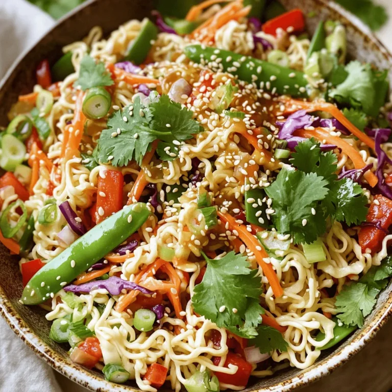 - 2 packets of instant ramen noodles (discard the seasoning packets) - 1 cup shredded carrots - 1 cup red cabbage, finely sliced - 1 red bell pepper, cored and thinly sliced - ½ cup snow peas, trimmed and halved if large - 1 green onion, finely chopped - ¼ cup toasted sesame seeds - ¼ cup fresh cilantro, roughly chopped For the Dressing: - 3 tablespoons soy sauce - 2 tablespoons sesame oil - 1 tablespoon rice vinegar - 1 tablespoon honey or maple syrup (for vegan option) - 1 tablespoon freshly grated ginger - 1 clove garlic, minced - Salt and black pepper, to taste - Alternatives for Noodles: If you prefer, you can swap instant ramen with whole wheat or rice noodles. These options offer a different texture and flavor. - Vegetable Options: Feel free to mix in other veggies like cucumbers, bell peppers, or even edamame. The more colors, the better! - Choosing Fresh Vegetables: Look for vibrant colors and firm textures. Fresh veggies enhance the taste and crunch of your salad. - Storing Ingredients Properly: Keep your veggies in a sealed bag in the fridge. This keeps them crisp and fresh until you're ready to use them. Boiling the Noodles Start by boiling water in a large pot. Once it reaches a rolling boil, add the instant ramen noodles. Cook them for about 3-4 minutes until soft. Cooling Techniques After cooking, drain the noodles in a colander. Rinse them under cold running water. This stops the cooking process and keeps them firm. Set the noodles aside to cool completely. Shredding and Slicing Techniques Grab a sharp knife or a grater. Shred the carrots and finely slice the red cabbage and red bell pepper. Trim the snow peas and chop the green onion into small pieces. Mixing the Veggies In a large mixing bowl, combine all the shredded and sliced vegetables. Toss them gently to mix everything well. This adds color and crunch to your salad. Whisking the Ingredients In a small bowl, whisk together soy sauce, sesame oil, rice vinegar, and honey (or maple syrup). Add freshly grated ginger and minced garlic to this mix for flavor. Adjusting Flavor Profiles Taste the dressing and season with salt and black pepper. You can add more ginger or honey if you want a stronger flavor. Tossing Tips for Uniform Mixing Add the cooled ramen noodles to the bowl with the vegetables. Drizzle the dressing over the top. Gently toss everything together until well coated. Presentation Suggestions To finish, sprinkle toasted sesame seeds and chopped cilantro on top. Give it a light toss to mix in the seeds and herbs. Serve immediately or chill for 30 minutes to enhance the flavors. Enjoy your Sesame Ginger Ramen Salad! For the full recipe, check the details above. To make your sesame ginger ramen salad shine, focus on flavor and texture. - Flavor Enhancements: Add a splash of lime juice for a zesty kick. You can also mix in some chili flakes if you like heat. Fresh herbs like mint or basil can add a new layer of taste. - Texture Tips: Use crisp veggies like cucumbers or radishes for crunch. Make sure your ramen noodles are cool and slightly chewy. This texture keeps the salad fun to eat. Pair your salad with tasty sides to make a complete meal. - Best Pairings: Serve it with grilled chicken or tofu for protein. It also goes well with spring rolls or dumplings for a fun Asian feast. - Garnishing Ideas: Top your salad with extra sesame seeds or sliced almonds. Fresh herbs like cilantro or mint will brighten the dish. Preparing in advance saves time and keeps your salad fresh. - Storing Leftovers: Keep any leftovers in an airtight container in the fridge. It will stay fresh for about two days. - Making Ahead of Time: You can make the salad a few hours before serving. Just add the dressing right before you eat to keep everything crisp. For the full recipe, check out the Sesame Ginger Ramen Salad section. {{image_4}} You can easily make this salad your own. Start by adding protein. Options like grilled chicken, shrimp, or tofu boost flavor and nutrition. If you want a vegan option, use chickpeas or edamame. These add great texture and protein. Next, consider regional twists. You can make an Asian-inspired salad by adding ingredients like cucumber or radish. These add crunch and freshness. Seasonal additions also work well. In summer, try adding fresh peas or corn. In fall, consider roasted butternut squash. Finally, explore various dressing choices. You can swap the soy sauce for tamari for a gluten-free option. For a spicy kick, add some sriracha or chili oil. This simple change can transform the salad. Experiment and find what you love! For the full recipe, check out the Sesame Ginger Ramen Salad section above. To keep your Sesame Ginger Ramen Salad fresh, you should store it in the fridge. Place the salad in an airtight container. This keeps moisture out and flavors in. It’s best to eat it within three days. If you want to save it longer, you can freeze it. However, the texture may change. To freeze, separate the dressing from the salad. Store the salad in a freezer-safe bag. Use it within a month for the best taste. Understanding how long your salad lasts is key. In the fridge, it stays fresh for about three days. After that, you may notice changes in taste and texture. Signs of spoilage include a sour smell and wilted vegetables. If it looks off or has an odd scent, toss it out. Always trust your senses when it comes to food safety. Reheating is simple for this salad. If you stored it in the fridge, let it sit at room temperature for a few minutes. This brings back some freshness. You can microwave it for about 30 seconds if you prefer warm noodles. Just be careful not to overheat. You want to keep the crunchy veggies crisp. If it feels dry, mix in a little extra dressing to revive the flavor. To make this salad vegan, I suggest swapping honey for maple syrup. This change keeps the dressing sweet and plant-based. Maple syrup adds a nice depth of flavor without losing taste. You can also use agave nectar as a sweet option. Both choices work well in this tasty salad. Yes, you can use fresh ramen noodles! Fresh ramen offers a chewier texture, which adds a delightful bite. It also cooks faster than instant noodles, so keep an eye on them. Fresh noodles can soak up the dressing better, enhancing the flavor. Just be sure to rinse them well after cooking. Absolutely! You can prep the salad a few hours in advance. Just keep the dressing separate until you’re ready to serve. This method ensures the noodles and veggies stay crisp. If you want to make it even earlier, chop the vegetables and store them in the fridge. You can customize your salad with various add-ins. Here are some tasty options: - Protein: grilled chicken, tofu, or shrimp - Vegetables: cucumber, radishes, or edamame - Nuts: peanuts or cashews for crunch - Herbs: mint or basil for a fresh twist Feel free to mix and match these add-ins for a personalized touch! For the full recipe, check the cooking instructions. To wrap up, you’ve learned how to create a fresh and tasty Sesame Ginger Ramen Salad. We covered key ingredients, cooking steps, and storage tips. You can easily customize your salad and even make it vegan. Remember to choose fresh veggies for the best flavor. With these tips, your salad will shine. Enjoy every bite, knowing you made something healthy and delicious!