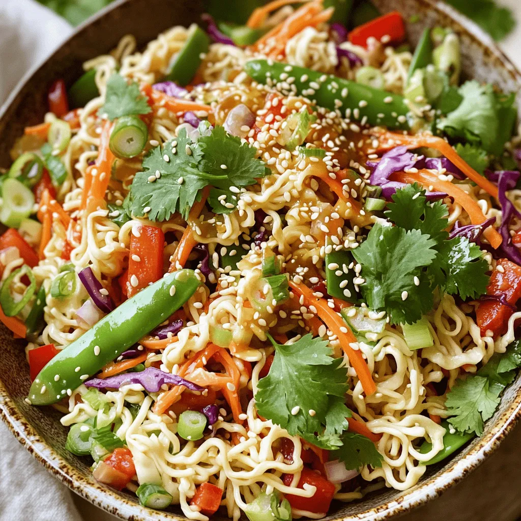 - 2 packets of instant ramen noodles (discard the seasoning packets) - 1 cup shredded carrots - 1 cup red cabbage, finely sliced - 1 red bell pepper, cored and thinly sliced - ½ cup snow peas, trimmed and halved if large - 1 green onion, finely chopped - ¼ cup toasted sesame seeds - ¼ cup fresh cilantro, roughly chopped For the Dressing: - 3 tablespoons soy sauce - 2 tablespoons sesame oil - 1 tablespoon rice vinegar - 1 tablespoon honey or maple syrup (for vegan option) - 1 tablespoon freshly grated ginger - 1 clove garlic, minced - Salt and black pepper, to taste - Alternatives for Noodles: If you prefer, you can swap instant ramen with whole wheat or rice noodles. These options offer a different texture and flavor. - Vegetable Options: Feel free to mix in other veggies like cucumbers, bell peppers, or even edamame. The more colors, the better! - Choosing Fresh Vegetables: Look for vibrant colors and firm textures. Fresh veggies enhance the taste and crunch of your salad. - Storing Ingredients Properly: Keep your veggies in a sealed bag in the fridge. This keeps them crisp and fresh until you're ready to use them. Boiling the Noodles Start by boiling water in a large pot. Once it reaches a rolling boil, add the instant ramen noodles. Cook them for about 3-4 minutes until soft. Cooling Techniques After cooking, drain the noodles in a colander. Rinse them under cold running water. This stops the cooking process and keeps them firm. Set the noodles aside to cool completely. Shredding and Slicing Techniques Grab a sharp knife or a grater. Shred the carrots and finely slice the red cabbage and red bell pepper. Trim the snow peas and chop the green onion into small pieces. Mixing the Veggies In a large mixing bowl, combine all the shredded and sliced vegetables. Toss them gently to mix everything well. This adds color and crunch to your salad. Whisking the Ingredients In a small bowl, whisk together soy sauce, sesame oil, rice vinegar, and honey (or maple syrup). Add freshly grated ginger and minced garlic to this mix for flavor. Adjusting Flavor Profiles Taste the dressing and season with salt and black pepper. You can add more ginger or honey if you want a stronger flavor. Tossing Tips for Uniform Mixing Add the cooled ramen noodles to the bowl with the vegetables. Drizzle the dressing over the top. Gently toss everything together until well coated. Presentation Suggestions To finish, sprinkle toasted sesame seeds and chopped cilantro on top. Give it a light toss to mix in the seeds and herbs. Serve immediately or chill for 30 minutes to enhance the flavors. Enjoy your Sesame Ginger Ramen Salad! For the full recipe, check the details above. To make your sesame ginger ramen salad shine, focus on flavor and texture. - Flavor Enhancements: Add a splash of lime juice for a zesty kick. You can also mix in some chili flakes if you like heat. Fresh herbs like mint or basil can add a new layer of taste. - Texture Tips: Use crisp veggies like cucumbers or radishes for crunch. Make sure your ramen noodles are cool and slightly chewy. This texture keeps the salad fun to eat. Pair your salad with tasty sides to make a complete meal. - Best Pairings: Serve it with grilled chicken or tofu for protein. It also goes well with spring rolls or dumplings for a fun Asian feast. - Garnishing Ideas: Top your salad with extra sesame seeds or sliced almonds. Fresh herbs like cilantro or mint will brighten the dish. Preparing in advance saves time and keeps your salad fresh. - Storing Leftovers: Keep any leftovers in an airtight container in the fridge. It will stay fresh for about two days. - Making Ahead of Time: You can make the salad a few hours before serving. Just add the dressing right before you eat to keep everything crisp. For the full recipe, check out the Sesame Ginger Ramen Salad section. {{image_4}} You can easily make this salad your own. Start by adding protein. Options like grilled chicken, shrimp, or tofu boost flavor and nutrition. If you want a vegan option, use chickpeas or edamame. These add great texture and protein. Next, consider regional twists. You can make an Asian-inspired salad by adding ingredients like cucumber or radish. These add crunch and freshness. Seasonal additions also work well. In summer, try adding fresh peas or corn. In fall, consider roasted butternut squash. Finally, explore various dressing choices. You can swap the soy sauce for tamari for a gluten-free option. For a spicy kick, add some sriracha or chili oil. This simple change can transform the salad. Experiment and find what you love! For the full recipe, check out the Sesame Ginger Ramen Salad section above. To keep your Sesame Ginger Ramen Salad fresh, you should store it in the fridge. Place the salad in an airtight container. This keeps moisture out and flavors in. It’s best to eat it within three days. If you want to save it longer, you can freeze it. However, the texture may change. To freeze, separate the dressing from the salad. Store the salad in a freezer-safe bag. Use it within a month for the best taste. Understanding how long your salad lasts is key. In the fridge, it stays fresh for about three days. After that, you may notice changes in taste and texture. Signs of spoilage include a sour smell and wilted vegetables. If it looks off or has an odd scent, toss it out. Always trust your senses when it comes to food safety. Reheating is simple for this salad. If you stored it in the fridge, let it sit at room temperature for a few minutes. This brings back some freshness. You can microwave it for about 30 seconds if you prefer warm noodles. Just be careful not to overheat. You want to keep the crunchy veggies crisp. If it feels dry, mix in a little extra dressing to revive the flavor. To make this salad vegan, I suggest swapping honey for maple syrup. This change keeps the dressing sweet and plant-based. Maple syrup adds a nice depth of flavor without losing taste. You can also use agave nectar as a sweet option. Both choices work well in this tasty salad. Yes, you can use fresh ramen noodles! Fresh ramen offers a chewier texture, which adds a delightful bite. It also cooks faster than instant noodles, so keep an eye on them. Fresh noodles can soak up the dressing better, enhancing the flavor. Just be sure to rinse them well after cooking. Absolutely! You can prep the salad a few hours in advance. Just keep the dressing separate until you’re ready to serve. This method ensures the noodles and veggies stay crisp. If you want to make it even earlier, chop the vegetables and store them in the fridge. You can customize your salad with various add-ins. Here are some tasty options: - Protein: grilled chicken, tofu, or shrimp - Vegetables: cucumber, radishes, or edamame - Nuts: peanuts or cashews for crunch - Herbs: mint or basil for a fresh twist Feel free to mix and match these add-ins for a personalized touch! For the full recipe, check the cooking instructions. To wrap up, you’ve learned how to create a fresh and tasty Sesame Ginger Ramen Salad. We covered key ingredients, cooking steps, and storage tips. You can easily customize your salad and even make it vegan. Remember to choose fresh veggies for the best flavor. With these tips, your salad will shine. Enjoy every bite, knowing you made something healthy and delicious!