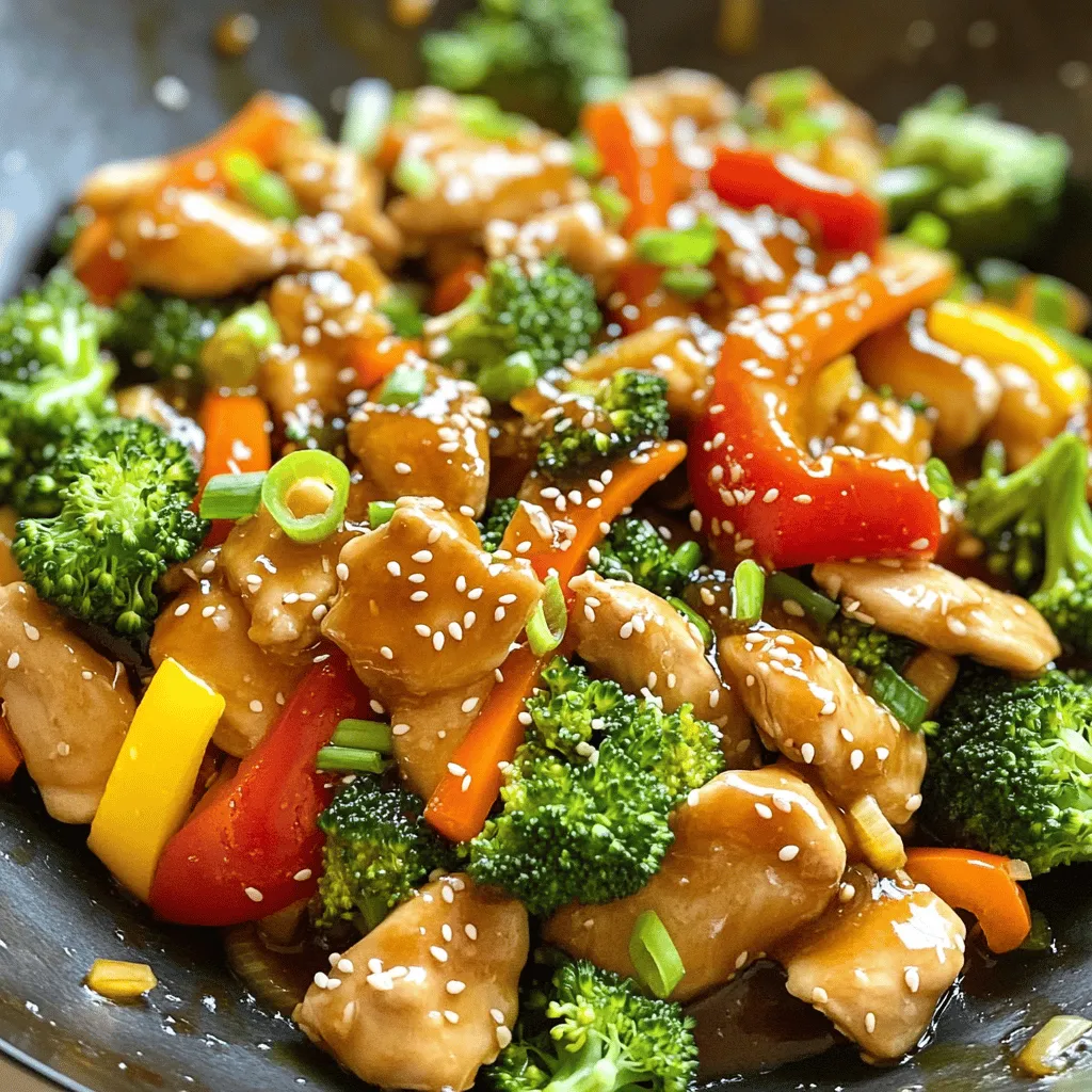 To make a tasty honey garlic chicken stir fry, gather these ingredients: - 500g boneless chicken breast, thinly sliced - 2 tablespoons honey - 3 tablespoons soy sauce - 3 cloves garlic, finely minced - 1 tablespoon fresh ginger, grated - 1 bell pepper (red or yellow), sliced into strips - 1 cup broccoli florets, washed and trimmed - 1 medium carrot, julienned - 2 tablespoons vegetable oil (for cooking) - 1 teaspoon sesame oil (for finishing) - Salt and pepper, to taste - Chopped green onions (for garnish) - Sesame seeds (for garnish) Each item plays a key role in creating the dish's flavor. The chicken gives protein and heartiness. Honey adds sweetness, while soy sauce provides saltiness. Garlic and ginger bring warmth and depth. Fresh veggies like bell pepper, broccoli, and carrot add color and crunch. Using fresh ingredients makes a big difference in taste. Choose vibrant, firm vegetables. This will ensure your stir fry looks and tastes great. You can find the full recipe [here](#). Enjoy cooking! - Whisk together honey, soy sauce, garlic, and ginger. - Prepare vegetables and chicken. To start your honey garlic chicken stir fry, gather your ingredients. First, take a medium bowl. Add 2 tablespoons of honey, 3 tablespoons of soy sauce, 3 cloves of minced garlic, and 1 tablespoon of grated ginger. Whisk these together until smooth. This sauce will bring a sweet and savory flavor to your dish. Next, prepare your chicken and vegetables. Slice 500 grams of boneless chicken breast into thin pieces. For the veggies, slice 1 bell pepper into strips, wash and trim 1 cup of broccoli florets, and julienne 1 medium carrot. Get everything ready before cooking so you can move fast. - Heat oil and sauté chicken until golden. - Stir-fry vegetables until tender-crisp. - Combine chicken and sauce; heat through. Now, heat 2 tablespoons of vegetable oil in a large frying pan over medium-high heat. Once the oil is hot, carefully add the chicken. Season it with salt and pepper. Sauté the chicken for about 5-7 minutes, stirring often until it turns golden brown and is cooked through. Make sure to break up any pieces that stick together. After the chicken is ready, remove it from the pan and set it aside. In the same pan, toss in the broccoli, bell pepper, and carrot. Stir-fry these veggies for 3-4 minutes. You want them bright and tender-crisp. Toss them often for even cooking. Next, bring the chicken back to the pan. Pour the honey garlic sauce over everything. Stir well to coat the chicken and veggies. Cook for another 2-3 minutes to heat the sauce and mix all the flavors. - Drizzle with sesame oil. - Garnish with green onions and sesame seeds. For the last touch, drizzle 1 teaspoon of sesame oil over your stir fry. This adds a nice nutty flavor. Then, serve your honey garlic chicken stir fry hot. Garnish it with chopped green onions and a sprinkle of sesame seeds for extra crunch. This dish looks great and tastes even better! For the full recipe, check the details above. Enjoy your meal! To make your honey garlic chicken really stand out, marinating is key. Marinate your chicken in the honey garlic sauce for at least 30 minutes. This gives the chicken time to soak up all the yummy flavors. If you can wait longer, marinate for up to 2 hours in the fridge. Just remember not to go overboard. Too long can make the chicken mushy. Fresh ingredients make a big difference in taste. Always pick the best chicken you can find. Look for boneless, skinless chicken breast that is bright and firm. For honey, I like using raw honey as it adds depth to your dish. When it comes to soy sauce, Kikkoman or Tamari are great choices. They add a rich umami flavor that enhances the stir fry. Getting the heat just right is important. Start with medium-high heat to get a nice sear on the chicken. Stir-fry quickly to keep the chicken juicy. When you add the veggies, keep the heat high to avoid sogginess. Toss the veggies often, and don’t overcrowd the pan. This helps them stay crisp and colorful. {{image_4}} You can boost the color and nutrition of your dish. Add veggies like snap peas, zucchini, or mushrooms. They add great texture and flavor. Try seasonal vegetables too! In spring, use asparagus. In fall, consider adding pumpkin or squash. Fresh, colorful veggies make your stir fry even better. If you want to change the protein, try beef, shrimp, or tofu. For beef, slice it thinly and cook for about 3-5 minutes. Shrimp cooks quickly, needing just 2-3 minutes. Tofu will need a bit more time to get crispy. Adjust cooking times as needed to ensure your protein is cooked well. You can switch up the sauce for fun. Try teriyaki sauce for a sweeter twist. If you love heat, add sriracha or chili paste. This gives the dish a spicy kick! Mixing sauces can create new flavors. Experiment and find what you like best. For the full recipe, check the recipe section. To store leftover stir fry, let it cool first. Place it in an airtight container. This helps keep it fresh longer. Use glass or plastic containers for best results. Make sure to seal it tightly. You can store it in the fridge for up to three days. To reheat your stir fry, use a skillet over medium heat. This keeps the texture nice. Stir it often to heat evenly. If you want to keep the flavor, add a splash of water or soy sauce. This helps to revive the taste. Yes, you can freeze honey garlic chicken stir fry! First, let it cool completely. Then, pack it in freezer-safe bags or containers. Remove as much air as possible to prevent freezer burn. It can last up to three months in the freezer. To thaw, place it in the fridge overnight before reheating. Honey garlic chicken stir fry stays good in the fridge for about 3 to 4 days. To keep it fresh, store it in an airtight container. This helps it stay tasty and safe to eat. Yes, you can make the sauce ahead of time. Mix the honey, soy sauce, garlic, and ginger, then store it in the fridge. It will stay fresh for up to a week. This saves time when you are ready to cook. You can serve this stir fry with steamed rice or noodles. Both options soak up the sauce well. You can also add a side of salad or spring rolls for extra crunch and flavor. The recipe is not gluten-free because of the soy sauce. However, you can use gluten-free soy sauce or tamari as a substitute. This way, you can still enjoy the dish without gluten. To lower calories, use less honey and oil. You can also add more vegetables to make it filling. Choose lean cuts of chicken or swap it for tofu. This keeps the meal light yet satisfying. You now know how to make a tasty honey garlic chicken stir fry. We covered all the key steps, from selecting fresh ingredients to cooking techniques that preserve flavor. Remember, you can tweak this recipe with different veggies and proteins to fit your taste. Proper storage and reheating methods will help keep leftovers delicious. Enjoy experimenting with this dish, and share it with family and friends. Your cooking skills can shine with this simple but flavorful meal!
