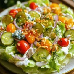 To make a Pickle Ranch Wedge Salad, you will need simple, fresh ingredients. Here’s the list: - Iceberg lettuce - Dill pickles - Ranch dressing - Cherry tomatoes - Red onion - Blue cheese or feta - Fresh dill - Seasoning - Optional toppings Each of these ingredients adds a special touch. Iceberg lettuce gives a nice crunch. Dill pickles bring a tangy kick. The ranch dressing adds creaminess. Cherry tomatoes add sweetness. Red onion gives a sharp bite. Blue cheese or feta provides a rich flavor. Fresh dill adds brightness. Seasoning ties the flavors together. You can also add fried onions for extra crunch. When you gather your ingredients, make sure they are fresh. This salad shines with quality items. Use ripe tomatoes and crisp lettuce for the best taste. You can find the Full Recipe for more details. First, you need to cut the iceberg lettuce. Use a sharp knife to slice the head into quarters. Each wedge will be a perfect base for your toppings. Next, arrange the wedges on serving plates. This makes for a fun presentation and is sure to impress your guests. Now, grab a medium-sized mixing bowl. Combine the diced dill pickles, cherry tomatoes, and red onion. Stir the ingredients gently to mix them well. Then, add the crumbled blue cheese. This cheese adds a rich flavor that pairs nicely with the pickles. Now drizzle ranch dressing over this mixture. Add salt and pepper to taste. Mix everything until the ranch coats the veggies and cheese evenly. It's time to build your salad. Take a generous spoonful of the mixture and layer it on each lettuce wedge. This colorful topping looks great against the crisp lettuce. For extra crunch, sprinkle crispy fried onions on top. This adds a delightful texture that everyone loves. Finally, garnish each wedge with a sprinkle of fresh dill. This step adds a pop of color and freshness to each plate. Enjoy making this Pickle Ranch Wedge Salad! For the complete recipe, refer to the Full Recipe. To make your Pickle Ranch Wedge Salad shine, get your dressing ratio right. You want a good mix that coats everything nicely. Start with ¾ cup of ranch dressing. This amount works well for four wedges. If you like more dressing, feel free to add a bit more. Just remember, you can always add more, but you can’t take it out. If you want to make your own ranch dressing, it's simple! Mix buttermilk, mayonnaise, garlic powder, onion powder, and some dill. This fresh dressing hits just right! For extra flavor and crunch, think about adding toppings. Crispy fried onions add a nice bite. You can also toss in some crispy bacon bits for a savory touch. If you want a fresh taste, add sliced radishes or even avocado. Herbs can make a big difference too. Fresh chives or parsley can brighten up the dish. Don't forget black pepper for a little kick! When serving, think about how you want it to look. You can arrange the wedges on a big platter for a fun look. This way, everyone can serve themselves. If you prefer a fancy touch, put each wedge on its own plate. It makes each serving feel special. To make it pop, garnish with fresh herbs. A sprinkle of dill or chives adds color and taste. Serve lemon wedges on the side for a zesty twist. {{image_4}} You can swap blue cheese for feta cheese. Feta gives a milder taste. For a twist, try goat cheese. It adds a creamy texture and tang. You can also use cheddar for a sharper flavor. Cheese choice can change the whole taste of the salad. To make the salad heartier, add grilled chicken or crispy bacon. Both options bring great flavor and crunch. If you want a vegetarian choice, try chickpeas or black beans. They add protein and a nice texture without meat. You can customize your salad with seasonal veggies. In spring, add radishes for a peppery kick. In summer, fresh corn or bell peppers add sweetness. You can also switch up the dressings. Try a yogurt-based dressing for a lighter option. This keeps the salad fresh and exciting. To keep your Pickle Ranch Wedge Salad fresh, store it in an airtight container. This helps prevent wilting. If you have leftover dressing, keep it separate. This keeps the lettuce crunchy. When you reheat, avoid the salad. Instead, enjoy it cold. You cannot freeze the whole salad. Freezing will ruin the texture. However, you can freeze some ingredients. For example, freeze diced pickles or the ranch dressing. Store components separately in freezer bags. This helps keep flavors fresh. The salad will last about three days in the fridge. Check for wilting or slimy leaves. If you see these signs, it’s best to toss it out. Keep an eye on the toppings as well. They may spoil faster than the lettuce. Enjoy your salad while it’s fresh for the best taste. For the complete recipe, check the Full Recipe section. To make the Pickle Ranch Wedge Salad vegan, you can swap out the dairy. Use a plant-based ranch dressing instead of regular ranch. For the cheese, try using vegan feta or omit it altogether. These swaps keep the salad tasty and fresh. Pair this salad with simple sides. Grilled corn on the cob works well. Roasted potatoes also add flavor. A light soup, like tomato or cucumber, is a great choice too. These sides make for a balanced meal. Yes, you can prep this salad early. Wash and cut the lettuce and store it in the fridge. Mix the pickles, tomatoes, and onions in a bowl. Keep them covered in the fridge. Add the dressing and toppings just before serving to keep it fresh. The Pickle Ranch Wedge Salad comes from classic American cuisine. Wedge salads became popular in steakhouses in the mid-20th century. They often feature fresh ingredients and bold flavors. This salad combines the traditional wedge with zesty pickles, adding a fun twist. Making ranch dressing is easy! Combine these ingredients: - 1 cup sour cream - ½ cup mayonnaise - 1 tablespoon lemon juice - 1 teaspoon garlic powder - 1 teaspoon onion powder - Salt and pepper to taste Mix well and let it chill for at least 30 minutes. This homemade ranch adds a fresh touch to your salad. Check out the Full Recipe for more details! This blog post covered how to create a delicious Pickle Ranch Wedge Salad. We looked at the ingredients, the step-by-step instructions, and tips to improve flavor and presentation. You learned about various cheese options and how to add protein. We even discussed how to store your salad and answered common questions. Now, you have everything you need to impress with this fresh dish. Enjoy experimenting with flavors and toppings to make it your own!