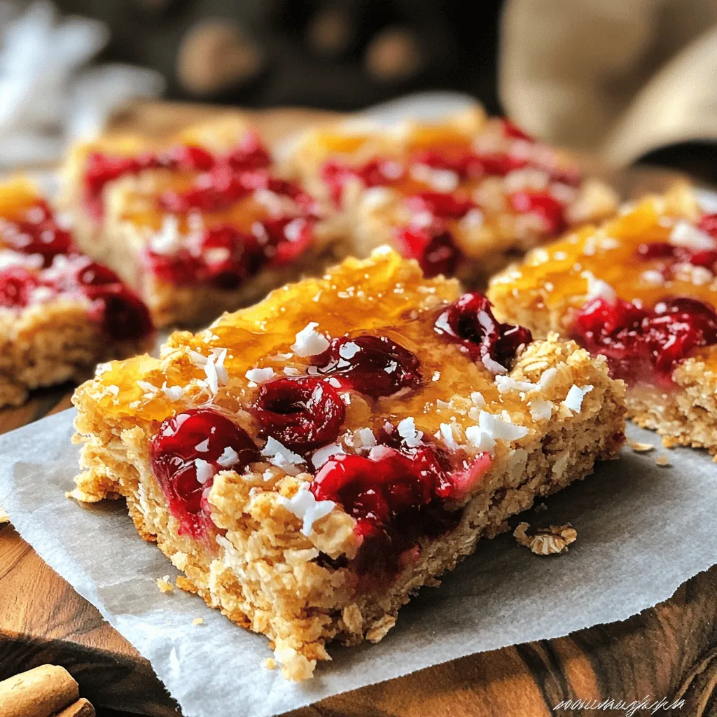 Here is what you need for the Cherry Coconut Oat Bars: - 1 ½ cups rolled oats - 1 cup pitted cherries, chopped (fresh or frozen) - 1 cup shredded unsweetened coconut - ½ cup almond butter (or your preferred nut butter) - ½ cup honey or maple syrup - 1 teaspoon vanilla extract - ½ teaspoon ground cinnamon - ½ teaspoon salt - ¼ cup chopped almonds or walnuts (optional) These ingredients come together to create a tasty and healthy snack. The oats provide fiber, while cherries add a burst of flavor. Coconut brings a tropical twist, and nut butter offers healthy fats. You can easily swap some ingredients based on your taste or diet. For example: - Use peanut butter instead of almond butter for a different nutty flavor. - Maple syrup can replace honey if you want a vegan option. - You can use dried fruits like raisins or cranberries instead of cherries. - If you're nut-free, try sunflower seed butter. These substitutions keep the bars delicious while meeting your needs. These bars pack a punch of nutrition. Each bar contains: - Approximately 150 calories - 5 grams of protein - 7 grams of healthy fats - 3 grams of fiber They are perfect for a quick snack or a post-workout boost. With whole ingredients, you get energy without empty calories. These bars are a smart choice for any time of day. For the full recipe, refer to the initial section. First, preheat your oven to 350°F (175°C). Grab an 8x8-inch baking dish and line it with parchment paper. Leave some paper hanging over the edges. This will help lift out the bars later. Next, in a large bowl, mix the rolled oats, chopped cherries, shredded coconut, and the optional chopped nuts. Add the ground cinnamon and salt. Make sure you mix these dry ingredients well, so the flavors blend nicely. Now it’s time to make the wet mixture. Take a small microwave-safe bowl and warm the almond butter and honey (or maple syrup) in the microwave for 15-20 seconds. This makes them easier to mix. Stir in the vanilla extract once warmed. Pour this mixture over the dry ingredients in the large bowl. Use a spatula or wooden spoon to mix them together until you get a sticky texture. Transfer the sticky mix into the baking dish. Press it down firmly and evenly with your spatula or hands. This step helps the bars hold together. Bake in your preheated oven for 20-25 minutes. Look for golden brown edges and a set center. After baking, take the dish out and let it cool for about 10 minutes. Use the parchment paper to lift the bars out of the dish. Place them on a wire rack to cool completely. Once cool, cut them into 12 bars. For a nice touch, wrap each bar in parchment paper for easy snacking. You can also sprinkle extra shredded coconut on top for a pretty finish. Enjoy your Cherry Coconut Oat Bars! For the complete recipe, check out the Full Recipe. To get the best texture for your Cherry Coconut Oat Bars, focus on mixing. Use rolled oats, as they hold moisture well. Make sure to combine the wet and dry ingredients well. This helps the bars stick together. Press the mixture firmly into your baking dish. A compact layer ensures a chewy, not crumbly, bar. Bake them until the edges turn golden brown. This gives a crispy outside while keeping the inside soft. Want to boost the flavor? Try adding a pinch of salt to your mixture. It will enhance the natural sweetness of the cherries and coconut. You can also mix in some vanilla or almond extract for a richer taste. If you enjoy a hint of spice, add extra cinnamon or a dash of nutmeg. For a tropical twist, consider adding a bit of lime zest. These small changes can make a big difference. One common mistake is not measuring your ingredients properly. Too much dry or wet mix can change the texture. Another pitfall is overbaking the bars. Keep an eye on them to prevent a dry outcome. If you skip the parchment paper, you might struggle to lift out the bars. This can lead to broken pieces. Lastly, let the bars cool completely before cutting. This helps them hold their shape better. For more details, check out the Full Recipe. {{image_4}} You can make these cherry coconut oat bars even better. Add-ins can boost flavor and nutrition. Here are some great options: - Dried fruits: Add raisins, cranberries, or apricots for a sweet twist. - Seeds: Chia seeds or flaxseeds add healthy fats and fiber. - Chocolate chips: Stir in dark chocolate chips for a rich taste. You can mix and match these add-ins to fit your taste. If you want to change the flavor, swap out some ingredients. Here are some fun ideas: - Fruits: Use blueberries, raspberries, or apples instead of cherries. - Nut butters: Try peanut butter or cashew butter for a different nutty hint. - Sweeteners: Use agave syrup or brown sugar instead of honey. These swaps keep your bars fresh and interesting. You can adjust the recipe for special diets. Here are some easy changes: - Gluten-free: Use certified gluten-free oats to make them safe for gluten-free diets. - Vegan: Replace honey with maple syrup or agave syrup. - Nut-free: Use sunflower seed butter instead of nut butter. These modifications let everyone enjoy the bars. Check out the Full Recipe for more details on how to create your perfect cherry coconut oat bars. To keep your Cherry Coconut Oat Bars fresh, store them in an airtight container. You can place parchment paper between layers to prevent sticking. This method keeps them soft and chewy. If you prefer, you can wrap each bar in plastic wrap for easy grab-and-go snacks. When stored properly, these bars last about one week at room temperature. If you put them in the fridge, they can last up to two weeks. Always check for any changes in smell or texture before enjoying them. To freeze your Cherry Coconut Oat Bars, wrap each bar in plastic wrap. Then, place them in a freezer-safe bag or container. They can last up to three months in the freezer. When you're ready to eat, let them thaw in the fridge or at room temperature. This way, you can enjoy a tasty snack anytime! For the full recipe, check out the instructions mentioned earlier. Yes, you can use other fruits. Blueberries or diced apples work well. Raspberries add a nice tart flavor too. Feel free to mix and match. Each fruit will change the taste slightly. I love using seasonal fruits for variety. Experimenting can lead to fun new flavors. To make these bars vegan, swap honey for maple syrup. Use a nut or seed butter that is vegan-friendly. Almond butter is a great choice. Check labels to ensure there are no animal products. These changes keep the bars tasty and plant-based. You still get the chewy texture everyone loves. After baking, let the bars cool for about 10 minutes. Use the parchment paper to lift them out. Place them on a cutting board. Use a sharp knife to slice. Make smooth, even cuts to avoid crumbling. Cutting while still slightly warm helps too. Enjoy your perfect, neat bars! For the Full Recipe, check the detailed instructions above. In this blog post, we explored the essential ingredients for your recipe. We discussed substitutions, the nutritional value, and easy preparation steps. You learned about achieving the right texture and flavor. Variations allowed for creativity, and we highlighted proper storage methods. By following these tips, you can make delicious bars that suit your tastes and needs. Now you're ready to bake confidently, knowing how to avoid common mistakes. Enjoy your baking adventure!