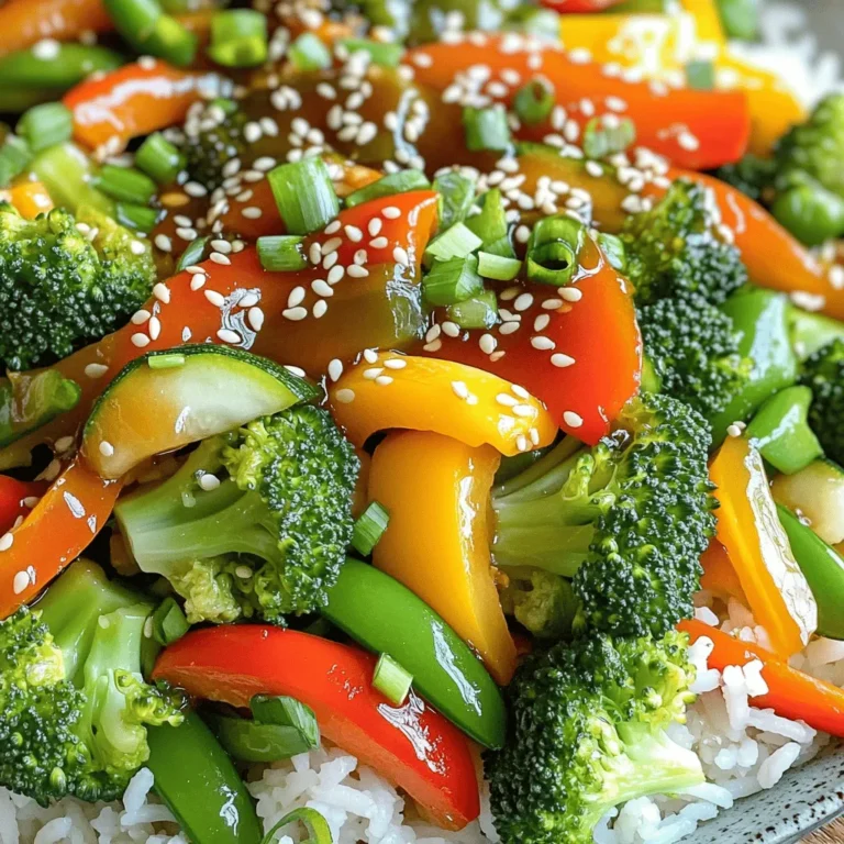 - 1 cup broccoli florets, washed and trimmed - 1 cup mixed bell peppers (red, yellow, and orange), sliced into thin strips - 1 medium carrot, peeled and julienned - 1 cup sugar snap peas, ends trimmed - 1 small zucchini, sliced into half-moons - 3 cloves garlic, finely minced - 1 tablespoon fresh ginger, peeled and minced - 3 tablespoons soy sauce (substitute tamari for gluten-free) - 1 tablespoon sesame oil for cooking - 1 teaspoon honey or maple syrup for sweetness - Toasted sesame seeds, for garnish - 2 green onions, chopped, for garnish - Cooked rice or quinoa, for serving These ingredients create a colorful and healthy meal. Each veggie adds unique flavor and texture. Broccoli gives you crunch, while bell peppers add sweetness. Carrots bring a nice bite, and sugar snap peas offer a fresh snap. Zucchini rounds out the mix with its mild taste. When you cook, use fresh vegetables for the best flavor. Wash them well to remove dirt. Cut them into similar sizes, so they cook evenly. This helps each bite taste just right. Now let's look at the nutritional value. This veggie stir fry is not only tasty but also packed with vitamins and minerals. It’s a great way to get your daily dose of veggies while keeping your meal light and fulfilling. You can check the Full Recipe for more details on preparation and cooking. For serving, I like to pair this stir fry with cooked rice or quinoa. Both options soak up the sauce nicely. You can also add a sprinkle of sesame seeds and chopped green onions for a pop of color and flavor. - Wash and chop the vegetables - Measure out the sauce ingredients Start by washing the vegetables. This step is key to keeping everything clean. Next, chop the broccoli into bite-sized pieces. Slice the bell peppers into thin strips. Julienne the carrot for a nice look and easy eating. Trim the ends off the sugar snap peas. Finally, slice the zucchini into half-moons. Uniform sizes help them cook evenly. For the sauce, measure out three tablespoons of soy sauce and one teaspoon of honey. Mix them together in a small bowl. This will be the flavor base for your stir fry. - Heat the pan and sauté aromatics - Stir-fry the vegetables - Add the sauce and adjust seasoning Grab a large skillet or wok. Pour in one tablespoon of sesame oil and heat it over medium-high heat. Wait until the oil shimmers, about one to two minutes. Then, add the minced garlic and ginger. Stir them for around thirty seconds. You want to smell their lovely aroma without burning them. Next, add the broccoli, bell peppers, and carrots to the pan. Stir-fry them for about three to four minutes. They should soften but still have a nice crunch. After that, mix in the sugar snap peas and zucchini. Keep stirring for another two to three minutes. Now it’s time to add the sauce. Pour it over the veggies and toss everything together. Let it cook for another two to three minutes. This lets the sauce thicken and coat the vegetables well. Taste your stir fry. If you want more salt, add more soy sauce. If you prefer it sweeter, add a touch more honey. - Suggest plating options - Garnish ideas To serve, place the stir fry on a bed of freshly cooked rice or quinoa. Use shallow bowls to show off the colorful veggies. For an extra touch, add a lime wedge on the side. A squeeze of lime just before eating brightens the flavors. Finally, sprinkle toasted sesame seeds and chopped green onions on top. This adds color and a nice crunch to your dish. Enjoy your vibrant veggie stir fry! For the complete recipe, check the [Full Recipe]. - Uniform vegetable sizes: Cut all veggies into similar sizes. This ensures they cook evenly. If one piece is larger, it may stay hard while others become soft. - Avoid overcooking vegetables: Stir-fry for a short time. Keep the heat high to quickly cook without losing crunch. Remember, bright colors are a sign of freshness. - Extra spices or sauces: Try adding red pepper flakes for heat. A splash of rice vinegar can brighten flavors. You can also mix in hoisin sauce for a sweet twist. - Adding protein: You can toss in tofu, chicken, or shrimp. Cook these before the veggies, then set aside. Add them back in before serving for a complete meal. - Crowding the pan: If you add too many veggies at once, they steam instead of fry. Cook in batches if necessary. - Skipping the sauce: Don’t forget the sauce! It adds great flavor. Make sure to coat all veggies well. - Not tasting as you go: Always taste your dish before serving. Adjust the seasoning to suit your taste. {{image_4}} You can change the veggies in your stir fry. Use seasonal vegetables for the best flavor. Try asparagus in spring or squash in fall. You can also mix in leafy greens like spinach or kale. If you love mushrooms, add some for a rich taste. Feel free to swap veggies based on what you like. This dish is all about your taste. Adding protein makes the stir fry heartier. Tofu is a great choice for a plant-based meal. You can cube it and add it with the veggies. Chicken adds a nice flavor too; just slice it thin. If you want seafood, shrimp cooks quickly and tastes great. Add any protein you like to suit your meal. For a gluten-free dish, use tamari instead of soy sauce. This keeps the flavor but removes gluten. If you want a vegan meal, skip honey and use maple syrup instead. This keeps the dish sweet and plant-based. Make these simple swaps, and you can enjoy a tasty stir fry that fits your needs. Check out the Full Recipe for more details. To keep your veggie stir fry fresh, place it in an airtight container. Make sure it cools down before sealing. This helps prevent steam from building up inside the container, which can make the veggies soggy. Store it in the fridge for up to four days. When you're ready to enjoy your leftovers, reheat them gently. Use a pan on low heat to keep the veggies crisp. Stir often to warm them evenly. You can also microwave it, but do so in short bursts. Add a splash of water to keep the moisture in. You can freeze your stir fry for later. However, some veggies may lose their crunch after thawing. To freeze, place the stir fry in a freezer-safe bag. Remove as much air as possible before sealing. It can last for about three months in the freezer. When ready to use, let it thaw in the fridge overnight before reheating. For the best taste, try to eat it as soon as you can. The total time for this veggie stir fry is about 25 minutes. You will need 15 minutes to prep your veggies. The cooking time is around 10 minutes. This quick dish allows you to prepare a meal fast. Yes, you can use frozen vegetables. However, they may lose some crunch. Fresh veggies keep a nice texture when cooked. Frozen veggies can still taste great, just ensure you cook them longer. You can pair stir fry with many sides. Cooked rice or quinoa works well. You can also enjoy it with noodles or a light salad. Adding a squeeze of lime enhances the flavor. Soy sauce or sweet chili sauce can be great for dipping too. If you need a substitute for soy sauce, try tamari. Tamari is gluten-free and tastes similar. Coconut aminos are another good option, lower in sodium. You can also use homemade sauces with miso paste or broth. Yes, stir fry is very healthy! It is full of colorful veggies that provide nutrients. Broccoli, peppers, and carrots have vitamins and minerals. This dish is low in calories and high in fiber. It supports a balanced diet while being tasty. Enjoy this vibrant veggie stir fry for a nutritious meal. For the full recipe, check out the section above! This veggie stir fry recipe is both easy and fun. You learned how to prepare fresh vegetables and flavorful sauces. Keeping uniform sizes helps cook everything just right. You can also mix and match to suit your taste. Remember to store leftovers properly for later meals. With these tips and options, you will enjoy a healthy dish anytime. Keep experimenting with flavors to make this stir fry your own! Enjoy your cooking journey!