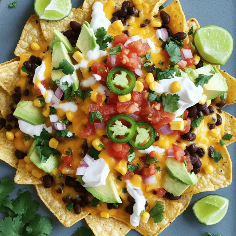 To make loaded veggie nachos, you need a simple list of tasty ingredients: - 1 bag (12 oz) of tortilla chips - 1 cup black beans, rinsed and drained - 1 cup sweet corn (freshly cooked or canned) - 1 large ripe avocado, diced into small cubes - 1 large tomato, diced - 1 small red onion, finely chopped - 1 jalapeño, sliced into thin rounds (optional for added spice) - 1 cup shredded cheddar cheese (you can substitute with a dairy-free alternative) - 1 cup fresh salsa (store-bought or homemade) - 1/2 cup sour cream (or Greek yogurt for a healthier option) - Fresh cilantro, chopped, for garnish - Lime wedges, for serving - Salt and pepper to taste You can add more depth to your nachos with these optional ingredients: - Sliced black olives for a briny kick - Green onions, chopped for a fresh crunch - Pickled jalapeños for extra heat - A drizzle of hot sauce for a spicy finish If you need to adjust the recipe, here are some great substitutes: - Use gluten-free tortilla chips if you avoid gluten. - Swap black beans for pinto beans or lentils for a different texture. - Replace cheddar cheese with a nut-based cheese for a vegan option. - Use avocado oil or yogurt instead of sour cream for a lighter choice. These swaps keep the dish delicious while catering to your needs. For the full recipe, you can refer to the section above. First, gather all your ingredients. This makes the process smooth and fun. Preheat your oven to 375°F (190°C). A hot oven helps the cheese melt well. Line a large baking sheet with parchment paper. This keeps the nachos from sticking and helps with cleanup. Now, spread the tortilla chips evenly on the baking sheet. Make sure they don’t overlap; this keeps them crispy. Next, add the black beans and sweet corn. Distribute them evenly over the chips. Then, sprinkle the diced tomato, red onion, and jalapeño slices on top. Finally, add the diced avocado. This makes your nachos colorful and tasty. Now, layer the shredded cheese over everything. Aim to cover all the toppings. This will create that melty cheese effect we all love. Carefully place the baking sheet in your preheated oven. Bake for about 10 to 12 minutes. Keep an eye on them. You want the cheese to melt and bubble, filling your kitchen with a great smell. Once done, take them out and drizzle fresh salsa over the top. Add big dollops of sour cream next. For the final touch, sprinkle chopped cilantro and season with salt and pepper. Serve hot with lime wedges on the side. A squeeze of lime adds a nice zing! Enjoy your loaded veggie nachos! For the complete details, check the Full Recipe. To get crispy tortilla chips, spread them in a single layer on your baking sheet. Heat your oven to 375°F (190°C) before adding the chips. This ensures they bake evenly. Keep an eye on them while they bake. Too long can burn them, and too short can leave them soft. Spices can take your nachos to the next level. Use cumin, chili powder, or smoked paprika to add depth. A dash of garlic powder can enhance the taste as well. Fresh herbs, like cilantro, can add brightness. Sprinkle these on your toppings before serving. For a fun look, use a large platter instead of a baking sheet. Layer chips and toppings artfully for color. Serve with bowls of extra salsa and sour cream on the side. Add lime wedges for a fresh touch. This makes your nachos inviting and ready for sharing. Check out the Full Recipe for more details! {{image_4}} You can get creative with your nachos! Swap out traditional toppings for fun flavors. Try adding roasted bell peppers or sautéed mushrooms. For a twist, use spicy pickled jalapeños or fresh pineapple chunks. You can also add a drizzle of chipotle sauce for a smoky kick. The options are endless, so feel free to mix and match your favorites! Want to make your nachos vegan? It's easy! Use a dairy-free cheese alternative to melt on top. You can also replace sour cream with cashew cream or a plant-based yogurt. For added protein, consider adding lentils or chickpeas. These changes let everyone enjoy the dish while keeping it plant-based and delicious. Not everyone loves spice! If you want to tone it down, skip the jalapeños. Instead, add sweet bell peppers for a mild flavor. If you like heat, add more jalapeños or sprinkle red pepper flakes on top. You can also serve hot sauce on the side. This lets each person control the spice level to their liking. For the complete recipe, check out the Full Recipe section. After enjoying your Loaded Veggie Nachos, store any leftovers in an airtight container. This keeps them fresh longer. Make sure to separate the toppings from the chips. The chips will stay crispier this way. Use parchment paper to line the container for extra protection. Store in the fridge for up to three days. When you're ready to eat the leftovers, preheat your oven to 350°F (175°C). Place the nachos on a baking sheet lined with parchment. This helps prevent sticking. Heat for about 10 minutes. Check to see if the cheese melts again. For crispier chips, skip the microwave. Always aim for the oven. To avoid soggy nachos, layer your ingredients wisely. Place cheese on top of wet toppings. This helps create a barrier. Use less salsa or sour cream on the nachos before baking. Serve extra toppings on the side for dipping. This keeps everything crispy and fresh. Enjoy your nachos as if they were just made! Yes, you can prepare some components ahead. Cook the black beans and corn, and chop the veggies. Store them in separate containers in the fridge. The chips should stay crispy until serving time, so add those right before you bake. Bake them fresh when you are ready to serve. This keeps the nachos warm and crunchy! Great sides boost the meal! Here are some ideas: - Guacamole for creamy goodness. - Extra salsa for a fresh kick. - Jalapeños for those who like spice. - A simple green salad for freshness. - Nacho cheese for extra melty fun. These sides make the meal even more enjoyable! For big crowds, you can easily scale up the recipe. Here’s how: - Use multiple baking sheets to make more nachos. - Increase ingredient amounts by half or double. - Assemble in layers for a nice presentation. - Serve on a large platter for a fun display. This way, everyone can enjoy delicious Loaded Veggie Nachos at once. For the full recipe, check the earlier section! You learned how to make Loaded Veggie Nachos from scratch. We covered the key ingredients, preparation steps, and baking tips. Remember to play with flavors and toppings to suit your taste. Don't forget storage tips for leftovers. This dish is easy to personalize for any gathering or meal. Enjoy the process and make it your own! You now have all you need to serve up tasty nachos that impress.