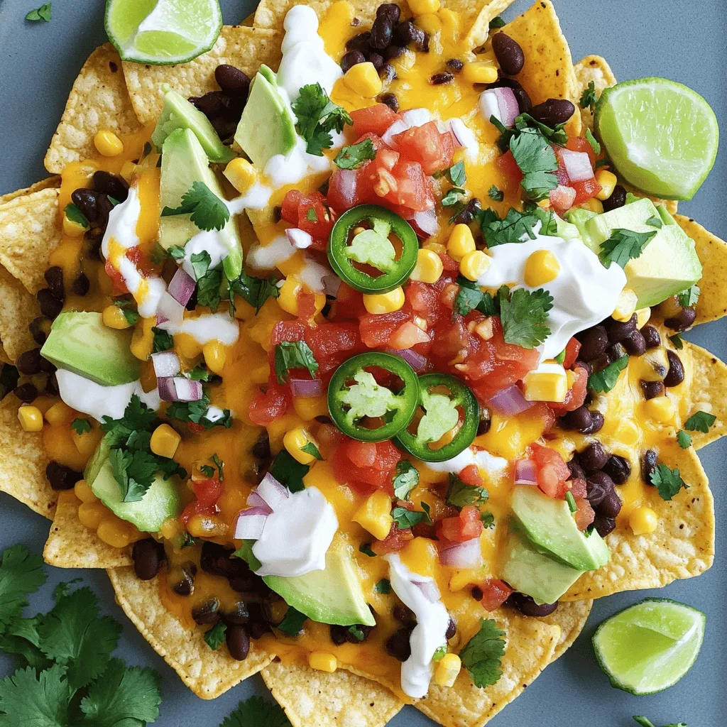 To make loaded veggie nachos, you need a simple list of tasty ingredients: - 1 bag (12 oz) of tortilla chips - 1 cup black beans, rinsed and drained - 1 cup sweet corn (freshly cooked or canned) - 1 large ripe avocado, diced into small cubes - 1 large tomato, diced - 1 small red onion, finely chopped - 1 jalapeño, sliced into thin rounds (optional for added spice) - 1 cup shredded cheddar cheese (you can substitute with a dairy-free alternative) - 1 cup fresh salsa (store-bought or homemade) - 1/2 cup sour cream (or Greek yogurt for a healthier option) - Fresh cilantro, chopped, for garnish - Lime wedges, for serving - Salt and pepper to taste You can add more depth to your nachos with these optional ingredients: - Sliced black olives for a briny kick - Green onions, chopped for a fresh crunch - Pickled jalapeños for extra heat - A drizzle of hot sauce for a spicy finish If you need to adjust the recipe, here are some great substitutes: - Use gluten-free tortilla chips if you avoid gluten. - Swap black beans for pinto beans or lentils for a different texture. - Replace cheddar cheese with a nut-based cheese for a vegan option. - Use avocado oil or yogurt instead of sour cream for a lighter choice. These swaps keep the dish delicious while catering to your needs. For the full recipe, you can refer to the section above. First, gather all your ingredients. This makes the process smooth and fun. Preheat your oven to 375°F (190°C). A hot oven helps the cheese melt well. Line a large baking sheet with parchment paper. This keeps the nachos from sticking and helps with cleanup. Now, spread the tortilla chips evenly on the baking sheet. Make sure they don’t overlap; this keeps them crispy. Next, add the black beans and sweet corn. Distribute them evenly over the chips. Then, sprinkle the diced tomato, red onion, and jalapeño slices on top. Finally, add the diced avocado. This makes your nachos colorful and tasty. Now, layer the shredded cheese over everything. Aim to cover all the toppings. This will create that melty cheese effect we all love. Carefully place the baking sheet in your preheated oven. Bake for about 10 to 12 minutes. Keep an eye on them. You want the cheese to melt and bubble, filling your kitchen with a great smell. Once done, take them out and drizzle fresh salsa over the top. Add big dollops of sour cream next. For the final touch, sprinkle chopped cilantro and season with salt and pepper. Serve hot with lime wedges on the side. A squeeze of lime adds a nice zing! Enjoy your loaded veggie nachos! For the complete details, check the Full Recipe. To get crispy tortilla chips, spread them in a single layer on your baking sheet. Heat your oven to 375°F (190°C) before adding the chips. This ensures they bake evenly. Keep an eye on them while they bake. Too long can burn them, and too short can leave them soft. Spices can take your nachos to the next level. Use cumin, chili powder, or smoked paprika to add depth. A dash of garlic powder can enhance the taste as well. Fresh herbs, like cilantro, can add brightness. Sprinkle these on your toppings before serving. For a fun look, use a large platter instead of a baking sheet. Layer chips and toppings artfully for color. Serve with bowls of extra salsa and sour cream on the side. Add lime wedges for a fresh touch. This makes your nachos inviting and ready for sharing. Check out the Full Recipe for more details! {{image_4}} You can get creative with your nachos! Swap out traditional toppings for fun flavors. Try adding roasted bell peppers or sautéed mushrooms. For a twist, use spicy pickled jalapeños or fresh pineapple chunks. You can also add a drizzle of chipotle sauce for a smoky kick. The options are endless, so feel free to mix and match your favorites! Want to make your nachos vegan? It's easy! Use a dairy-free cheese alternative to melt on top. You can also replace sour cream with cashew cream or a plant-based yogurt. For added protein, consider adding lentils or chickpeas. These changes let everyone enjoy the dish while keeping it plant-based and delicious. Not everyone loves spice! If you want to tone it down, skip the jalapeños. Instead, add sweet bell peppers for a mild flavor. If you like heat, add more jalapeños or sprinkle red pepper flakes on top. You can also serve hot sauce on the side. This lets each person control the spice level to their liking. For the complete recipe, check out the Full Recipe section. After enjoying your Loaded Veggie Nachos, store any leftovers in an airtight container. This keeps them fresh longer. Make sure to separate the toppings from the chips. The chips will stay crispier this way. Use parchment paper to line the container for extra protection. Store in the fridge for up to three days. When you're ready to eat the leftovers, preheat your oven to 350°F (175°C). Place the nachos on a baking sheet lined with parchment. This helps prevent sticking. Heat for about 10 minutes. Check to see if the cheese melts again. For crispier chips, skip the microwave. Always aim for the oven. To avoid soggy nachos, layer your ingredients wisely. Place cheese on top of wet toppings. This helps create a barrier. Use less salsa or sour cream on the nachos before baking. Serve extra toppings on the side for dipping. This keeps everything crispy and fresh. Enjoy your nachos as if they were just made! Yes, you can prepare some components ahead. Cook the black beans and corn, and chop the veggies. Store them in separate containers in the fridge. The chips should stay crispy until serving time, so add those right before you bake. Bake them fresh when you are ready to serve. This keeps the nachos warm and crunchy! Great sides boost the meal! Here are some ideas: - Guacamole for creamy goodness. - Extra salsa for a fresh kick. - Jalapeños for those who like spice. - A simple green salad for freshness. - Nacho cheese for extra melty fun. These sides make the meal even more enjoyable! For big crowds, you can easily scale up the recipe. Here’s how: - Use multiple baking sheets to make more nachos. - Increase ingredient amounts by half or double. - Assemble in layers for a nice presentation. - Serve on a large platter for a fun display. This way, everyone can enjoy delicious Loaded Veggie Nachos at once. For the full recipe, check the earlier section! You learned how to make Loaded Veggie Nachos from scratch. We covered the key ingredients, preparation steps, and baking tips. Remember to play with flavors and toppings to suit your taste. Don't forget storage tips for leftovers. This dish is easy to personalize for any gathering or meal. Enjoy the process and make it your own! You now have all you need to serve up tasty nachos that impress.