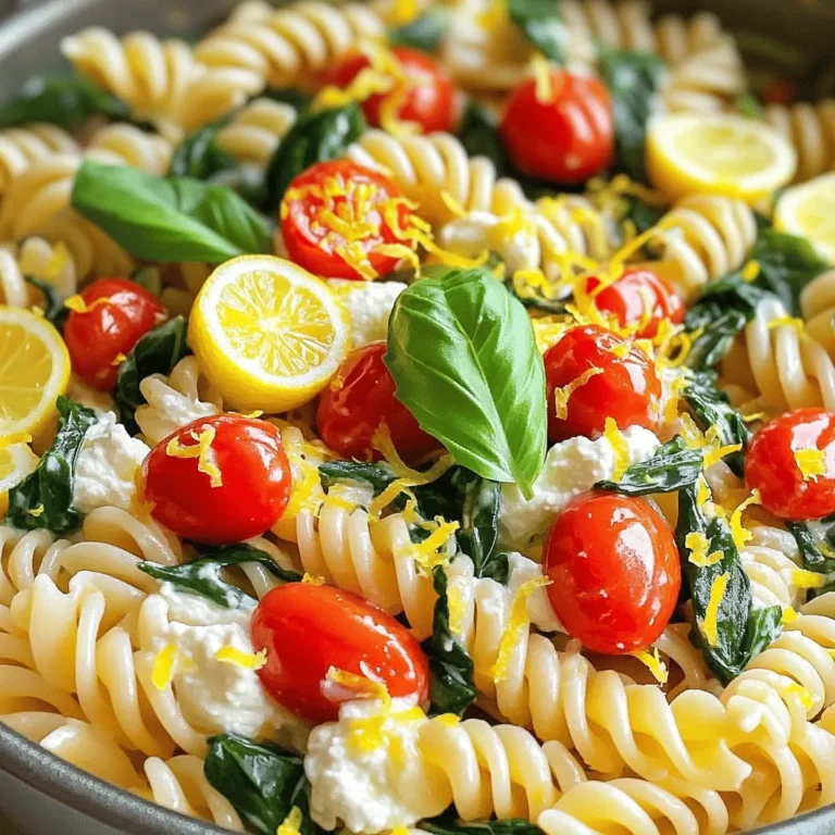 For this dish, pasta choices matter. I recommend fusilli or penne. They hold sauce well and cook evenly. Next, we have key flavor ingredients. Use good olive oil, fresh garlic, zesty lemon, and creamy ricotta cheese. These blend perfectly to make the sauce vibrant and tasty. You can also add optional ingredients for extra flavor. Cherry tomatoes bring sweetness, while fresh spinach adds color and nutrients. A sprinkle of Parmesan cheese gives a nice salty kick if you want. - 12 oz (340 g) pasta (fusilli or penne recommended) - 2 tablespoons olive oil - 3 cloves garlic, minced - 4 cups vegetable broth - 1 cup ricotta cheese - Zest of 1 lemon - Juice of 1 lemon - 1 cup cherry tomatoes, halved - 1 cup fresh spinach - 1/2 cup grated Parmesan cheese (optional) - Salt and freshly cracked black pepper to taste - Fresh basil leaves for garnish This simple list covers all you need for a delightful One-Pot Lemon Ricotta Pasta. Enjoy the bright flavors and creamy texture! To make One-Pot Lemon Ricotta Pasta, follow these clear steps. Start by heating a large pot over medium heat. Add 2 tablespoons of olive oil and 3 cloves of minced garlic. Sauté for about 1-2 minutes until the garlic smells good but does not brown. Next, add 12 oz of pasta to the pot. Fusilli or penne works well here. Pour in 4 cups of vegetable broth and stir gently. Make sure all the pasta is covered by the broth. Now, turn up the heat until the mixture boils. Once it reaches a rolling boil, lower the heat to simmer. Cover the pot with a lid and let it cook for about 10-12 minutes. Stir occasionally. You want the pasta to be al dente, so check it around the 10-minute mark. After the pasta is cooked, take the pot off the heat. Stir in 1 cup of ricotta cheese, the zest of 1 lemon, and the juice of 1 lemon. Mix until everything is creamy and well combined. Next, fold in 1 cup of halved cherry tomatoes and 1 cup of fresh spinach. Allow these to heat for about 2-3 minutes. Make sure to mix gently to combine all the flavors. Before serving, season your pasta with salt and freshly cracked black pepper. If you like your pasta creamier, you can add 1/2 cup of grated Parmesan cheese at this stage. Serve the pasta right away. Garnish with fresh basil leaves on top for a beautiful finish. Enjoy this quick and easy meal! How to avoid overcooking the pasta To prevent overcooking, keep an eye on the time. Set a timer for 10 minutes. Check the pasta after this time. If it’s al dente, turn off the heat. If it needs more time, let it cook for another minute. Remember, you can always cook it a bit more, but you can’t uncook it. Adjusting the creaminess of the sauce You can easily change the creaminess of your sauce. If you like it creamier, add more ricotta cheese or some Parmesan. Mix well until creamy. If you want it lighter, use less ricotta. You can add more vegetable broth to thin it out if needed. Storing leftover ingredients properly If you have leftover pasta, let it cool first. Then, place it in an airtight container. Store it in the fridge for up to three days. For the best taste, reheat it gently on low heat. Add a splash of broth to keep it moist. Avoid reheating in the microwave if possible. It can make the pasta tough. For the full recipe, check the recipe section above. {{image_4}} You can easily swap ingredients to fit your taste or diet. - Alternative vegetables: If you want to change things up, try adding zucchini, asparagus, or peas. These veggies add great color and flavor. They cook quickly and blend well into the dish. - Vegan alternatives: If you prefer a plant-based meal, use vegan ricotta and Parmesan. Many brands offer creamy options that still taste great. You can also make your own ricotta using tofu, lemon juice, and nutritional yeast for a tasty twist. - Gluten-free pasta: For those who avoid gluten, there are plenty of gluten-free pasta options available. Look for those made from rice, quinoa, or chickpeas. They cook similarly and still absorb all the flavors from the dish. These substitutions keep the dish fresh and exciting. Whether you're vegan, gluten-free, or just want to try new veggies, this recipe can fit your needs. For the complete dish, check out the Full Recipe. Enjoy experimenting! To keep your One-Pot Lemon Ricotta Pasta fresh, follow these tips. First, let the pasta cool down before storing it. Place it in an airtight container. This helps keep the dish moist and tasty. When refrigerating, use your leftovers within three days. To reheat, simply warm the pasta in a pot over low heat. Add a splash of water or broth to help it regain its creamy texture. Stir often to heat evenly. If you want to save some for later, you can freeze it. Portion the pasta into freezer-safe bags or containers. Make sure to remove as much air as possible. You can freeze it for up to three months. When ready to eat, thaw it overnight in the fridge. Then, reheat as mentioned before. The shelf life for stored pasta is as follows: - Refrigerated: 3 days - Frozen: 3 months By following these simple steps, you can enjoy your One-Pot Lemon Ricotta Pasta anytime you crave it! Can I use a different type of cheese? Yes, you can use other cheeses. Try feta or goat cheese for a tangy taste. Cream cheese also works well for a rich texture. Just keep in mind that each cheese brings a unique flavor. What if I don’t have vegetable broth? If you don’t have vegetable broth, you can use water. To add more flavor, mix in some herbs or a splash of soy sauce. Chicken broth is another good option if you want a heartier taste. Can I make this dish ahead of time? You can prepare this dish ahead. Cook the pasta and mix in the sauce. Store it in the fridge for up to three days. Just reheat it gently, adding a bit of water to keep it moist. Full Recipe Recap: Where to find it? You can find the full recipe for One-Pot Lemon Ricotta Pasta in the recipe section above. Enjoy the easy steps and tasty ingredients for a quick meal! In this blog, I shared how to make One-Pot Lemon Ricotta Pasta. We covered the essential ingredients like pasta, olive oil, garlic, and ricotta. I walked you through preparation steps, cooking tips, and variations to personalize your dish. Remember, proper storage helps keep leftovers fresh. Experiment with different vegetables and cheese for new flavors. Enjoy creating this simple yet tasty meal, and let it bring joy to your table. Happy cooking!