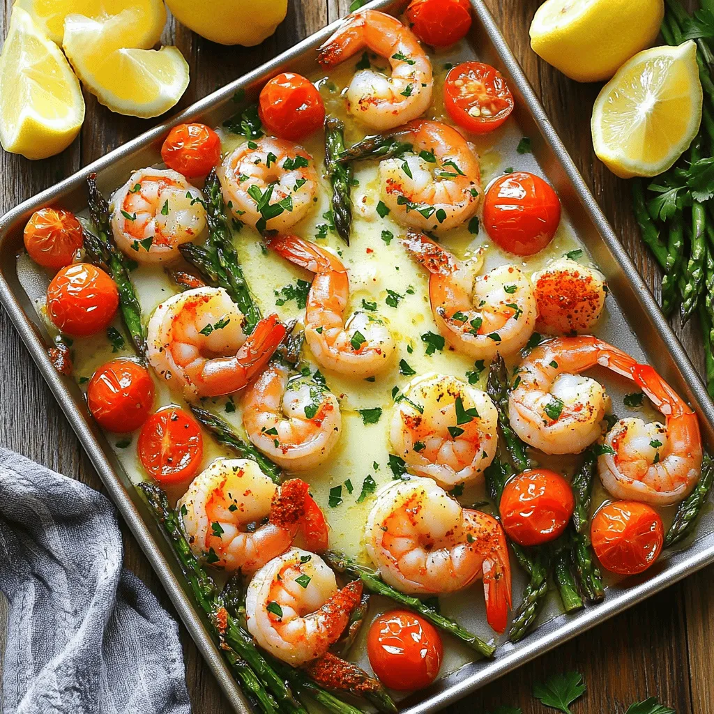 - 1 lb large shrimp, peeled and deveined - 4 tablespoons unsalted butter, melted - 4 cloves garlic, minced - 1 teaspoon smoked or regular paprika - 1 teaspoon red chili flakes - Salt and black pepper to taste - 1 cup cherry tomatoes, halved - 1 cup asparagus, trimmed and cut into 2-inch segments - 2 tablespoons fresh parsley, chopped - Lemon wedges for serving Gathering the right ingredients is key. Fresh shrimp is the star of this dish. I love using large shrimp, as they cook quickly and soak up all the garlic goodness. You can find them in most grocery stores. Unsalted butter gives the best flavor. It blends well with garlic and spices. Minced garlic adds a rich aroma. Paprika gives a slight smokiness, while red chili flakes add a little kick. Salt and black pepper enhance the dish's flavor. Cherry tomatoes add sweetness and color. Asparagus brings crunch and nutrition. Finally, parsley adds freshness, and lemon wedges give a zesty finish. - Additional herbs (thyme, oregano) - Parmesan cheese for a savory touch - Extra lemon zest for brightness You can customize this dish with optional ingredients. Fresh herbs like thyme or oregano can enhance the flavor. A sprinkle of Parmesan cheese adds a nice touch. If you love citrus, adding lemon zest brightens the dish even more. For the Full Recipe, check the section above to guide you through each step! - Preheat the oven to 400°F (200°C). - Prepare shrimp, garlic, and vegetables. First, get your oven ready by setting it to 400°F (200°C). This heat helps the shrimp cook fast and evenly. Next, grab your shrimp and make sure they are peeled and deveined. This step saves time and makes eating easier. Mince four cloves of garlic. For the veggies, wash and cut one cup of cherry tomatoes in half. Also, trim one cup of asparagus and cut it into 2-inch pieces. - Whisk together melted butter and seasonings. In a medium bowl, take four tablespoons of melted butter. Then, add the minced garlic, one teaspoon of smoked paprika, and one teaspoon of red chili flakes. You can adjust the chili flakes if you want more or less spice. Add salt and freshly cracked black pepper to taste. Whisk this mixture well until it smells wonderful. This garlic butter will add flavor to your dish. - Toss shrimp and vegetables with garlic butter. - Spread evenly on the sheet pan. In a large bowl, toss the shrimp, halved cherry tomatoes, and asparagus with the garlic butter mixture. Make sure everything gets coated well. This step adds flavor to all the ingredients. Then, transfer this mix to a large sheet pan. Spread it out evenly. Avoid crowding the shrimp; this helps them roast nicely. - Bake for 10-12 minutes. - Checking for doneness: shrimp should be pink and asparagus tender. Now, place the sheet pan in the preheated oven. Bake for about 10 to 12 minutes. Keep an eye on the shrimp. They should turn pink and opaque when they are done. The asparagus should be tender. This quick cooking method is perfect for a busy night. Enjoy your meal right after it comes out of the oven! For the complete recipe, check out the Full Recipe. To prevent shrimp from overcooking, keep a close eye on them. Shrimp cook fast, usually in 10-12 minutes. Watch for their color change. They should turn pink and opaque. If you see this, they are done. Remove them from the oven right away. For even roasting, spread the shrimp and veggies in a single layer. Avoid crowding the pan. This allows hot air to circulate. It helps everything cook evenly and get that nice roasted flavor. You can serve this dish with rice or crusty bread. Both options soak up the garlic butter sauce well. For a nice touch, you can garnish with lemon wedges. They add a fresh burst of flavor. For presentation, serve right on the sheet pan. This gives it a family-style vibe. You can also serve on individual plates. Drizzle some garlic butter sauce over each portion. It adds a lovely shine and extra flavor. Using pre-peeled shrimp saves time. You won’t waste any time peeling or deveining. Look for them in your grocery store. They are often found in the frozen section. For busy nights, meal prep is key. You can prep the shrimp and veggies ahead of time. Store them in the fridge until you’re ready to cook. This makes dinner quick and easy. Try to make the garlic butter mix in advance too. Just store it in a sealed container. For the full recipe, check out the detailed instructions. {{image_4}} You can make this meal even better! Try adding bell peppers. They add color and crunch. Zucchini is another great choice. It cooks quickly and soaks up flavor well. If you want to switch up proteins, consider chicken or scallops. Both cook well with garlic butter. Chicken adds heartiness, while scallops bring a sweet taste. Want some heat? Add more chili flakes for a spicy kick. This change will wake up your taste buds! You can also make herb-infused garlic butter. Just mix in fresh herbs like thyme or basil. This will give your dish a fresh twist and a wonderful aroma. Need to go dairy-free? Substitute butter with coconut oil or olive oil. They work well in this recipe and keep it rich. For gluten-free options, serve with rice or quinoa. These grains pair nicely with shrimp and are safe for your diet. For the full recipe, check out the link above. To store leftovers, first let the dish cool. Place the shrimp and veggies in an airtight container. You can keep it in the fridge for up to three days. Use glass or plastic containers with tight seals. This keeps the flavors fresh and tasty. For reheating, the best method is the oven. Preheat your oven to 350°F (175°C). Spread the shrimp and veggies on a baking sheet. Heat for about 10 minutes. You can also use a microwave, but it may make the shrimp chewy. Add a splash of water to keep things moist. Yes, you can freeze garlic butter shrimp! To freeze, let the dish cool completely. Place it in a freezer-safe container. Make sure to use a container that can handle low temperatures. When you're ready to eat, thaw it in the fridge overnight. Reheat well before serving for the best taste. How long to cook shrimp on a sheet pan? You should cook shrimp for about 10 to 12 minutes. They will turn pink and opaque when done. Be careful not to overcook them; they can get tough. Can I make this dish ahead of time? Yes, you can prepare the garlic butter and shrimp mix ahead of time. Store it in the fridge. Just cook it when you are ready to eat. What can I use instead of shrimp? If you want a change, try scallops or chicken. Both options work well with garlic butter. Alternatives for garlic butter? You can use olive oil mixed with minced garlic. This option is great for a lighter dish. Can I grill this instead of baking? Yes, grilling is a great choice! Just keep an eye on the shrimp to avoid overcooking. What type of sheet pan is best? A heavy-duty, rimmed sheet pan works best. It helps keep the juices in and avoids spills. What to serve with sheet pan garlic butter shrimp? Serve it with rice or crusty bread to soak up the sauce. A fresh salad pairs nicely too. Best wines to pair with shrimp dishes? A crisp white wine, like Sauvignon Blanc, complements shrimp well. It enhances the garlic butter flavor beautifully. This blog post shared a simple and tasty recipe for garlic butter shrimp. I covered all the key ingredients and the steps to make it. You learned helpful tips for cooking, serving, and storing shrimp. You can also mix things up with different vegetables or proteins. Remember, cooking should be fun and easy. Enjoy making this dish and share it with others. Happy cooking!