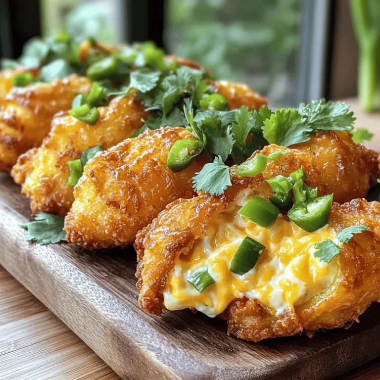 To make Jalapeño Popper Chicken, gather these key items: - 4 boneless, skinless chicken breasts - 1 cup cream cheese, softened - 1 cup shredded sharp cheddar cheese - 1/2 cup diced jalapeños - Garlic powder, onion powder, salt, and pepper (to taste) - 1 cup panko breadcrumbs - 1 tablespoon olive oil - Fresh cilantro or green onions for garnish These ingredients work together to create a rich and creamy filling. The jalapeños add heat and flavor, while the cheeses provide creaminess. The spices enhance the taste without overpowering the dish. When picking jalapeños, decide if you want fresh or pickled. Fresh jalapeños will give a crisp bite, while pickled ones add tang. You can adjust the spice level by using fewer jalapeños or removing the seeds. Make sure your cream cheese is soft. This makes blending easier and helps achieve a smooth filling. The panko breadcrumbs add a crunchy texture, making each bite more enjoyable. For the best flavor, use sharp cheddar cheese. It has a stronger taste that pairs well with the cream cheese and jalapeños. Once you have all your ingredients ready, you can follow the Full Recipe to create this delicious dish. 1. Preheat the oven to 375°F (190°C). This step warms the oven for even cooking. 2. In a bowl, mix the cream cheese and cheddar until smooth. Add the diced jalapeños, garlic powder, onion powder, salt, and pepper. Blend until well combined. 1. Take each chicken breast and carefully slice a pocket into the thickest part. Make sure not to cut all the way through. 2. Stuff each pocket with the jalapeño cheese mixture. Use toothpicks to close the opening if needed. 1. In a shallow dish, mix panko breadcrumbs with olive oil. This will make the breading crunchy. 2. Dredge each stuffed chicken breast in the panko mixture. Ensure every side is coated for a crisp finish. 3. Place the chicken on a greased baking sheet. Space them out for even cooking. 4. Bake for 25-30 minutes. The chicken should reach an internal temperature of 165°F (75°C) and turn a golden brown. 5. Let the chicken rest for 5 minutes before serving. This helps keep the juices inside. 6. Garnish with fresh cilantro or green onions for color and flavor. For the full recipe, check out the complete details above. Enjoy your delicious Jalapeño Popper Chicken! To keep chicken moist, brine it first. A simple mix of water and salt works well. Soak the chicken for about 30 minutes. This will add flavor and moisture. When stuffing your chicken, don’t rush. Use a sharp knife to make pockets. Cut slowly to avoid breaking the chicken. Once stuffed, secure with toothpicks. This keeps the filling inside while cooking. For dipping, try ranch or spicy salsa. Both add great flavors. You can also serve with a creamy avocado dip for a fresh touch. Ideal side dishes include a crisp salad or roasted veggies. Both add color and balance the meal. You can also pair with rice or quinoa for a satisfying plate. If you’re busy, prepare the chicken ahead. Stuff and coat it the night before. Store in the fridge until you are ready to bake. For leftovers, reheat in the oven. Set it to 350°F (175°C) for about 15 minutes. This keeps the chicken juicy and crisp. {{image_4}} You can switch out the cheese for a creamier feel. Try using mozzarella or pepper jack cheese. They both melt well and add a nice touch. If you want to change proteins, consider turkey or pork. These meats will also work well with the cheese and jalapeño mix. Want more heat? Add cayenne or crushed red pepper. A little goes a long way. You can toss in other veggies too, like bell peppers or corn. They add color and crunch, making the dish even better. Grilling the chicken gives it a smoky taste. Just make sure to keep an eye on it so it doesn’t dry out. You can also slow cook the chicken for a tender bite. This method allows the flavors to blend well, making each bite juicy and delicious. To keep your Jalapeño Popper Chicken fresh, store leftovers in the fridge. Place the chicken in an airtight container. This helps lock in moisture and flavor. It's best to eat leftovers within three days. If you want to save it longer, consider freezing it. Wrap the chicken tightly in plastic wrap and then in foil. This method prevents freezer burn. You can enjoy it for up to three months frozen. When it’s time to reheat, keep moisture in mind. The oven works best for this dish. Preheat your oven to 350°F (175°C). Place the chicken on a baking sheet. Cover it with aluminum foil to trap steam. Heat for about 20 minutes or until hot. The internal temperature should reach at least 165°F (75°C). You can also use a microwave, but it may dry out the chicken. If you choose this method, cover it with a damp paper towel to keep it moist. In the refrigerator, your Jalapeño Popper Chicken lasts about three days. After that, it may spoil. Signs of spoilage include a sour smell or a slimy texture. Always check before eating. If in doubt, throw it out. For frozen chicken, ensure it stays at 0°F (-18°C) or lower. This keeps it safe and tasty for three months. Keep track of how long it's been stored to enjoy it at its best quality. You can check the doneness by measuring the internal temperature. Use a meat thermometer inserted into the thickest part of the chicken. The safe temperature is 165°F (75°C). Once it reaches this temperature, your chicken is ready to eat. This ensures that it is fully cooked and safe. Yes, you can use frozen chicken breasts. First, you need to thaw them completely. The best way is to leave them in the fridge overnight. If you're short on time, you can thaw them in cold water for about an hour. After thawing, just follow the recipe as usual. There are many tasty sauces to try. A cool ranch dip works great to balance the heat. You can also use a spicy salsa for an added kick. Another option is a creamy avocado sauce for a fresh taste. Each of these will enhance the flavor of your chicken. The spice level can be adjusted to your taste. If you prefer less heat, use fewer jalapeños. You can also remove the seeds to make it milder. For more spice, add extra jalapeños or some cayenne pepper. It’s all about what you enjoy! Yes, there are ways to make it lighter. You can use low-fat cream cheese and reduce the cheese amount. Instead of panko breadcrumbs, try whole wheat crumbs or skip them altogether for a lower-calorie option. Adding more veggies can also boost the nutrition. Absolutely! You can switch up the jalapeños for milder peppers like poblano or Anaheim. If you love heat, use serrano peppers instead. Each pepper brings its own flavor, adding fun variety to the dish. It’s a great way to experiment! For the full recipe, check out the provided details. You learned how to make Jalapeño Popper Chicken, from prep to storage. This dish offers a creamy filling, crispy coating, and lots of flavor. Remember, you can add your own twist with spice or different proteins. Store leftovers right to keep them fresh. Enjoy this fun meal whether you’re cooking for yourself or sharing with others. Get creative and make this dish your own. It’s a sure hit for any dinner!