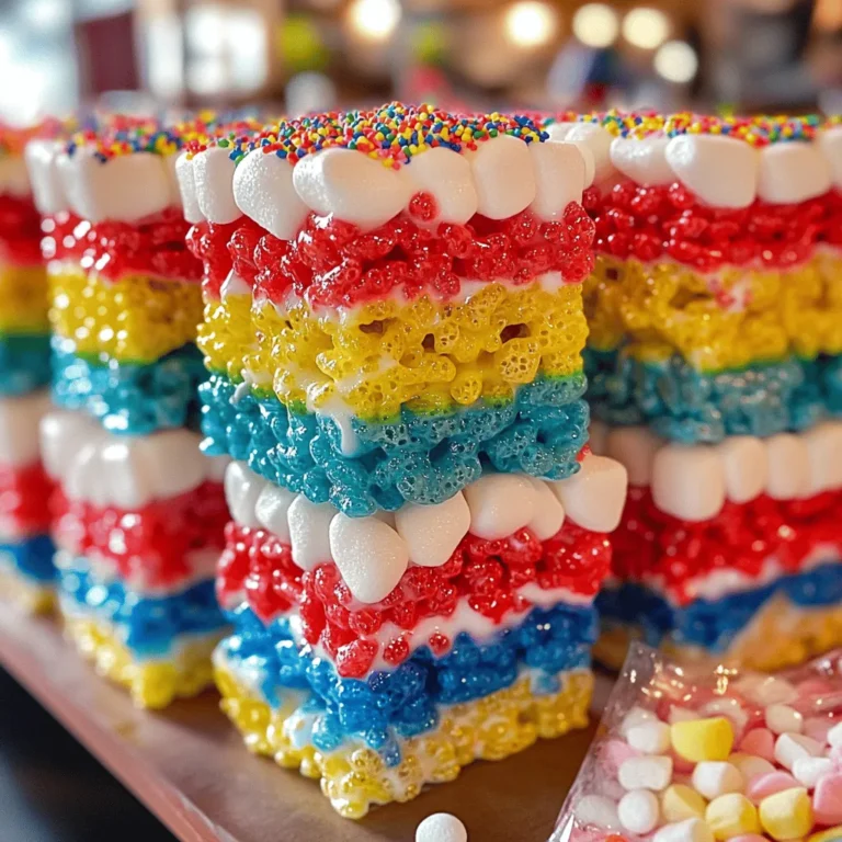 - 6 cups Rice Krispies cereal - 4 cups mini marshmallows - 3 tablespoons unsalted butter - 1 teaspoon pure vanilla extract - Food coloring (red, blue, yellow, green) - 1/4 cup rainbow sprinkles (optional) To make Rice Krispie treats, you need simple ingredients. The main ones are Rice Krispies, mini marshmallows, unsalted butter, and vanilla extract. Each of these ingredients plays a key role in the final taste and texture. Rice Krispies give that signature crunch. Mini marshmallows melt to form a gooey base when combined with butter. The butter adds richness, while vanilla gives a nice flavor boost. If you want to add some fun, consider using food coloring. You can create bright layers or swirls. Rainbow sprinkles are a fun touch for decoration. They add a pop of color and a bit of sweetness. Gather these ingredients before you start cooking. You will find the process easy and enjoyable! For the full recipe, check out Crispy Rainbow Rice Krispie Treats. - Prepare the Baking Dish: Start by prepping a 9x13 inch baking dish. Lightly grease it with butter or line it with parchment paper. This helps your treats come out easily. - Melt the Butter: In a large saucepan, set the heat to low and add the unsalted butter. Stir it often as it melts. This takes about 2-3 minutes. - Add Marshmallows: Once the butter melts, add the mini marshmallows to the saucepan. Keep stirring until they melt completely, making a smooth, creamy mix. This process takes about 5-7 minutes. - Incorporate Vanilla: Take the saucepan off the heat. Stir in the pure vanilla extract. This adds a lovely flavor to your marshmallow mix. - Color the Marshmallow Mixture: Divide the melted marshmallow into four bowls. Add a few drops of food coloring to each. Use red, blue, yellow, and green. Mix until the colors are bright and even. - Mix in Rice Krispies: In a large bowl, take 1 cup of Rice Krispies. Pour in one colored marshmallow mix. Use a spatula to fold it gently, coating each piece well. - Press into the Baking Dish: Transfer the colored mix to the baking dish. Press it down firmly with your spatula or greased hands. Make sure it is even and compact. - Layer the Colors: Repeat the mixing with the other colors. Layer each one in the dish to create bright stripes. - Cool the Treats: Let your layered treats cool at room temperature for about 30 minutes. This helps them hold their shape. - Slice and Serve: Once they cool, slice into squares or rectangles. Use a sharp knife for clean cuts. If you like, sprinkle rainbow sprinkles on top for extra fun! Enjoy your delightful and colorful crisp treats! You can find the full recipe to follow along easily. How to Achieve a Chewy Consistency To get that perfect chewy texture, don’t rush the melting process. Heat your butter on low. This keeps it smooth. When adding marshmallows, stir slowly. This helps them melt evenly. Once melted, mix in your Rice Krispies gently. Press them into the baking dish firmly but not too hard. This keeps them soft and chewy. Avoiding Overheating the Butter Overheating the butter can ruin your treats. It may turn brown and change flavor. Keep the heat low and stir often. If the butter bubbles too much, lower the heat. Always remove it from the heat before adding marshmallows. This simple step makes a big difference. Decorating Ideas for Serving Make your treats pop with fun toppings. Try adding rainbow sprinkles for a burst of color. You can also drizzle melted chocolate on top. Use a variety of colors for a festive look. Another idea is to cut them into fun shapes with cookie cutters. Fun Plating Suggestions For a great display, use a colorful platter. Arrange the squares in a rainbow pattern. You can also serve them in colorful paper liners. This adds a special touch and makes them easy to grab. Your guests will love the fun and bright presentation! Be sure to check out the Full Recipe for all the details! {{image_4}} Adding Chocolate You can easily add chocolate to your Rice Krispie treats. Simply melt some chocolate chips in a bowl. Once your marshmallow mixture is smooth, stir in the melted chocolate. This gives your treats a rich, sweet flavor. You can also drizzle melted chocolate on top for a nice finish. Incorporating Peanut Butter Peanut butter adds a creamy twist to the classic treat. Use about 1 cup of creamy peanut butter. Mix it with the melted butter before adding the marshmallows. This change brings a nutty taste that kids and adults love. You can even top your treats with crushed peanuts for extra crunch. Gluten-Free Options For gluten-free Rice Krispie treats, use gluten-free Rice Krispies. They taste the same and work well in this recipe. Ensure your marshmallows are also gluten-free. Most brands are, but it’s always smart to check the label. Vegan Adaptations To make vegan Rice Krispie treats, swap the butter for coconut oil or vegan butter. Use vegan marshmallows instead of regular ones. These simple swaps make a tasty treat everyone can enjoy. You still get that classic flavor without any animal products. Feel free to explore these variations! They keep your Rice Krispie treats fun and exciting. Want to try the full recipe? Check the Full Recipe for all the details! To keep your Rice Krispie treats fresh, store them in an airtight container. This helps prevent them from getting hard or stale. You can also wrap them in plastic wrap before placing them in the container. Make sure to keep them at room temperature. If you put them in the fridge, they may become too firm. I recommend using a glass or plastic container with a tight lid. These containers help maintain softness and moisture. Avoid metal containers, as they can trap moisture and make treats soggy. Can You Freeze Rice Krispie Treats? Yes, you can freeze Rice Krispie treats! Freezing is a great way to save leftovers for later. How to Thaw Properly To thaw, simply take them out of the freezer. Leave them at room temperature for about an hour. This will help them regain their soft texture. If you need them faster, you can use the microwave. Heat them for 10-15 seconds. Just don't overheat them; they can become too warm and sticky. Why Are My Rice Krispie Treats Hard? Your Rice Krispie treats might be hard if you added too many Rice Krispies. Use the right amount to keep them soft. Also, overcooking the marshmallows can make them tough. Always melt them slowly on low heat. Can I Use Different Cereals? Yes, you can use different cereals! Try Corn Pops, Fruity Pebbles, or even Cheerios. These can add new flavors and textures. Just make sure the cereal is crispy to hold the marshmallow mixture well. How Long Do Rice Krispie Treats Last? Rice Krispie treats stay fresh for about three days at room temperature. Keep them in an airtight container. If you want them to last longer, try freezing them for up to six weeks. Can I Make Them Ahead of Time? Yes, you can make them a day ahead. Just store them in an airtight container. They will taste just as good the next day! What Can I Add to Make Them More Fun? You can add many fun things! Try mini chocolate chips, nuts, or even dried fruit. For a colorful twist, mix in some M&M's or colorful marshmallows. You can also top them with sprinkles for a festive look. If you want to recreate this delightful treat, check out the Full Recipe for step-by-step instructions. In this post, we explored how to create classic Rice Krispie treats with tasty variations. I shared key ingredients and steps to make these snacks fun and colorful. You learned tips to get the right texture and keep them fresh. With different flavors and dietary options, there is something for everyone. Enjoy making these treats for any occasion. With a little creativity, you can impress your friends and family with your results. Now, get ready to enjoy the sweet, crunchy goodness!