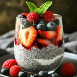 - 1/2 cup chia seeds - 2 cups almond milk (or non-dairy milk) - 2 tablespoons maple syrup (or honey) - 1 teaspoon pure vanilla extract Chia seeds are tiny but mighty! They soak up liquid and become thick. This gives our pudding a nice texture. Almond milk adds a creamy base. Use any non-dairy milk if you want. Maple syrup or honey sweetens the mix. Vanilla extract gives it a lovely flavor. - 1/4 teaspoon ground cinnamon - Fresh mint leaves for garnish Cinnamon adds warmth and depth. It’s optional, but I love it! Fresh mint leaves make the dish look pretty and fresh. They add a nice touch right before serving. - Strawberries, blueberries, raspberries - Other fruits to consider (e.g., mango, kiwi) Berries are the stars of this dish. Strawberries, blueberries, and raspberries work well together. You can even mix in other fruits like mango or kiwi. They bring sweetness and color. Feel free to get creative with your fruit choices! Check out the Full Recipe for more ideas. To start, gather your ingredients. In a medium bowl, combine the chia seeds, almond milk, and maple syrup. Add the vanilla extract for a lovely flavor. Whisk the mixture well to break up any clumps of chia seeds. Let it rest for about five minutes. This step allows the chia seeds to soak up some liquid and start swelling. Next, cover your bowl tightly with plastic wrap or a lid. Place the bowl in the refrigerator. Chill the mixture for at least two hours. For the best results, leave it in the fridge overnight. This time lets the chia seeds absorb all the almond milk and turn into a thick pudding. After chilling, take the pudding out of the fridge. Stir it again to ensure a smooth texture. Now, grab your serving glasses or bowls. Spoon the chia pudding into each glass. Layer it with fresh mixed berries for a colorful look. Alternate between pudding and berries to make it visually appealing. You can also top it with fresh mint leaves for a nice touch. For the full recipe, check the earlier section. To get the best berry chia pudding, make sure the chia seeds are well-dispersed. If they clump together, the texture will not be smooth. After mixing, allow the mixture to sit for about five minutes. This lets the seeds start to swell. Stir again to break any clumps before chilling. Chilling is key! You should let your pudding sit for at least two hours. For the best results, overnight chilling is ideal. This helps the pudding reach the perfect thick and creamy texture. When serving your berry chia pudding, use clear glasses. This showcases the beautiful layers of pudding and berries. It looks appetizing and inviting! For a touch of sweetness, drizzle extra maple syrup on top. This adds a glossy finish that makes your dish even more appealing. You can spice things up by trying different sweeteners. Honey, agave, or even coconut sugar work well. If you're feeling adventurous, add spices like nutmeg or cardamom. These will give your pudding a warm and cozy flavor. Experiment with what you love to make your pudding truly yours. {{image_4}} Using seasonal berries makes your pudding taste fresh and vibrant. Strawberries, blueberries, and raspberries all work well together. You can also try blackberries or pitted cherries for a twist. Mixing different berries adds flavor depth. Each berry has its own taste, making your pudding more exciting. If you want to skip almond milk, coconut or oat milk are great choices. Coconut milk adds a creamy texture and a hint of sweetness. Oat milk has a mild flavor that blends well with berries. This is perfect for those with lactose intolerance. Choosing non-dairy options keeps your pudding light and healthy. Not a fan of maple syrup? Low-calorie sweeteners like stevia or monk fruit work well. They keep your pudding sweet without many calories. You can adjust the amount based on your taste. Start with a little and add more if needed. This way, you can make your pudding fit your preference. For the full recipe, check out the Berry Chia Pudding Delight. Store your berry chia pudding in an airtight container. This keeps it fresh and tasty. Glass jars work great for this purpose. They are easy to clean and reuse. You can also use plastic containers with tight lids. Keep it in the fridge to maintain the best texture. The pudding can last up to five days when stored properly. Want to save time on busy mornings? Make your berry chia pudding ahead of time. Prepare a batch on Sunday night. This gives you delicious breakfasts all week. You can also make multiple servings at once. Just double or triple the recipe based on your needs. Check your pudding before eating. If it smells sour or has an off color, it’s best to toss it. Look for any mold on the surface. If you see any, do not eat it. To keep your pudding fresh, always use clean utensils when serving. This helps prevent spoilage and keeps your food safe. Yes, you can use frozen berries. They are easy to find and often cheaper. However, using frozen berries may change the texture of your pudding. They can make the pudding a bit watery when they thaw. This can also affect the flavor a little. If you use frozen berries, let them thaw before layering. You can also add them directly to the chia mixture for a quick stir-in. Berry Chia Pudding lasts about 5 days in the fridge. Store it in an airtight container for best results. The pudding stays fresh and tasty during this time. After 5 days, it may start to lose its flavor and texture. Always check for any odd smells or changes in color before eating. Yes, chia pudding is very healthy for breakfast. Chia seeds are rich in fiber, protein, and omega-3 fatty acids. This makes them a great choice for a filling meal. They can help keep you full longer. Compared to traditional breakfast options like cereal or toast, chia pudding packs more nutrition into each bite. It also provides lasting energy without a sugar crash. Berry chia pudding is simple, tasty, and healthy. You blend chia seeds, almond milk, and sweeteners to make it. Let it chill, then layer with fresh berries for a treat. Don’t forget to try different fruits or milks. This recipe is easy to adjust to your taste. Plus, it stores well for busy days. Give berry chia pudding a try. You'll enjoy creating and eating it every time.