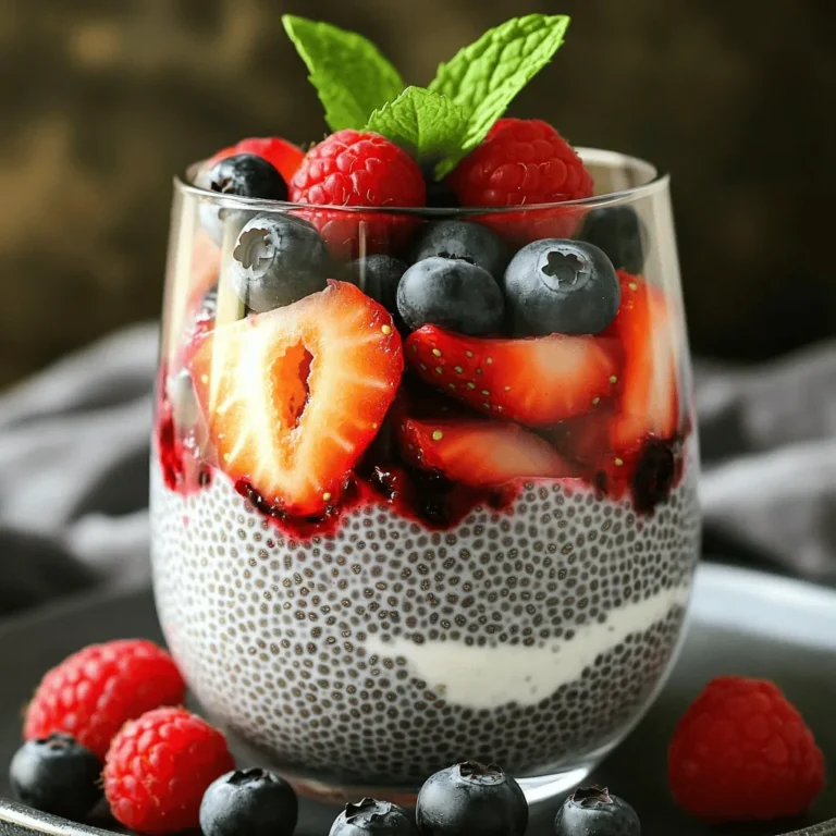 - 1/2 cup chia seeds - 2 cups almond milk (or non-dairy milk) - 2 tablespoons maple syrup (or honey) - 1 teaspoon pure vanilla extract Chia seeds are tiny but mighty! They soak up liquid and become thick. This gives our pudding a nice texture. Almond milk adds a creamy base. Use any non-dairy milk if you want. Maple syrup or honey sweetens the mix. Vanilla extract gives it a lovely flavor. - 1/4 teaspoon ground cinnamon - Fresh mint leaves for garnish Cinnamon adds warmth and depth. It’s optional, but I love it! Fresh mint leaves make the dish look pretty and fresh. They add a nice touch right before serving. - Strawberries, blueberries, raspberries - Other fruits to consider (e.g., mango, kiwi) Berries are the stars of this dish. Strawberries, blueberries, and raspberries work well together. You can even mix in other fruits like mango or kiwi. They bring sweetness and color. Feel free to get creative with your fruit choices! Check out the Full Recipe for more ideas. To start, gather your ingredients. In a medium bowl, combine the chia seeds, almond milk, and maple syrup. Add the vanilla extract for a lovely flavor. Whisk the mixture well to break up any clumps of chia seeds. Let it rest for about five minutes. This step allows the chia seeds to soak up some liquid and start swelling. Next, cover your bowl tightly with plastic wrap or a lid. Place the bowl in the refrigerator. Chill the mixture for at least two hours. For the best results, leave it in the fridge overnight. This time lets the chia seeds absorb all the almond milk and turn into a thick pudding. After chilling, take the pudding out of the fridge. Stir it again to ensure a smooth texture. Now, grab your serving glasses or bowls. Spoon the chia pudding into each glass. Layer it with fresh mixed berries for a colorful look. Alternate between pudding and berries to make it visually appealing. You can also top it with fresh mint leaves for a nice touch. For the full recipe, check the earlier section. To get the best berry chia pudding, make sure the chia seeds are well-dispersed. If they clump together, the texture will not be smooth. After mixing, allow the mixture to sit for about five minutes. This lets the seeds start to swell. Stir again to break any clumps before chilling. Chilling is key! You should let your pudding sit for at least two hours. For the best results, overnight chilling is ideal. This helps the pudding reach the perfect thick and creamy texture. When serving your berry chia pudding, use clear glasses. This showcases the beautiful layers of pudding and berries. It looks appetizing and inviting! For a touch of sweetness, drizzle extra maple syrup on top. This adds a glossy finish that makes your dish even more appealing. You can spice things up by trying different sweeteners. Honey, agave, or even coconut sugar work well. If you're feeling adventurous, add spices like nutmeg or cardamom. These will give your pudding a warm and cozy flavor. Experiment with what you love to make your pudding truly yours. {{image_4}} Using seasonal berries makes your pudding taste fresh and vibrant. Strawberries, blueberries, and raspberries all work well together. You can also try blackberries or pitted cherries for a twist. Mixing different berries adds flavor depth. Each berry has its own taste, making your pudding more exciting. If you want to skip almond milk, coconut or oat milk are great choices. Coconut milk adds a creamy texture and a hint of sweetness. Oat milk has a mild flavor that blends well with berries. This is perfect for those with lactose intolerance. Choosing non-dairy options keeps your pudding light and healthy. Not a fan of maple syrup? Low-calorie sweeteners like stevia or monk fruit work well. They keep your pudding sweet without many calories. You can adjust the amount based on your taste. Start with a little and add more if needed. This way, you can make your pudding fit your preference. For the full recipe, check out the Berry Chia Pudding Delight. Store your berry chia pudding in an airtight container. This keeps it fresh and tasty. Glass jars work great for this purpose. They are easy to clean and reuse. You can also use plastic containers with tight lids. Keep it in the fridge to maintain the best texture. The pudding can last up to five days when stored properly. Want to save time on busy mornings? Make your berry chia pudding ahead of time. Prepare a batch on Sunday night. This gives you delicious breakfasts all week. You can also make multiple servings at once. Just double or triple the recipe based on your needs. Check your pudding before eating. If it smells sour or has an off color, it’s best to toss it. Look for any mold on the surface. If you see any, do not eat it. To keep your pudding fresh, always use clean utensils when serving. This helps prevent spoilage and keeps your food safe. Yes, you can use frozen berries. They are easy to find and often cheaper. However, using frozen berries may change the texture of your pudding. They can make the pudding a bit watery when they thaw. This can also affect the flavor a little. If you use frozen berries, let them thaw before layering. You can also add them directly to the chia mixture for a quick stir-in. Berry Chia Pudding lasts about 5 days in the fridge. Store it in an airtight container for best results. The pudding stays fresh and tasty during this time. After 5 days, it may start to lose its flavor and texture. Always check for any odd smells or changes in color before eating. Yes, chia pudding is very healthy for breakfast. Chia seeds are rich in fiber, protein, and omega-3 fatty acids. This makes them a great choice for a filling meal. They can help keep you full longer. Compared to traditional breakfast options like cereal or toast, chia pudding packs more nutrition into each bite. It also provides lasting energy without a sugar crash. Berry chia pudding is simple, tasty, and healthy. You blend chia seeds, almond milk, and sweeteners to make it. Let it chill, then layer with fresh berries for a treat. Don’t forget to try different fruits or milks. This recipe is easy to adjust to your taste. Plus, it stores well for busy days. Give berry chia pudding a try. You'll enjoy creating and eating it every time.