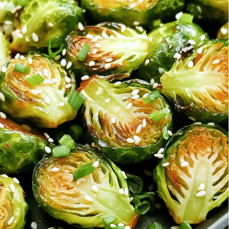 Gather the following ingredients to make Honey Sriracha Brussels Sprouts. Each one adds to the dish's sweet and spicy flavor. - 1 lb Brussels sprouts, trimmed and halved - 2 tablespoons extra-virgin olive oil - 3 tablespoons honey - 2 tablespoons sriracha sauce - 1 tablespoon soy sauce - 1 teaspoon garlic powder - 1/2 teaspoon sea salt - 1/4 teaspoon freshly ground black pepper - 1 tablespoon toasted sesame seeds - 2 green onions, finely chopped These simple yet flavorful ingredients create a perfect balance. The Brussels sprouts turn crispy, while the sauce brings sweetness and heat. This recipe is not just easy; it’s packed with flavor and nutrition. You can find the full recipe above if you need a step-by-step guide. - Preheat the Oven to 425°F (220°C) Start by setting your oven to 425°F. This high heat makes the Brussels sprouts crispy and golden. - Prepare the Brussels Sprouts Take 1 pound of Brussels sprouts and trim off the ends. Cut each sprout in half. Place them in a large bowl. Drizzle 2 tablespoons of extra-virgin olive oil over them. Toss them well to coat. This oil helps with roasting and flavor. - Make the Honey Sriracha Sauce In a small bowl, mix 3 tablespoons of honey, 2 tablespoons of sriracha sauce, 1 tablespoon of soy sauce, 1 teaspoon of garlic powder, 1/2 teaspoon of sea salt, and 1/4 teaspoon of black pepper. Whisk until smooth. This sauce adds a sweet and spicy kick. - Combine and Coat the Brussels Sprouts Pour the honey sriracha sauce over the Brussels sprouts in the bowl. Gently toss them with your hands or a spatula. Make sure every piece is coated in this flavorful sauce. - Arrange for Roasting on the Baking Sheet Line a baking sheet with parchment paper. Spread the coated Brussels sprouts in a single layer. This helps them roast evenly and stay crispy. - Roast to Perfection (25-30 minutes) Place the baking sheet in the preheated oven. Roast the sprouts for 25 to 30 minutes. Stir them halfway through to brown them evenly. You want them tender and caramelized! - Cool and Garnish the Brussels Sprouts After roasting, take the baking sheet out of the oven. Let the Brussels sprouts cool for a few minutes. This allows their flavors to settle. - Serve Beautifully with Additional Garnishes Transfer the roasted sprouts to a serving dish. Top with 1 tablespoon of toasted sesame seeds and 2 chopped green onions. This adds color and crunch. For a fun twist, drizzle some extra sriracha or add a lime wedge on the side. For the full recipe, check out the detailed instructions and measurements. Enjoy your tasty honey sriracha Brussels sprouts! To get crispy Brussels sprouts, follow these tips: - Use High Heat: Roast at 425°F (220°C) for a nice crunch. - Dry the Sprouts: Make sure Brussels sprouts are dry before adding oil. Moisture leads to steaming. - Cut Evenly: Halve Brussels sprouts into uniform pieces for even cooking. Spacing matters too. - Single Layer: Spread Brussels sprouts out on the baking sheet. This allows air to circulate. - Avoid Crowding: Too many sprouts on one sheet can make them soft. You can adjust sweetness and spice to suit your taste. - Sweetness: Add more honey for a sweeter flavor. - Spice: Increase sriracha for a hotter kick. Start small to avoid overpowering. Pair these Brussels sprouts with proteins or grains. - Meat Options: They go great with chicken or pork. - Grain Choices: Try them with rice or quinoa for a hearty meal. Presentation makes a meal special. - Creative Plating: Use a rustic bowl for a homey feel. - Garnishes: Drizzle extra sriracha or add a lime wedge for a fresh touch. Consider flavorful dips like yogurt or tahini. For more details, check the Full Recipe. {{image_4}} You can easily change up this recipe. Adding bacon gives a nice smoky flavor. Just cook it until crispy, then chop and mix it with the Brussels sprouts before roasting. The salty, crunchy bits of bacon will enhance the dish. If you want to experiment, try different sauces or marinades. Consider teriyaki for a sweet twist or a garlic soy sauce for a savory kick. Each choice will change the overall taste. Honey Sriracha Brussels sprouts can shine as a main dish. Serve them over rice or quinoa for a filling meal. They also work great as a side dish with grilled chicken or fish. You can also incorporate them into salads or bowls. Toss them with mixed greens, nuts, or grains for a hearty salad. The sweet and spicy flavor makes them a star ingredient. Seasonal veggies can add a fun twist. Consider mixing in carrots or sweet potatoes for added sweetness. Their colors and textures will create a vibrant dish. Fresh herbs or citrus zest can also lift the flavors. Adding parsley or cilantro brings freshness. A sprinkle of lemon or lime zest brightens the dish, making it even more delightful. For the full recipe, check out the Honey Sriracha Brussels Sprouts recipe. To store leftover Honey Sriracha Brussels Sprouts, let them cool first. Place them in an airtight container. This keeps them fresh and flavorful. Store them in the fridge for up to four days. If you want to keep them longer, consider freezing them. For best results, use glass or plastic containers that seal well. Avoid using aluminum foil, as it can alter the taste. Label your container with the date so you know when to use them. When reheating, the best methods are the oven or the stovetop. The microwave can make them soggy. If you use the oven, preheat it to 350°F (175°C). Spread the sprouts on a baking sheet and heat for about 10-15 minutes. This method keeps them crispy. On the stovetop, heat a non-stick pan over medium heat. Add a small amount of oil, then add the sprouts. Stir them for about five minutes until they are warm. This method helps to maintain their texture and flavor. Yes, you can freeze Honey Sriracha Brussels Sprouts! To freeze, first cool them completely. Spread them out on a baking sheet and freeze for about an hour. This prevents them from sticking together. Once frozen, transfer them to a freezer-safe bag or container. To thaw, simply place them in the fridge overnight. Reheat them in the oven or on the stovetop for the best taste. Freezing keeps their flavor intact for up to three months. Enjoy these tasty sprouts anytime! For the full recipe, visit the Honey Sriracha Brussels Sprouts page. What are the health benefits of Brussels sprouts? Brussels sprouts are packed with nutrients. They are high in vitamins C and K. These veggies also contain fiber, which helps digestion. Eating Brussels sprouts may lower the risk of some diseases. Can I make Honey Sriracha Brussels Sprouts ahead of time? Yes, you can prepare Honey Sriracha Brussels sprouts ahead. Roast them, then cool and store in the fridge. Reheat them in the oven for the best taste. What can I substitute if I don’t have sriracha? If you lack sriracha, try chili garlic sauce or hot sauce. Both options provide heat and flavor without losing the dish's essence. How do I know when Brussels sprouts are done roasting? Brussels sprouts are done roasting when they are tender and have a golden-brown color. You can pierce them easily with a fork. Can I grill Brussels sprouts instead of roasting them? Absolutely! Grilling Brussels sprouts adds a smoky flavor. Just toss them in oil and sauce, then place them on a grill basket or skewers. How many servings does this recipe make? The Honey Sriracha Brussels sprouts recipe makes about four servings. This is a great portion for a side dish at dinner. What is the calorie count for Honey Sriracha Brussels Sprouts? This dish has around 150 calories per serving. It’s a tasty way to enjoy veggies without a lot of extra calories. To make tasty Honey Sriracha Brussels sprouts, gather your ingredients and follow the steps. You learned how to roast them for the best texture and flavor. Try the tips for different tastes or add-ins. Store leftovers properly and reheat them to keep their crunch. These Brussels sprouts can be a side dish or a main meal. They are flexible and fun. Enjoy experimenting with flavors and pairings! Dive into this dish and delight in its sweet and spicy profile.