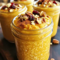 - 1 cup rolled oats - 1 cup almond milk - 1/2 cup canned pumpkin puree - 1 tablespoon chia seeds - 2 tablespoons maple syrup - 1 teaspoon pumpkin pie spice - 1/2 teaspoon vanilla extract - A pinch of salt - Optional toppings To make pumpkin spice overnight oats, you need a few simple items. Rolled oats form the base. Almond milk gives it a creamy texture. Canned pumpkin puree adds flavor and nutrition. Chia seeds thicken the mix and boost fiber. Maple syrup sweetens the oats. Pumpkin pie spice brings the fall flavor. A bit of vanilla extract adds richness. A pinch of salt enhances all the tastes. You can also add toppings like nuts or dried fruit to make it special. Pumpkin spice overnight oats are great on their own. You can add fresh fruit on top. Try berries for a sweet contrast. Nuts like walnuts or pecans add crunch. Dried cranberries provide a pop of color and flavor. Each serving should be about one cup. This recipe makes two servings, so share with a friend or save one for later. Enjoy it for breakfast or as a snack! 1. Start with a medium bowl. Add 1 cup rolled oats and 1 cup almond milk. 2. Next, add 1/2 cup canned pumpkin puree, 1 tablespoon chia seeds, 2 tablespoons maple syrup, 1 teaspoon pumpkin pie spice, 1/2 teaspoon vanilla extract, and a pinch of salt. 3. Mix all the ingredients well. Use a spoon or whisk. Make sure everything blends. The chia seeds will absorb the liquid overnight. 4. Divide the mixture into jars or containers. Leave a little space at the top for the oats to expand. - Soaking overnight is key. This helps the oats soften. - For best results, soak the oats for at least 4 hours. Overnight is better for flavor. - In the morning, give the oats a good stir. Check the thickness. If they are too thick, add a splash of milk. Stir until smooth. - Top with your favorite items. Try chopped nuts, dried cranberries, or a drizzle of almond butter. These add flavor and texture. This simple method makes delicious pumpkin spice overnight oats. Enjoy the ease of a healthy breakfast! For the full recipe, check the previous section. You can easily change the sweetness of your pumpkin spice overnight oats. If you want it sweeter, add more maple syrup. Start with the two tablespoons in the recipe, then taste. Add a bit more if you like it sweeter. You can also play with flavors. Besides pumpkin pie spice, try adding cinnamon or nutmeg. These spices give a warm taste and make it even cozier. Feel free to mix and match until you find your perfect blend. Storing your overnight oats is simple. Use airtight jars to keep them fresh. Make sure you seal them tightly after filling. You can keep your oats in the fridge for up to five days. If you notice any change in smell or texture, it’s best to toss them out. Always check before eating. You don’t need fancy tools for this recipe. All you need are: - A mixing bowl - A sturdy spoon or whisk - Airtight jars or containers for storage Using clear jars helps you see the colorful layers of your oats. This makes them look even more appealing. Try to use jars that hold about a cup for the right serving size. {{image_4}} If you want nut-free options, there are great substitutes. Instead of almond milk, try oat milk or soy milk. Both work well and keep the flavor smooth. You can also skip the nuts on top. Use seeds like pumpkin or sunflower seeds instead for crunch without nuts. To mix it up, add fun ingredients for new flavors. Mix in a tablespoon of cocoa powder for chocolatey oats. You can also add a banana or diced apples for fruity notes. Seasonal fruits like fresh berries or sliced peaches add color and taste. Get creative and find what you love! For those on a vegan diet, this recipe is already vegan-friendly! Use a plant-based milk and you’re set. To make it gluten-free, ensure your oats are certified gluten-free. You can also boost the nutrition by adding superfoods like hemp seeds or flaxseeds. These tiny seeds pack a big punch! For a more detailed guide, check the Full Recipe. Each serving of pumpkin spice overnight oats has about 300 calories. This includes a mix of carbs, protein, and fats. The oats provide energy, while the chia seeds add some protein and healthy fats. Oats and chia seeds are high in fiber. Fiber helps keep your digestive system healthy. It also keeps you feeling full longer. Pumpkin puree is rich in vitamins. It has vitamin A, which is good for your eyes. The nutrients in pumpkin can also support your immune system. Common allergens in this recipe include oats and almond milk. If you have nut allergies, use oat milk or soy milk instead. Always check labels to ensure safety. Chia seeds are generally safe, but some may have allergies. If so, consider using flax seeds as a substitute. Yes, you can make pumpkin spice overnight oats ahead of time. This recipe is perfect for meal prep. To do this, prepare the oats and store them in jars. You can make several jars at once. Keep them in the fridge for up to five days. This makes busy mornings much easier. You can keep the oats in the fridge for about five days. Make sure to seal the jars well. This keeps the oats fresh and tasty. If they start to smell or look off, it’s best to toss them out. Yes, you can use fresh pumpkin. First, cook and puree the pumpkin until smooth. You will need about half a cup. This gives a fresh taste. Just make sure to cook it well to avoid a watery mix. If you don’t have chia seeds, you can use flax seeds or even mashed bananas. Both options can help thicken your oats. Flax seeds need to be ground, while bananas add sweetness. You can also use Greek yogurt for a creamier texture. Yes, this recipe is great for kids. It is packed with fiber and nutrients. Kids usually love the sweet pumpkin flavor. You can adjust the sweetness by adding less maple syrup. This makes it even healthier for little ones. Making pumpkin spice overnight oats is simple and fun. You need rolled oats, almond milk, pumpkin puree, and a few other ingredients. These oats are not only tasty but also healthy, packed with fiber and vitamins. You can customize them with toppings and flavors to fit your taste. Enjoy serving them as a quick breakfast or snack for any age. Remember, you can prep them in advance for ease. With just a little planning, you have a nutritious meal ready to go!