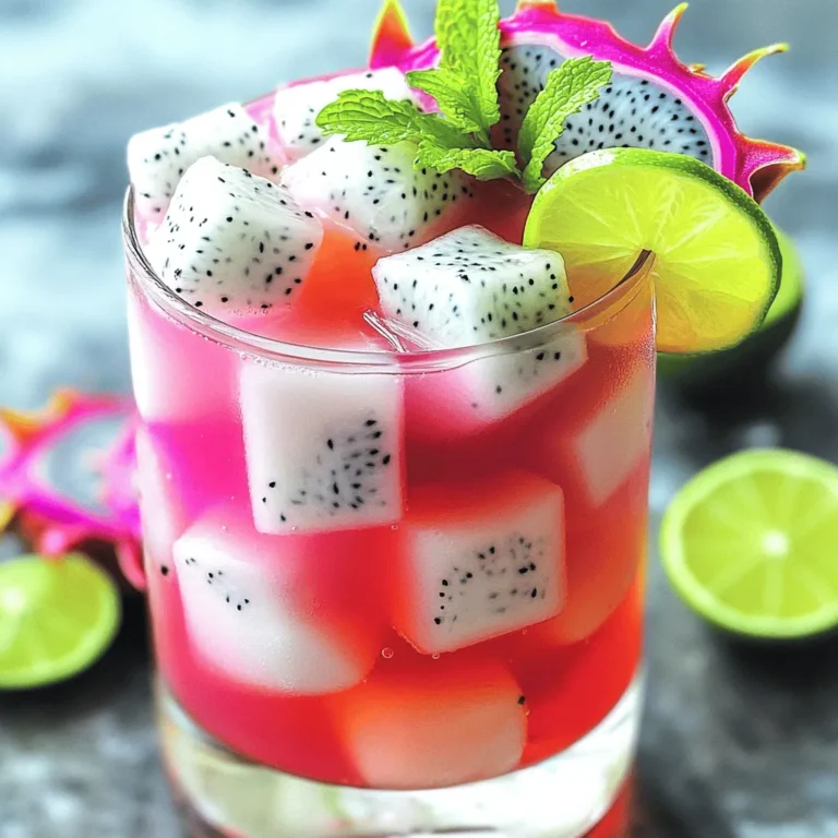 - 1 cup dragon fruit, peeled and diced - 1 cup coconut water - 1/2 cup freshly squeezed lime juice - 1 tablespoon agave syrup or honey - 1/2 cup soda water - Fresh mint leaves for garnish - Ice cubes - Optional garnishes The first step in crafting your Dragon Fruit Refresher is gathering your ingredients. I love how vibrant and fresh these items are. 1. Dragon Fruit: This fruit gives our drink a stunning pink or white color. You can use either flesh type. Both taste great and look amazing. 2. Coconut Water: Make sure it is chilled. This adds a nice tropical twist. It is hydrating and light. 3. Fresh Lime Juice: Squeeze it right before you use it. It brightens the drink and adds a zesty kick. You will need about 4-5 limes for half a cup. 4. Agave Syrup or Honey: Choose one based on your taste. Use agave for a vegan option. Honey adds a nice depth. 5. Soda Water: This adds fizz! It makes the drink lively and refreshing. You can also use sparkling water if you like extra bubbles. 6. Fresh Mint Leaves: These are not just for looks. They add a fragrant note that complements the drink. 7. Ice Cubes: You will need these to keep the drink cold. The more, the merrier! 8. Optional Garnishes: Consider adding lime slices or more dragon fruit pieces for fun visuals. You can get creative! These ingredients come together to create a beautiful and tasty drink. Get ready to impress your friends with this easy and refreshing Dragon Fruit Refresher! For the complete preparation steps, check out the full recipe. Start by making the base for your Dragon Fruit Refresher. In a blender, add: - 1 cup dragon fruit, peeled and diced - 1 cup coconut water - 1/2 cup freshly squeezed lime juice - 1 tablespoon agave syrup or honey Blend these ingredients on high speed. You want a smooth and bright mixture. This step is key for a refreshing drink. Next, strain the mixture through a fine mesh sieve into a large pitcher. This helps remove any pulp. A silky texture makes your drink enjoyable. Now, it’s time to mix in some fizz! Gently pour in: - 1/2 cup soda water Stir lightly with a spoon. This keeps the bubbles intact while mixing. After mixing, taste your refresher. If you want it sweeter, add more agave syrup. Stir well after each addition. Adjust it to your liking. Prepare your glasses with plenty of ice cubes. Fill them up to the brim! Pour the vibrant dragon fruit mixture over the ice. This keeps your drink cold and refreshing. For a beautiful presentation, garnish each glass with: - Fresh mint leaves - Optional: slices of lime or extra dragon fruit Serving in clear glasses shows off the stunning color of your drink. It looks great and tastes even better! For a fun touch, add colorful straws. Enjoy your homemade Dragon Fruit Refresher! You may not always have coconut water on hand. Here are some great swaps: - Almond Milk: It gives a nutty flavor. - Regular Water: Use cold water if you prefer. - Pineapple Juice: This adds a sweet, tropical taste. For sweeteners, you have options: - Maple Syrup: A great alternative to agave. - Stevia: A zero-calorie option for a lighter drink. - Brown Sugar: It adds a unique flavor twist. To make your drink even more fun, try adding: - Fresh Mint: It adds a cool taste. - Basil Leaves: These give a nice herb flavor. - Citrus Slices: Lime or lemon slices can brighten up the drink. For a pretty look, think about: - Colorful Straws: They make sipping more fun. - Glass Garnishes: Use slices of dragon fruit on the rim. Here are a couple of things to watch out for: - Over-blending the fruit: This can make the drink too foamy. Blend just until smooth. - Not straining properly: Straining helps remove pulp. This ensures a silky drink. {{image_4}} You can mix dragon fruit with many other fruits. Fresh berries, mango, or pineapple add great flavors. These fruits bring their own colors, too. You can use frozen fruits for a slushie effect. Just toss them in your blender with the other ingredients. They will chill your drink and make it extra refreshing. Adjusting sweetness is easy. If you like it sweet, add more agave or honey. You can also try sugar-free sweeteners like stevia or erythritol. They work well and don’t change the taste much. This way, you can enjoy your drink without extra sugar. Choosing between soda water and flat water is a fun choice. Soda water gives a fizzy feel, while flat water makes the drink smoother. You can also add flavored sparkling waters. They can add a twist like berry or citrus, making your drink even more exciting. To keep your Dragon Fruit Refresher fresh, use an airtight container. Glass jars work great. They help maintain taste and texture. Make sure the drink is cool before sealing it. In the fridge, it stays fresh for up to three days. If you notice any change in smell or taste, it’s best to toss it. If you want to save some for later, freezing is an option. Pour the drink into ice cube trays or freezer-safe containers. Leave a little space in the container for expansion. It can last up to two months in the freezer. When you're ready to enjoy it again, thaw it in the fridge overnight. For a quick thaw, place the container under warm water. This helps keep the flavor intact while making it easy to sip. To make a Dragon Fruit Refresher, follow these basic steps: 1. Blend diced dragon fruit, coconut water, lime juice, and agave syrup until smooth. 2. Strain the mixture to remove pulp for a silky texture. 3. Stir in soda water gently to keep it fizzy. 4. Taste and adjust sweetness if needed. 5. Serve over ice, garnished with mint leaves and optional fruit slices. This easy process creates a drink that's vibrant and delicious. You can find the full recipe above. Using dried dragon fruit changes the drink's flavor and texture. Dried fruit lacks moisture, which means less juice. The drink will taste sweeter but lose the fresh flavor. You may need to soak dried dragon fruit in water to soften it before blending. This method can help bring back some texture, but it won't be the same as fresh fruit. If you don't have lime juice, you can use other citrus juices. Lemon juice works well and has a similar tartness. You can also try orange juice for a sweeter taste. Grapefruit juice gives a unique flavor, but it may be more bitter. Experiment with these options to find what you like best! This article covered how to make a refreshing dragon fruit drink. We shared a detailed ingredient list, step-by-step instructions, and helpful tips. You learned about fun variations and storage tips, too. Experiment with flavors and make it your own. Enjoy your drink creation process. Remember to taste and adjust as needed. Have fun with your ingredients, and share your drink with friends. Your new favorite drink awaits!