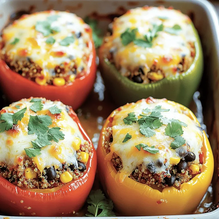 To make cheesy stuffed bell peppers, you need these key ingredients: - 4 large bell peppers (choose your favorite colors) - 1 cup cooked quinoa (or substitute with cooked rice) - 1 cup black beans, rinsed and drained - 1 cup corn (fresh or frozen works well) - 1 cup diced tomatoes (fresh or canned) - 1 teaspoon ground cumin - 1 teaspoon smoked paprika - 1 teaspoon garlic powder - 1 cup shredded cheese (cheddar or mozzarella) - ½ cup onion, finely chopped - 2 tablespoons olive oil - Salt and pepper to taste - Fresh cilantro, chopped (optional for garnish) You can customize your stuffed peppers with these optional ingredients: - Ground turkey or beef for added protein - Chopped bell pepper tops for extra flavor - Jalapeños for heat - Avocado or sour cream for topping - Cooked spinach for added nutrients When choosing bell peppers, look for these tips: - Pick peppers that are firm with smooth skin. - Choose bright colors, like red, yellow, or green. - Avoid any with blemishes or soft spots. - Select peppers that feel heavy for their size; they are more juicy. - If you can, buy organic to avoid pesticides. For a full recipe, check out the detailed instructions included above. Enjoy cooking! First, you need to prepare your bell peppers. Choose four large peppers in colors you love. Cut off the tops carefully. Use a spoon to remove the seeds and membranes from inside. This step is key for a tasty bite. Lightly brush the outside with olive oil. This helps them cook well and adds flavor. Place the peppers upright in a baking dish. Next, we’ll cook the filling. Heat two tablespoons of olive oil in a large skillet over medium heat. Add finely chopped onion. Sauté them until they turn soft and clear. This should take about three to four minutes. Then, stir in your cooked quinoa, black beans, corn, and diced tomatoes. Add ground cumin, smoked paprika, and garlic powder for flavor. Mix it all well and cook for about three to five minutes. Taste the filling and add salt and pepper as needed. With the filling ready, it's time to assemble. Take the skillet off the heat. Spoon the filling into each pepper, packing it gently. Don’t forget to leave some space for more cheese! Top each pepper with the remaining shredded cheese. Cover the dish with foil and put it in your preheated oven at 375°F. Bake for 25 minutes. After this, remove the foil and bake for another 10 minutes. This will melt the cheese and make it bubbly. Once done, let them cool for a few minutes. If you like, sprinkle fresh cilantro on top right before serving. This adds a nice touch. For more details, you can check the Full Recipe. When making cheesy stuffed bell peppers, keep these tips in mind to avoid common errors: - Pick the right peppers: Choose large, firm bell peppers. Avoid soft or wrinkled ones. - Don’t overcook the filling: Heat it just until warm. Overcooking can make it mushy. - Pack the filling gently: Fill each pepper without squishing the ingredients too much. - Cover while baking: Use foil for the first part of baking. This keeps the peppers moist. Cheese adds a rich taste to your stuffed peppers. Here are my top picks: - Cheddar: Sharp and tangy, it melts well and adds a nice flavor. - Mozzarella: Mild and stretchy, it creates a lovely cheesy texture. - Monterey Jack: Creamy and smooth, it blends nicely with other flavors. - Feta: For a twist, try feta. It adds a salty zing that brightens the dish. To round out your meal, serve your stuffed peppers with these ideas: - Side salad: A fresh green salad pairs perfectly with the cheesy flavors. - Rice or quinoa: Serve extra grains on the side for a filling plate. - Salsa or guacamole: Adds a fresh kick and complements the peppers well. - Cornbread: A slice of cornbread brings a sweet touch to your meal. For more details, check the Full Recipe for cheesy stuffed bell peppers. {{image_4}} You can make cheesy stuffed bell peppers in many ways. If you want a vegetarian dish, stick with the recipe. The black beans and quinoa provide great protein. If you prefer meat, ground beef or turkey is a tasty addition. Brown the meat in the skillet before adding the other ingredients. This will add flavor and richness. You can also mix both options for a heartier meal. Do you like things spicy? You can easily adjust the heat in your stuffed peppers. Add diced jalapeños or crushed red pepper flakes to the filling. You can also use spicy cheese, like pepper jack, for an extra kick. If you prefer mild flavors, skip the spicy ingredients. Tasting the filling before baking helps you find the right balance. Quinoa is a great base, but you can swap it out. Try rice, couscous, or even farro if you want. Each grain brings its own flavor and texture. When it comes to beans, black beans are popular, but feel free to experiment. Pinto beans or kidney beans work well too. Mixing different grains and beans can make each batch unique and exciting. For the full recipe, check the details above. Store your cheesy stuffed bell peppers in an airtight container. Let them cool first. Place parchment paper between layers if you stack them. This keeps them fresh for up to three days in the fridge. If you want to save space, slice them in half. To freeze, wrap each stuffed pepper in plastic wrap. Then place them in a freezer-safe bag. They can last in the freezer for up to three months. When you are ready to eat, just thaw them overnight in the fridge before cooking. Reheat your peppers in the oven for the best taste. Preheat the oven to 350°F (175°C). Place the peppers in a baking dish and cover with foil. Heat for about 20 minutes, or until warm. For a crispy top, remove the foil for the last five minutes. Enjoy them just like you did the first time! Yes, you can prepare Cheesy Stuffed Bell Peppers ahead of time. Make the filling and stuff the peppers. Then, cover them and keep them in the fridge for up to 24 hours. When ready to cook, just bake them as directed. This method saves time and makes a great weeknight meal. To make Cheesy Stuffed Bell Peppers gluten-free, choose gluten-free grains. Use quinoa or rice, as both are safe options. Check your canned beans and tomatoes for gluten-free labeling. Avoid any sauces or spices that may contain gluten. This way, everyone can enjoy these tasty peppers. For conventional ovens, bake the stuffed peppers at 375°F (190°C) for about 35 minutes. If you use a convection oven, reduce the temperature to 350°F (175°C) and check them at 30 minutes. Always check if the cheese is melted and bubbly. For toaster ovens, keep an eye on them, as cooking times may vary. Stuffed bell peppers are easy to make and delicious. We covered essential and optional ingredients, plus tips for picking the best peppers. You learned how to prepare the filling, assemble, and bake them right. We shared ways to avoid common mistakes, the best cheeses to use, and serving ideas. Variations like vegetarian and spicy options add fun to your meals. Lastly, proper storage and reheating tips will keep leftovers fresh. With all these ideas, you can create tasty stuffed peppers for any meal. Enjoy cooking!