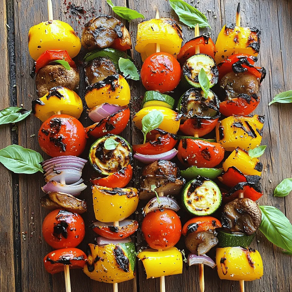 - 1 large red bell pepper, cut into 1-inch chunks - 1 large yellow bell pepper, cut into 1-inch chunks - 1 medium zucchini, sliced into thick rounds - 1 large red onion, cut into wedges - 8 cherry tomatoes, whole - 1 cup mushrooms (button or cremini), halved - 3 tablespoons extra virgin olive oil - 2 tablespoons balsamic vinegar - 2 cloves garlic, finely minced - 1 teaspoon dried oregano - 1 teaspoon smoked paprika - Salt and freshly ground black pepper, to taste - Fresh basil leaves When I create grilled veggie skewers, I always start with these fresh vegetables. Red and yellow bell peppers bring sweetness and color. Zucchini adds a nice texture, while red onion gives a mild bite. Cherry tomatoes burst with flavor, and mushrooms soak up all the marinade goodness. For the marinade, I use extra virgin olive oil for richness and balsamic vinegar for tang. Minced garlic adds depth, while dried oregano and smoked paprika give that extra kick. I always season with salt and pepper to bring all the flavors together. Don't forget the fresh basil! It adds a lovely touch just before serving. Check out the Full Recipe for more details on how to prepare these delightful skewers. First, preheat your grill to medium-high heat. Aim for about 400°F (200°C). This heat gives the veggies nice grill marks and a great flavor. While your grill heats, soak your wooden skewers in water for 10-15 minutes. This step keeps the skewers from burning while grilling. In a large bowl, combine three tablespoons of extra virgin olive oil, two tablespoons of balsamic vinegar, and two finely minced garlic cloves. Add one teaspoon of dried oregano, one teaspoon of smoked paprika, and a pinch of salt and fresh pepper. Whisk until it blends well. This marinade adds a punch of flavor to your veggies. After the veggies soak in the marinade for about 15 minutes, it's time to assemble. Start threading the marinated vegetables onto the soaked skewers. Use red and yellow bell peppers, zucchini, red onion, cherry tomatoes, and mushrooms. Alternate the colors and types of veggies. Aim for 2-3 pieces of each per skewer. This keeps your skewers colorful and fun! For the full recipe, check out the complete instructions. - Grill temperature settings: Preheat your grill to medium-high heat, around 400°F (200°C). This temperature gives a nice char without burning the veggies. - Turning skewers for even cooking: Turn the skewers every 2-3 minutes. This step helps the vegetables cook evenly, ensuring each side gets that perfect grill mark. - Recommended marination time: Marinate your veggies for about 15 minutes. This short time allows flavors to soak in well. - Enhancing flavor absorption: Toss the vegetables gently in the marinade. This action helps coat each piece well, leading to a burst of flavor in every bite. - How to prevent vegetables from falling off: Use soaked wooden skewers. Soaking prevents burning and helps keep the veggies in place while grilling. - Best practices for arranging skewers: Alternate colors and types of veggies on each skewer. This not only looks nice but also ensures a mix of flavors in every bite. For a complete guide, check the Full Recipe for Grilled Veggie Skewers. {{image_4}} You can mix and match vegetables based on what you like or what’s in season. Here are some great ideas: - Asparagus for a crunchy bite. - Eggplant for a meaty texture. - Sweet corn for a juicy pop. - Bell peppers of all colors for a rainbow effect. If you have allergies, you can swap out ingredients easily. For instance, if you can't have mushrooms, try using zucchini or squash. You can also use any firm vegetable that holds its shape on the grill. Changing the marinade can give your skewers a fresh taste. Here are some options: - Use avocado oil instead of olive oil for a different flavor. - Try lime juice or vinegar for a tangy kick. - Add cumin or chili powder for a spicy twist. You can also mix in fresh herbs like cilantro or parsley for added flavor. This way, you can customize the taste for your family or guests. These skewers fit many diets. They are naturally vegan and vegetarian. If you want gluten-free skewers, just ensure your marinade has no gluten ingredients. You can also mix in plant-based protein like tofu or tempeh for a heartier meal. These variations allow everyone to enjoy grilled veggie skewers. Whether you use the full recipe or change it up, you can create a dish that suits your taste and dietary needs. To store your grilled veggie skewers, place them in an airtight container. Keep them in the fridge. They will stay fresh for up to three days. Make sure they cool down before sealing the container. Avoid letting them sit out too long to keep bacteria at bay. When reheating grilled veggies, use a microwave or oven. If you use a microwave, heat in short bursts. This helps keep them from becoming mushy. If you prefer the oven, set it to 350°F (175°C). Place the skewers on a baking sheet for about 10 minutes. You can also add them to a stir-fry for a quick meal. Meal prepping skewers is easy. Chop your veggies and marinate them a day ahead. Store the veggies in the marinade in the fridge. When you’re ready to cook, just skewer and grill. You can also freeze the marinated veggies. Just place them in a freezer bag. They will last up to three months. Thaw them in the fridge overnight before grilling. This makes cooking quick and fun! For the full recipe, check the earlier section. Grilled veggie skewers last about 3 to 4 days in the fridge. Store them in an airtight container to keep them fresh. If you want to freeze them, they can last up to 3 months. Just remember, freezing may change their texture when thawed. Yes, you can use frozen vegetables for your skewers. Just remember to thaw them first. Pat them dry to remove excess moisture before skewering. This step helps prevent steaming instead of grilling. Grill frozen veggies for a few extra minutes. Check for doneness by piercing them with a fork. I love serving grilled veggie skewers with a variety of dips. Here are some great options: - Hummus: A classic choice with a creamy texture. - Tzatziki: A refreshing yogurt-based dip with cucumber. - Balsamic glaze: Adds a sweet and tangy flavor. - Chimichurri: A zesty sauce made from herbs and oil. These dips enhance the flavors and make your meal even more enjoyable. For the full recipe, dive into the details and get grilling! Grilling veggie skewers is fun and simple. You learned about key ingredients, marinades, and assembly tips. These steps keep your vegetables fresh and tasty. Remember to let your skewers soak and marinate well for great flavors. Explore different veggies and marinades to match your taste. Storing leftovers and prepping ahead can save you time. Dive into this delicious cooking method that caters to many diets. Enjoy delicious skewers with friends and family; they’re sure to please!