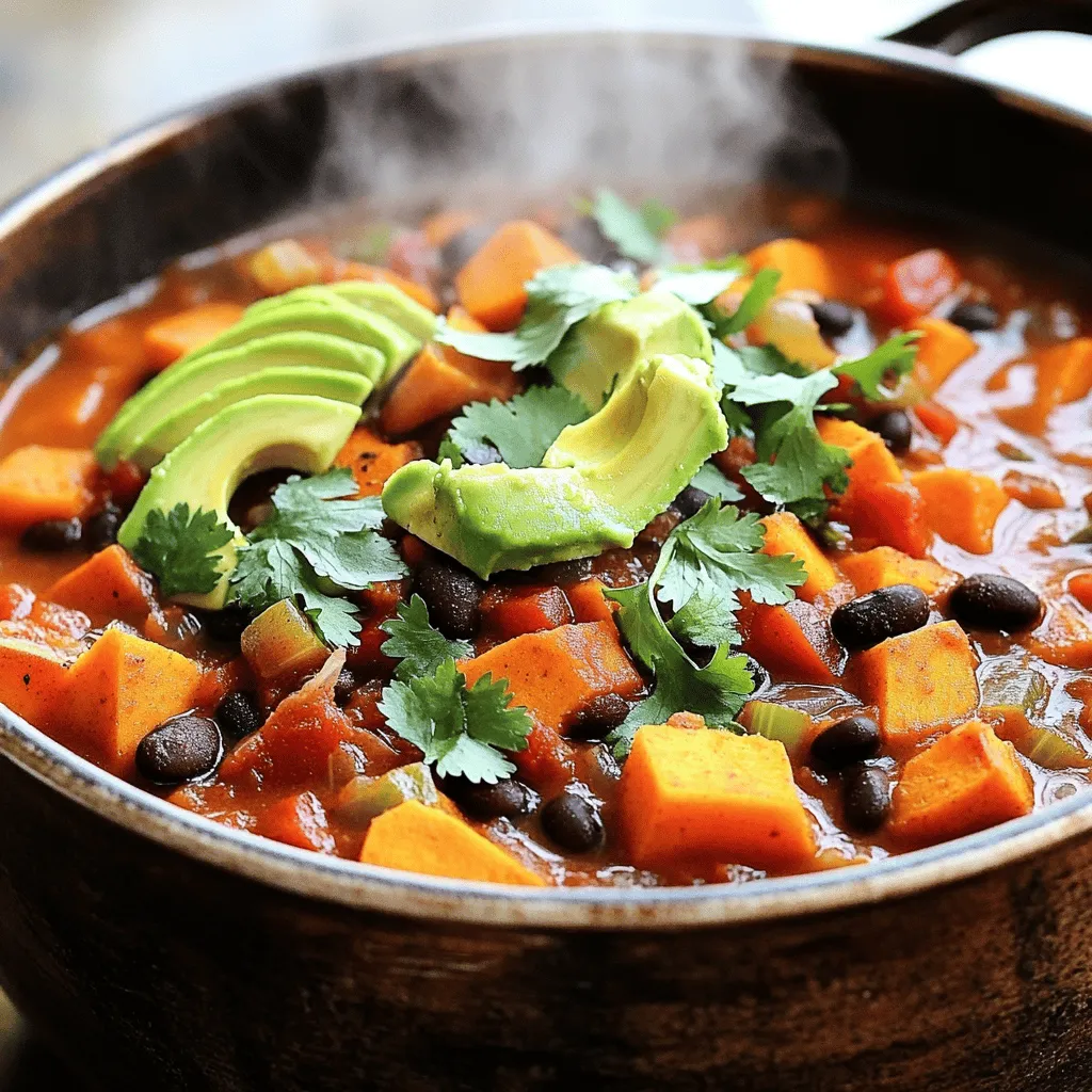 To make Vegan Sweet Potato Black Bean Chili, you need to gather some key ingredients. Each one plays a role in building rich flavors and textures. Here’s what you will need: - Sweet potatoes - Black beans - Diced tomatoes - Onion - Garlic - Bell pepper - Vegetable broth - Spices and seasoning - Olive oil - Garnishes Sweet potatoes bring a natural sweetness, while black beans add protein and fiber. Diced tomatoes give the chili a juicy base. Onion and garlic enhance the overall flavor, making it fragrant and savory. Bell pepper adds crunch and color. Vegetable broth ties everything together, providing depth. For spices, use chili powder, cumin, smoked paprika, and cayenne pepper to create warmth and spice. Olive oil helps in sautéing the vegetables and adds richness to the dish. Finally, garnishes like fresh cilantro and avocado elevate the dish to new heights, adding freshness and creaminess. If you want to dive deeper into making this dish, check out the Full Recipe. It gives you all the steps needed to create this savory delight. - Sauteeing the Vegetables Start by heating olive oil in a large pot over medium heat. Add the chopped onion and diced bell pepper. Cook for about five minutes until the onion is soft and clear. This step builds a flavorful base for your chili. - Mixing in the Sweet Potatoes and Spices Next, add the minced garlic. Sauté it for one minute to release its wonderful aroma. Then, mix in the sweet potatoes. Add chili powder, cumin, smoked paprika, cayenne pepper, salt, and black pepper. Stir well to coat the sweet potatoes evenly with the spices. - Simmering the Chili Pour in vegetable broth and the can of diced tomatoes, including their juices. Stir everything together, then bring the pot to a gentle simmer. Cover the pot and let it cook for about 20 minutes. This allows the sweet potatoes to soften. - Incorporating the Black Beans After 20 minutes, check the sweet potatoes. If they are fork-tender, gently fold in the rinsed black beans. Allow the chili to simmer for an additional five minutes. This helps the beans heat through and blend with the flavors. - Final Seasoning Adjustments Taste your chili before serving. Adjust the seasoning as needed by adding more salt, pepper, or cayenne for extra heat. Serve the chili hot, garnished with fresh cilantro and, if you like, slices of avocado on top. Enjoy this savory delight! For the full recipe, click here. - Ensuring the perfect texture for sweet potatoes To get sweet potatoes just right, cut them evenly. Aim for 1/2-inch cubes. This size cooks well and gives a nice bite. Boil or steam them for 10 minutes before adding if you want a softer texture. - How to adjust the spice level Start with the basic spice amounts. Taste your chili after simmering. If you want it spicier, add more cayenne pepper or chili powder. You can also serve hot sauce on the side for extra heat. - Best practices for sautéing aromatics Heat your olive oil over medium heat before adding onions. Cook them until soft, about 5 minutes. Add garlic last, cooking for just a minute. This way, you keep the garlic’s flavor strong. - Serving suggestions for enjoyment Serve the chili in warm bowls. A sprinkle of cilantro on top makes it bright. Adding avocado slices gives a creamy touch. For added crunch, serve with tortilla chips or crusty bread. - How to serve with optional sides You can pair your chili with rice or quinoa for a hearty meal. A side salad adds freshness. Try a simple green salad with lemon dressing. This balance helps cut the chili's richness. {{image_4}} You can switch out beans in this chili. If you like, use pinto or kidney beans instead of black beans. Each type adds its own flavor. You can also try lentils for a different twist. For toppings, consider using fresh salsa or a dollop of vegan sour cream. You can also add nutritional yeast for a cheesy flavor. Seasonal vegetables work great here. In the fall, add pumpkin or butternut squash. In the spring, try zucchini or asparagus. They’ll enhance the dish and add color. To change the spiciness, adjust the cayenne pepper. Add a pinch for mild chili or more for a kick. You can also add jalapeños for extra heat. For depth, add fresh herbs like thyme or oregano. A splash of lime juice brightens the flavors too. Try a dash of cinnamon for warmth. This gives a unique taste that surprises the palate. These variations allow you to personalize your chili. You can create a dish that fits your taste perfectly. For a detailed guide, check out the Full Recipe. To keep your vegan sweet potato black bean chili fresh, store it in an airtight container. Place it in the fridge within two hours of cooking. This helps prevent bacteria growth. It stays great for about 4 to 5 days. When reheating, add a splash of vegetable broth if it seems too thick. Heat it on the stove over low heat or in the microwave until hot. Stir it halfway through to ensure even heating. For longer storage, you can freeze the chili. Use a freezer-safe container or bag. It will last for up to 3 months in the freezer. Thaw it in the fridge overnight before reheating. This keeps the flavors intact and makes it easy to enjoy later. In the fridge, your chili lasts about 4 to 5 days. After that, it may start to spoil. Check for signs like off smells, discoloration, or mold. If you see any of these signs, throw it away. It's always better to be safe. If you freeze the chili, it can last for up to 3 months. After this time, the taste may fade, but it will still be safe to eat. Just make sure to label your containers with the date you made it. This way, you can track how long it's been stored. Can I make this chili in a slow cooker? Yes, you can make this chili in a slow cooker. Just add all the ingredients to the slow cooker. Cook on low for 6-8 hours or on high for 3-4 hours. This method allows the flavors to blend beautifully. What can I serve with vegan chili? You can serve this chili with cornbread, rice, or tortilla chips. A fresh salad or avocado slices also pairs well. These sides add texture and flavor to the meal. Is this recipe gluten-free? Yes, this recipe is gluten-free. All the ingredients, like sweet potatoes and black beans, are naturally gluten-free. Just check the labels on your canned items to be sure. Can I add more vegetables to the chili? Absolutely! You can add bell peppers, zucchini, or spinach. Just chop them into small pieces and add them while cooking. This adds more nutrients and flavors. How do I thicken my chili if it's too watery? If your chili is too watery, you can mash some of the sweet potatoes. This will thicken the chili without changing the taste. You can also add a bit of cornstarch mixed with water. In this blog post, we explored a delicious vegan chili recipe using simple ingredients. You learned how to prepare, cook, and store your chili. I shared tips for great texture and flavor adjustments. Consider trying ingredient substitutions for variety. This chili is easy to customize and enjoy. Remember, you can serve it in many fun ways. With these steps, you’re ready to make a hearty dish. Happy cooking!
