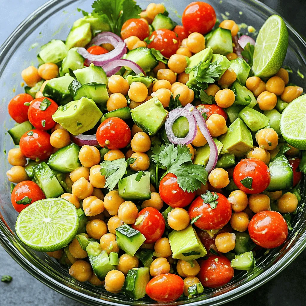 To make a tasty avocado chickpea salad, gather these fresh ingredients: - 1 can (15 oz) chickpeas, thoroughly drained and rinsed - 2 ripe avocados, carefully diced into bite-sized pieces - 1 cup cherry tomatoes, halved for a burst of flavor - 1 small red onion, finely chopped for a bit of crunch - 1 medium cucumber, diced into refreshing chunks - 1/4 cup fresh cilantro, finely chopped for a herby kick - 2 tablespoons extra virgin olive oil - 1 tablespoon freshly squeezed lime juice - 1 teaspoon ground cumin for a warm, earthy note - Salt and freshly ground black pepper, to taste This salad is not just delicious; it's also healthy. Each serving is packed with protein from chickpeas and healthy fats from avocados. Here’s a quick look at the nutritional benefits: - Calories: About 250 per serving - Protein: 8g, great for muscle repair - Fiber: 10g, helps with digestion - Fat: 15g, mostly healthy fats - Vitamins: Rich in vitamins C, K, and E Before you start cooking, make sure you have the right tools. Here’s what you need: - A large mixing bowl for combining ingredients - A small bowl for whisking the dressing - A cutting board for chopping vegetables - A sharp knife for easy slicing - A whisk or fork to mix the dressing - A spoon for gently mixing the salad These tools make the process smooth and quick. For the full recipe, refer to the complete guide above. Enjoy the fresh flavors in every bite! First, gather all your ingredients. You need: - 1 can (15 oz) chickpeas, thoroughly drained and rinsed - 2 ripe avocados, carefully diced into bite-sized pieces - 1 cup cherry tomatoes, halved - 1 small red onion, finely chopped - 1 medium cucumber, diced - 1/4 cup fresh cilantro, finely chopped - 2 tablespoons extra virgin olive oil - 1 tablespoon freshly squeezed lime juice - 1 teaspoon ground cumin - Salt and freshly ground black pepper, to taste In a large bowl, combine the chickpeas, diced avocados, halved cherry tomatoes, chopped red onion, and diced cucumber. Mix gently to keep the avocado pieces intact. Next, sprinkle the chopped cilantro over your salad mix for a fresh touch. In a small bowl, whisk the olive oil, lime juice, cumin, salt, and pepper. This dressing adds a zesty flavor. Drizzle the dressing over the salad. Carefully toss everything together so the avocados stay whole. Taste your salad. You may want to add more lime juice or salt. Let the salad sit for about 10 minutes. This helps the flavors blend well together. Serve your salad chilled or at room temperature. It looks great in a large, clear glass bowl. Garnish with lime wedges and extra cilantro on top. This adds a nice touch and makes your dish pop. Enjoy your vibrant and tasty avocado chickpea salad! For the full recipe, check out the earlier section. To pick the best avocados, look for ones that yield slightly when you press them. If they feel hard, they need more time to ripen. If they feel too soft, they may be overripe. A dark green or black skin often means the fruit is ripe. Avoid any with large dark spots or wrinkles, as these might indicate bad spots inside. Rinsing chickpeas is easy but important. Start by pouring the chickpeas into a colander. Rinse them under cold water for about 30 seconds. This removes the canning liquid and helps reduce sodium. It also helps improve the salad's texture. Drain them well, or they can make your salad watery. Taste is key in any dish. After mixing your salad, give it a taste. You may want more lime juice or salt. If you love heat, try adding a pinch of chili powder. Fresh herbs can also brighten the flavors. Always start with small amounts, then add more as needed. This way, you can create a salad that fits your taste perfectly. For the full recipe, check out the [Full Recipe]. {{image_4}} You can make this salad even better by adding protein. Feta cheese brings a creamy texture and tangy taste. Just crumble some on top before serving for a salty kick. If you prefer meat, grilled chicken adds heartiness. Chop it up and mix it in with the other ingredients. Both options turn this dish into a filling meal. For a vegan twist, replace feta with tofu or vegan cheese. Tofu absorbs flavors well and adds protein. You can also use nuts like almonds or sunflower seeds. They give crunch and healthy fats. This keeps the salad tasty and satisfying while sticking to vegan choices. You can elevate flavors by adding spices or extra veggies. Try a pinch of smoked paprika to add warmth. You can also mix in bell peppers for sweetness or jalapeños for heat. Fresh herbs like mint or basil add brightness too. Experiment with these options to create your own unique version of the avocado chickpea salad. Explore the full recipe for more ideas. To store leftovers, place your avocado chickpea salad in a bowl. Cover it tightly with plastic wrap or a lid. If you have extra dressing, keep it separate to avoid soggy salad. This way, your salad stays fresh and tasty. Use glass or plastic containers with airtight lids. These containers keep the salad fresh longer. Glass containers are best if you want to avoid stains. They also help you see the salad's vibrant colors. The salad stays fresh for about 2 to 3 days in the fridge. However, the avocados can brown quickly. To slow this down, add lime juice to the salad. This helps keep the color bright. If you see browning, simply mix the salad well before serving. Avocado chickpea salad lasts about 1-2 days in the fridge. The avocados can brown quickly. To keep it fresh, store it in an airtight container. You can also add lime juice to slow browning. Yes, you can make this salad in advance. Just prepare the chickpeas, veggies, and dressing. Store them separately until you are ready to serve. This keeps the avocados fresh and the salad crisp. You can add many tasty ingredients to this salad. Here are some ideas: - Feta cheese for creaminess and flavor. - Grilled chicken for extra protein. - Bell peppers for crunch and color. - Corn for sweetness and texture. - Spinach or kale for added greens. These additions can make your salad even more delightful! Want to explore more? Check out the Full Recipe for different combinations. In this blog post, we covered how to make a delicious avocado chickpea salad. We discussed the key ingredients and their nutrition, plus important kitchen tools. You learned step-by-step instructions for preparation and serving. We shared tips on perfect avocados and rinsing chickpeas. You explored variations, including protein options and vegan substitutes. Lastly, we went over storage tips to keep your salad fresh. Now, you have all the tools to create a tasty, healthy dish. Enjoy making and sharing your salad!
