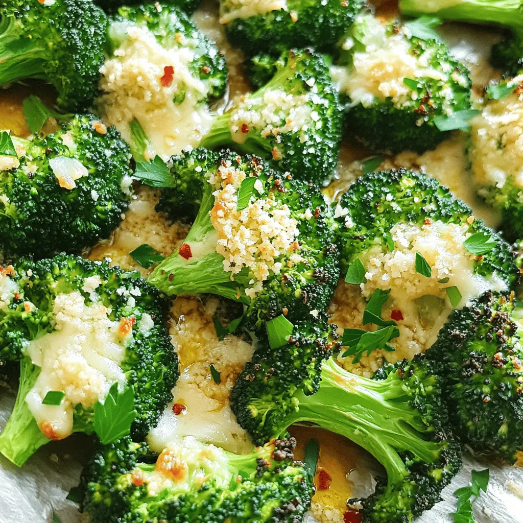 To make Garlic Parmesan Roasted Broccoli, you need these key ingredients: - 1 large head of broccoli, cut into bite-sized florets - 3 tablespoons extra virgin olive oil - 4 cloves of garlic, finely minced - 1/2 cup freshly grated Parmesan cheese - Zest of 1 lemon - Sea salt and freshly ground black pepper, to taste You can add some extra flavor with these optional ingredients: - 1/2 teaspoon red pepper flakes (for a spicy kick) - 2 tablespoons fresh parsley, finely chopped (for garnish) These extras can make the dish pop even more. The red pepper flakes bring spice, while the parsley adds freshness and color. Gather these tools to make cooking easier: - Baking sheet - Parchment paper - Mixing bowl - Knife and cutting board - Measuring spoons Having the right tools helps you work faster and keeps your kitchen organized. Once you have everything ready, you can follow the Full Recipe to create this delightful side dish. Start by washing the broccoli well. Cut it into bite-sized florets. This helps it cook evenly. Next, gather your ingredients: olive oil, garlic, lemon zest, and seasonings. Place the florets in a large bowl. Add three tablespoons of olive oil. Then, toss in four cloves of minced garlic. Zest one lemon over the mixture for a fresh taste. If you like spice, add red pepper flakes. Season with salt and pepper to your liking. Mix everything until the broccoli is coated well. Preheat your oven to 400°F (200°C). Line a baking sheet with parchment paper. This makes cleanup easy and keeps the broccoli from sticking. Spread the broccoli on the sheet in a single layer. Make sure the pieces do not touch. This helps them roast nicely. Place the sheet in the oven. Roast the broccoli for about 15 minutes. Keep an eye on it. It should start to get tender and a bit brown. After 15 minutes, take the baking sheet out of the oven. Evenly sprinkle 1/2 cup of grated Parmesan cheese over the broccoli. This adds a rich flavor. Return the baking sheet to the oven. Roast for another 10 to 12 minutes. The cheese should melt and turn golden. The broccoli will get crispy edges. Once it looks perfect, take it out of the oven. Garnish with fresh parsley for color. Serve warm and enjoy this tasty side dish. For the complete recipe, check the Full Recipe section. Roasting broccoli brings out its sweet flavor. Start with fresh, firm broccoli. Cut it into bite-sized florets. This helps them cook evenly. Use a large bowl for mixing. Coat the florets well with olive oil and seasonings. Spread them out on the baking sheet. Make sure they don't touch. This allows hot air to circulate and roast them well. To get that perfect crunch, roast at 400°F (200°C). This high heat helps crisp the edges. Roast for about 15 minutes before adding cheese. Then, sprinkle the Parmesan and roast for another 10-12 minutes. Keep an eye on them. You want them golden and crispy but not burnt. Let them cool slightly before serving to keep the crunch. While garlic and Parmesan are classic, feel free to explore. Try adding lemon juice for extra zing. You can also use smoked paprika for a smoky flavor. For a spicy twist, add more red pepper flakes or chili powder. Even a sprinkle of Italian herbs can work well. Mix and match to find your favorite flavor profile. For the complete recipe, check out the [Full Recipe]. {{image_4}} You can make Garlic Parmesan Roasted Broccoli even better by adding other vegetables. Carrots, bell peppers, and asparagus work well. They all roast nicely and gain great flavor. Just cut them into similar sizes to the broccoli. Toss them with the same olive oil and seasonings. This adds color and makes your dish more fun. You can use any veggies you enjoy! If you like a kick, try Spicy Garlic Parmesan Broccoli. Just add red pepper flakes to the mix. Use about half a teaspoon or more if you love heat. Toss the flakes with the broccoli, garlic, and olive oil. The heat balances with the cheese and makes each bite exciting. This simple change can turn a mild dish into a spicy delight! You can switch up the cheese for different flavors. If you want a dairy-free option, try nutritional yeast. It gives a cheesy taste without dairy. For a stronger flavor, use Pecorino Romano instead of Parmesan. It has a saltier and sharper taste. You can also mix in cheddar or feta for a twist. These changes keep the dish fresh and exciting. For the full recipe, check out the Garlic Parmesan Roasted Broccoli details above! After you enjoy your Garlic Parmesan Roasted Broccoli, store any leftovers in an airtight container. Make sure the broccoli has cooled to room temperature first. This keeps the flavor fresh and prevents sogginess. You can store it in the fridge for up to three days. To reheat, place the broccoli on a baking sheet. Preheat your oven to 350°F (175°C). Roast it for about 10 minutes. This helps to keep it crispy. You can also microwave it, but it may lose some crunch. Heat it for 30 seconds, then check and stir if needed. You can freeze leftover roasted broccoli if you want to keep it longer. First, let it cool completely. Spread the broccoli on a baking sheet and freeze for one hour. Once frozen, transfer it to a freezer bag. It can last up to three months. When you’re ready to enjoy it, thaw it overnight in the fridge and reheat as mentioned above. For the full experience, check the [Full Recipe](#). Yes, you can use frozen broccoli. Just remember to thaw and drain it. Frozen broccoli may not get as crispy as fresh. For the best flavor, I suggest using fresh broccoli. It holds up better to roasting and gives a nice crunch. To keep broccoli crisp, follow these simple steps: - Make sure to preheat your oven. - Use a parchment-lined baking sheet. - Spread the broccoli out in a single layer. - Avoid overcrowding the pan. - Roast at a high temperature, like 400°F (200°C). These tips help keep the broccoli firm and flavorful. Garlic Parmesan Roasted Broccoli pairs well with many dishes. Here are some ideas: - Grilled chicken or fish for lean protein. - Pasta with a light sauce for a hearty meal. - Quinoa or rice for extra texture. - A fresh salad for a balanced plate. You can also enjoy it as a snack on its own. For the full recipe, check out the complete guide. Roasting broccoli with garlic and parmesan is simple and tasty. We covered the key ingredients, tools, and a step-by-step guide. You can add flair with spices or other veggies. Remember to store leftovers wisely and reheat them well. This dish fits any meal and offers a healthy boost. Enjoy making your own perfect crunchy garlic parmesan broccoli!