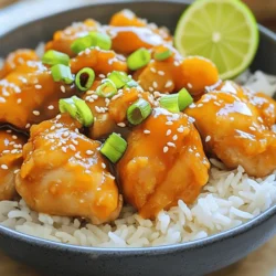 - 1 pound boneless, skinless chicken thighs, cut into bite-sized pieces - 1 cup freshly squeezed orange juice - 2 tablespoons soy sauce - 3 tablespoons honey - 2 cloves garlic, minced - 1 tablespoon fresh ginger, grated - 1 tablespoon sesame oil - 1 teaspoon chili flakes (optional, for heat) - 1 tablespoon cornstarch mixed with 2 tablespoons water (slurry) - 2 green onions, thinly sliced (for garnish) - Sesame seeds (for garnish) In this recipe, we focus on fresh flavors. The chicken thighs give a juicy base. Freshly squeezed orange juice adds brightness and sweetness. Soy sauce gives it a savory depth. Honey rounds out the flavor, adding a sticky sweetness. The additional ingredients are key. Garlic and ginger create a fragrant aroma. Sesame oil adds richness, while chili flakes bring a hint of heat. The cornstarch slurry helps thicken the sauce, making it sticky. Green onions and sesame seeds finish the dish with color and crunch. Using fresh ingredients makes a big difference. They enhance the taste and make your meal special. Check out the Full Recipe for exact measurements and step-by-step guidance. Enjoy cooking! To start, gather your ingredients. You need freshly squeezed orange juice, soy sauce, honey, minced garlic, grated ginger, and sesame oil. In a large bowl, combine them. Whisk until smooth. This mix is your marinade. It gives the chicken a bright flavor. Cut the chicken thighs into bite-sized pieces. Add them to the marinade. Make sure each piece is coated well. Cover the bowl with plastic wrap. Place it in the fridge for at least 30 minutes, but up to 2 hours is better for flavor. Heat a large skillet over medium-high heat. Take the chicken out of the marinade. Reserve the marinade for later. Sauté the chicken in the skillet for about 5 to 7 minutes. Keep stirring until the chicken is cooked and caramelized. Next, lower the heat to medium. Pour the reserved marinade into the skillet. Bring it to a gentle simmer. Cook for around 3 to 4 minutes. This helps the sauce thicken. Finally, stir in the cornstarch slurry. This will make the sauce sticky. After about 1 to 2 minutes, the sauce should be thick. If you like spice, add chili flakes now. Mix well. Serve the sticky orange chicken over steamed rice. Garnish with green onions and sesame seeds. Enjoy this delicious dish! For the full recipe, check out the Sticky Orange Chicken Delight. To get the best taste, always use fresh orange juice. The flavor will shine through. I recommend squeezing the oranges yourself. It makes a big difference! Marinate the chicken longer for more flavor. A minimum of 30 minutes is good, but 2 hours is even better. The chicken will soak up all those tasty juices. When sautéing chicken, make sure your skillet is hot. This helps the chicken cook evenly and brown nicely. Don't overcrowd the pan. If you do, the chicken will steam instead of getting that nice crust. Cook it in batches if needed. For perfect caramelization, let the chicken sit in the pan without stirring too much. This allows the sugars to brown and gives you that tasty glaze. Sticky orange chicken pairs well with steamed rice. The rice soaks up the sauce nicely. For a colorful plate, add some steamed broccoli or snap peas. When serving, use a shallow bowl. Place the rice first, then the chicken on top. Drizzle the extra sauce over the chicken. For a pop of color, garnish with thinly sliced green onions and sesame seeds. A lime wedge on the side adds freshness and flair. This makes your dish attractive and delicious! For the full recipe, refer to the link provided. {{image_4}} You can easily add spice to your sticky orange chicken. Just sprinkle in chili flakes while cooking. This makes the dish warm and exciting. Adjust the amount to your taste. If you like more heat, add more flakes. For less heat, use fewer flakes. This simple change adds a nice kick and depth to the flavor. If you want to switch up the protein, try using tofu or shrimp. Tofu absorbs the orange sauce well. Cut it into cubes and marinate just like chicken. For shrimp, use large, peeled shrimp. Cook them for a shorter time so they stay tender. Both options give you a new twist on this tasty dish. Adding vegetables brings more color and nutrients to your sticky orange chicken. Bell peppers and broccoli work great. Slice bell peppers thinly and add them to the skillet. They cook quickly and add crunch. Steam broccoli until bright green, then mix it in just before serving. This makes your meal more balanced and fun. For the full recipe, check out the Sticky Orange Chicken Delight. To keep your sticky orange chicken fresh in the refrigerator, place it in an airtight container. This helps maintain its flavor and texture. It can stay good for up to four days. When you want to eat it again, simply reheat it in a skillet over medium heat. Stir occasionally until it warms up. You can also microwave it in a bowl, but be sure to cover it with a lid or plate to keep moisture in. If you want to store sticky orange chicken for longer, freezing works well. First, let the chicken cool completely. Then, place it in a freezer-safe bag or container. Remove as much air as possible before sealing. This can help prevent freezer burn. Your sticky orange chicken can last up to three months in the freezer. When you’re ready to eat it, take it out and thaw it in the fridge overnight. After thawing, the texture might change a bit. To fix this, reheat it gently in a skillet. Adding a splash of orange juice can help bring back that tasty, sticky sauce. For the best results, always check for flavor and adjust as needed. Enjoy your meal! Sticky Orange Chicken pairs well with many sides. Here are some great options: - Steamed rice - Fried rice - Quinoa - Broccoli - Snap peas - Stir-fried vegetables - A fresh salad These sides balance the dish's rich flavors. They add texture and nutrients. You can mix and match to suit your taste. Yes, you can use chicken breasts. They will work fine in this recipe. Thighs are juicier, but breasts are leaner. Here are some pros and cons: - Breasts cook faster. - Thighs stay moist and tender. - Breasts can dry out if overcooked. - Both options taste great with the sauce. Choose what you prefer or have on hand. To reduce sweetness, try these tips: - Use less honey in the recipe. - Add a splash of soy sauce. - Mix in some rice vinegar for tang. - Add more ginger or garlic for depth. Adjust until you find the perfect balance for your taste buds. Enjoy the process! You can always tweak recipes to fit your style. For the full recipe, check out the cooking instructions above. This blog post covered a delicious Sticky Orange Chicken recipe. We discussed key ingredients like chicken thighs, orange juice, and honey. You learned how to prepare, marinate, and cook the chicken to get great flavor. Tips on cooking techniques, serving suggestions, and variations for spice or protein were also included. In the end, this dish is simple and satisfying. You can store leftovers or even try new veggie additions. Get ready to impress with your cooking skills!
