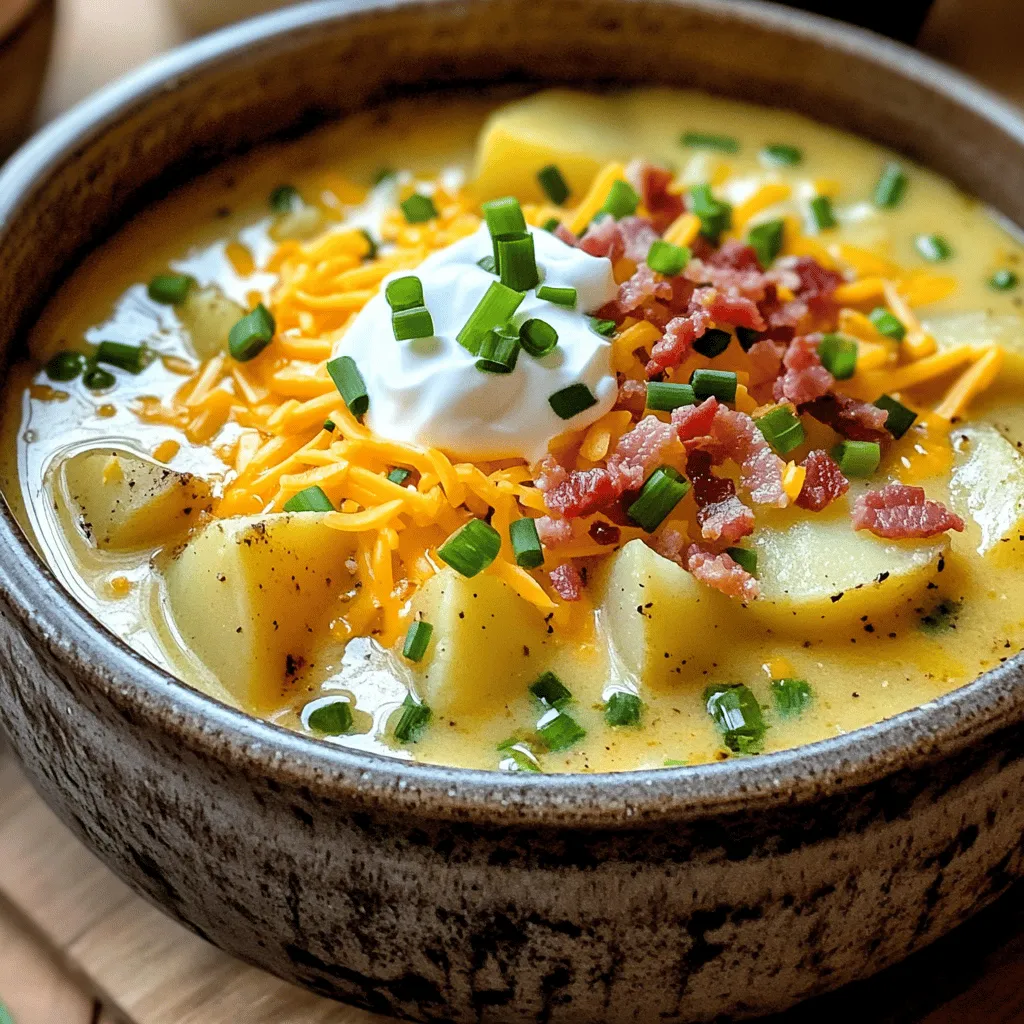 To make a tasty Loaded Baked Potato Soup, you need these key items: - 4 large russet potatoes, peeled and diced into bite-sized pieces - 1 medium onion, finely chopped - 3 cloves garlic, minced - 4 cups vegetable broth (or chicken broth if preferred) - 1 cup heavy cream or for a lighter option, use coconut cream (vegan) - 1 cup shredded sharp cheddar cheese (plus extra for serving) - 1/2 cup sour cream or Greek yogurt for added creaminess - 4 slices turkey bacon or tempeh bacon, cooked until crispy (optional) - 1 teaspoon smoked paprika for depth of flavor - Salt and freshly ground black pepper to taste - 2 green onions, chopped (for garnish) - Fresh chives, finely chopped (for garnish) To make your soup even better, consider adding these extras: - Fresh herbs like thyme or rosemary for a fresh taste - A squeeze of lemon juice for brightness - A dash of hot sauce for a spicy kick - Different types of cheese, like gouda or mozzarella, for unique flavors If you don’t have certain items, here are some swaps: - Use sweet potatoes instead of russet potatoes for a sweeter flavor. - Swap vegetable broth for chicken broth for a richer taste. - For a non-dairy option, use almond milk in place of heavy cream. - Replace sour cream with cashew cream for a vegan choice. Finding the right ingredients makes your Loaded Baked Potato Soup shine. I love using fresh, high-quality items to boost flavor and nutrition. You can find the Full Recipe to guide you through making this warm and cozy dish. Start by gathering your ingredients. You will need: - 4 large russet potatoes, peeled and diced into bite-sized pieces - 1 medium onion, finely chopped - 3 cloves garlic, minced - 4 cups vegetable broth (or chicken broth if preferred) - 1 cup heavy cream or coconut cream for a lighter option - 1 cup shredded sharp cheddar cheese (plus extra for serving) - 1/2 cup sour cream or Greek yogurt - 4 slices turkey bacon or tempeh bacon, cooked until crispy (optional) - 1 teaspoon smoked paprika - Salt and freshly ground black pepper to taste - 2 green onions, chopped (for garnish) - Fresh chives, finely chopped (for garnish) Wash and peel the potatoes. Dice them into bite-sized pieces. Chop the onion finely and mince the garlic. Set these aside for later. In a large pot, pour a splash of vegetable broth. Heat it over medium heat. Add the chopped onion and sauté for about 5 minutes. You want the onions to turn soft and translucent. Add the minced garlic next. Stir for another 1-2 minutes until the garlic smells great. Now, add the diced potatoes to the pot. Pour in the rest of the vegetable broth. Bring this mixture to a rolling boil. Lower the heat and cover the pot. Let it simmer for about 15-20 minutes. The potatoes should be tender when you pierce them with a fork. Once the potatoes are cooked, use an immersion blender to puree the soup. You want it to be smooth. If you don’t have an immersion blender, you can use a regular blender. Just be careful; let the soup cool a bit first to avoid splattering. After blending, stir in the heavy cream or coconut cream. Add the smoked paprika for a nice depth of flavor. Then, toss in the shredded cheddar cheese. Stir continuously until the cheese melts completely into the soup. If you chose to use bacon, cook it in a separate skillet until it’s crispy. Crumble it into smaller pieces and set it aside. Taste the soup, then season with salt and freshly ground black pepper to your liking. Let it simmer for a few more minutes. This helps the flavors mix well. When serving, ladle the soup into bowls. Top each bowl with a dollop of sour cream or Greek yogurt. Add extra shredded cheese, crumbled bacon, chopped green onions, and fresh chives. This adds a bright touch to your dish. Enjoy your creamy loaded baked potato soup! For the full recipe, refer to the earlier section. To make this soup creamy, start with high-quality heavy cream. If you want a lighter option, coconut cream works well too. Adding sour cream or Greek yogurt enhances the richness. Blend the soup well after cooking to create a smooth texture. This will help mix in all the creamy elements. When you sauté onions, use a splash of broth to start. This keeps them from sticking and adds flavor. Cook them on medium heat until they turn soft and clear. Add garlic to the pan only after the onions are ready. Garlic cooks fast, so stir it for just 1-2 minutes. This brings out its strong flavor without burning it. Serve this soup hot in bowls. Top each bowl with a dollop of sour cream or Greek yogurt. Sprinkle extra shredded cheese for a cheesy finish. Crumbled bacon adds a nice crunch, while green onions and chives bring freshness. You can enjoy this dish with warm bread or crackers on the side for a complete meal. For the full recipe, check out the [Full Recipe]. {{image_4}} You can add protein to your loaded baked potato soup for extra flavor and heartiness. - Bacon: Crispy bacon adds a salty crunch. Cook it until crispy, then crumble it on top before serving. - Chicken: Shredded rotisserie chicken can make the soup even more filling. Stir it in right before serving. - Tofu: For a vegetarian option, use firm tofu. Cube it and sauté it until golden. Mix it in for added protein without meat. These protein options enhance the soup’s texture and make it more satisfying. Cheese can change the soup’s flavor profile significantly. Here are some great options to consider: - Sharp Cheddar: This is a classic choice, giving a bold flavor. - Monterey Jack: It melts well and adds a creamy texture without being too sharp. - Gouda: This cheese adds a nutty, smoky flavor that pairs nicely with potatoes. Feel free to mix and match these cheeses for unique taste experiences. Making this soup vegetarian or vegan is easy. Here are some swaps to consider: - Broth: Use vegetable broth instead of chicken broth. - Cream: Replace heavy cream with coconut cream or cashew cream for a vegan version. - Bacon: Use tempeh bacon or skip it altogether. You can add smoked paprika for a similar smoky flavor. These options ensure everyone can enjoy a comforting bowl of soup. For the full recipe, check out the details above! To store leftover Loaded Baked Potato Soup, let it cool first. Then, pour it into an airtight container. Make sure to leave some space at the top, as the soup may expand when frozen. Label the container with the date for easy reference. Place it in the fridge if you plan to eat it within three days. For longer storage, use the freezer. When you're ready to enjoy the soup again, reheat it on the stove for the best flavor. Pour the soup into a pot and heat it over medium-low heat. Stir often to prevent sticking. If the soup is too thick, add a splash of broth or water to reach your desired consistency. You can also use a microwave. Heat in short intervals, stirring in between until warm. If you want to freeze your Loaded Baked Potato Soup, it’s best to do so without adding cream or cheese. This helps keep the texture nice. After cooling, pour it into freezer-safe bags, removing as much air as possible. To thaw, place the bag in the fridge overnight. Reheat it gently on the stove and stir in cream and cheese before serving. This way, every bowl tastes fresh and creamy! Yes, you can make Loaded Baked Potato Soup ahead of time. This soup stores well in the fridge. I suggest making it a day in advance. This allows the flavors to blend and deepen. Just cool the soup, then place it in an airtight container. When you're ready to eat, reheat it on low heat. Stir gently to keep it creamy. To thicken your Loaded Baked Potato Soup, you have a few great options. One easy way is to add more potatoes. Cook a few extra and mash them before adding. Another option is to use a cornstarch slurry. Mix one tablespoon of cornstarch with two tablespoons of cold water. Stir this mixture into the soup and let it simmer. It will thicken nicely! If you want a spicy kick in your Loaded Baked Potato Soup, try adding jalapeños. You can chop fresh jalapeños and sauté them with the onions. For a milder heat, use diced green chilies. Another option is to add hot sauce or red pepper flakes. Start with a small amount, then taste and add more as needed. This way, you control the heat! Loaded baked potato soup is a hearty meal made with simple ingredients. We discussed main and optional ingredients, plus substitutions for flavor. The step-by-step guide makes cooking easy and fun. I shared tips for a creamy texture and best practices for sautéing. Variations allow you to add proteins or go vegetarian. Proper storage ensures leftovers stay tasty. With these methods, you can enjoy this soup any time. Dive into your cooking, and share your delicious results!