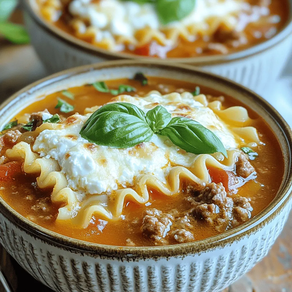 - 1 pound ground beef or Italian sausage - 1 medium onion, diced - 3 cloves garlic, minced - 1 can (28 ounces) crushed tomatoes - 1 can (15 ounces) tomato sauce - 8 lasagna noodles, broken into bite-sized pieces - 1 cup ricotta cheese - 1 cup shredded mozzarella cheese - 1/2 cup grated Parmesan cheese To start, you can choose between ground beef or Italian sausage. Both add a rich flavor to the soup. Next, you’ll need an onion and some garlic. These two ingredients create a great base for your soup. For the canned ingredients, crushed tomatoes and tomato sauce are key. They give the soup its hearty texture and deep taste. Lastly, breaking the lasagna noodles into pieces makes them easy to eat. - 4 cups beef or vegetable broth - 2 teaspoons Italian seasoning - 1 teaspoon red pepper flakes (optional) - Salt and freshly ground black pepper to taste For the broth, you can pick beef or vegetable. This choice changes the soup's flavor slightly. Italian seasoning gives that classic taste, while red pepper flakes add a little heat if you like spice. Remember to season with salt and pepper to bring out the flavors. - Fresh herbs (basil, parsley) - Rustic Italian bread for serving Fresh herbs like basil or parsley make a lovely garnish. They add color and freshness to your soup. Serving it with rustic Italian bread is a great idea too. It’s perfect for dipping and makes your meal feel complete. You can find the full recipe for making this delicious dish easily. To start, heat a large skillet over medium heat. Add 1 pound of ground beef or Italian sausage. Cook it until it turns brown. Use a spatula to break it into smaller pieces. Once the meat is fully cooked, drain any excess fat. Transfer the meat to the crockpot. Next, chop 1 medium onion and mince 3 cloves of garlic. Add the onion and garlic to the crockpot with the meat. Stir gently to mix everything together. Now it’s time to add the flavorful elements. Pour in 1 can of crushed tomatoes and 1 can of tomato sauce. Then, add 4 cups of beef or vegetable broth. Sprinkle in 2 teaspoons of Italian seasoning. If you enjoy some heat, add 1 teaspoon of red pepper flakes. Season with salt and freshly ground black pepper to taste. Mix it all well to combine the ingredients evenly. Cover the crockpot with its lid. Set it to cook on low for 6-8 hours or on high for 3-4 hours. Cooking on low allows the flavors to meld nicely. If you’re short on time, high heat works well too. About 30 minutes before serving, add 8 broken lasagna noodles to the pot. Stir gently to ensure they are submerged in the broth. In a small bowl, mix 1 cup of ricotta cheese with a pinch of salt and pepper. When the noodles are tender, ladle the soup into bowls. Top each bowl with a dollop of the ricotta mixture. Sprinkle each serving with shredded mozzarella and grated Parmesan cheese. Finally, add a touch of freshly chopped basil or parsley for that perfect finish. For the full recipe, check out the detailed instructions! To get the best flavor from your Crockpot Lasagna Soup, adjust the cooking time. Cooking on low for 6-8 hours allows flavors to blend well. If you need it done faster, high for 3-4 hours works too. Always taste your soup before serving. You might need to add more salt or pepper for that perfect balance. You can choose how thick or thin you want your soup. If you like it thicker, use less broth. For a thinner soup, add more broth. This way, you can match your personal taste. Remember, the lasagna noodles soak up some broth too, so keep that in mind. Prep time is just 15 minutes. To save time, chop your onion and garlic ahead of time. You can also brown the meat in batches if you have a lot. Using a crockpot is great because it cooks slowly and evenly. Just set it in the morning, and you will have a warm meal when you come home! {{image_4}} You can easily change the recipe to fit different diets. For a vegetarian option, swap the meat for lentils or mushrooms. Both add a lovely texture and flavor. If you prefer gluten-free, use gluten-free noodles. They work well in this soup and keep it hearty. Adding more vegetables can boost flavor. Try tossing in chopped carrots or spinach. They add color and nutrition. You can also experiment with different cheeses. Mix in provolone or gouda for a unique taste twist. Want to give your soup an exciting flair? Add spices like cumin or paprika for a Mexican twist. For a Mediterranean vibe, try adding herbs like oregano or thyme. You can even incorporate sauces like BBQ or Alfredo for a fun change. Each twist makes the soup feel new and fresh. To keep your Crockpot Lasagna Soup fresh, store it in an airtight container. Let the soup cool before sealing it. Place it in the fridge if you want to eat it within a few days. You can also freeze it for longer storage. Just put it in a freezer-safe container. Leave some space at the top because the soup will expand as it freezes. When you’re ready to enjoy your soup again, there are good ways to reheat it. Use the stove for the best flavor. Pour the soup into a pot and heat it over medium heat. Stir it often to prevent sticking. You can also use a microwave. Heat it in short bursts, stirring in between. Make sure it’s hot all the way through. Always check the soup for any signs of spoilage before reheating. In the fridge, your soup stays good for about 3 to 4 days. If you freeze it, it can last up to 3 months. When checking for spoilage, look for changes in color or smell. If it smells sour or looks slimy, it’s time to toss it. Always trust your senses when it comes to food safety. To make this soup vegetarian, swap the meat for lentils or mushrooms. Use vegetable broth instead of beef broth. You can also add more veggies like zucchini or spinach for extra flavor and nutrients. This way, you keep the taste rich and hearty. Yes, you can prepare this soup in advance. Cook the soup as usual, then cool it down before storing. Place it in an airtight container in the fridge for up to three days. To heat it, use the stove or microwave until warm. Here are some great sides to serve with your soup: - Italian bread for dipping - Green salad dressed with vinaigrette - Garlic bread for a cheesy touch These sides complement the soup and provide a complete meal. Cooking on low takes about 6-8 hours. If you use the high setting, it will take around 3-4 hours. For the best flavors, I recommend cooking it on low. This allows the ingredients to blend well. You can use fresh lasagna noodles! Just break them into smaller pieces and add them about 30 minutes before serving. Fresh noodles cook faster, so keep an eye on them. If they get too soft, the soup will lose some texture. For the best results, follow the [Full Recipe]. Crockpot lasagna soup combines rich flavors and simple steps for a cozy meal. You start with hearty ingredients like meats, cheeses, and veggies. By using broth and seasonings, the soup bursts with flavor. Adjust the recipe for your taste with fun toppings or variations. In the end, this dish is easy to make and delicious. Whether for a family dinner or leftovers, you’ll enjoy each bowl. With helpful storage tips, your meal can last and taste great. Dive into your creation and savor the warmth it brings.