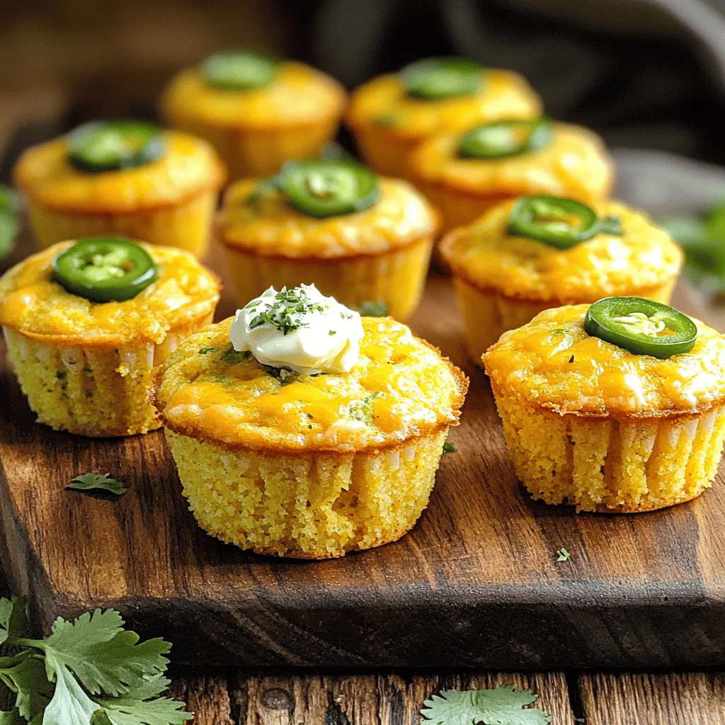 - 1 cup cornmeal - 1 cup all-purpose flour - 1 tablespoon baking powder - 1/2 teaspoon salt - 1/4 teaspoon black pepper - 1 cup buttermilk (or milk with vinegar) - 1/4 cup unsalted butter, melted - 1 large egg, beaten - 1 cup shredded sharp cheddar cheese - 1/2 cup pickled jalapeños, chopped - 1/4 cup corn kernels - 2 tablespoons honey (optional) Cheesy Jalapeño Cornbread Muffins are a tasty mix of flavors. Fresh cornmeal gives a warm, sweet taste. The sharp cheddar cheese adds richness, while jalapeños bring a spicy kick. This combo makes the muffins fun and exciting. You can use pickled jalapeños for a tangy flavor or fresh ones for more heat. Adjust the amount based on how much spice you want. Corn kernels add sweetness and texture, making each bite delightful. Buttermilk helps keep the muffins moist and fluffy. If you don’t have buttermilk, mix regular milk with a bit of vinegar. The melted butter gives a rich taste, while the honey adds a hint of sweetness. You can skip the honey if you prefer a savory muffin. These ingredients blend well to create a mouthwatering snack or side dish. You can find the full recipe [here](#). Enjoy making these muffins with your favorite flavors! 1. First, preheat your oven to 375°F (190°C). This step is key for even baking. 2. Prepare your muffin tin. You can use paper liners or grease it with cooking spray. 3. In a large bowl, mix the cornmeal, flour, baking powder, salt, and black pepper. Whisk them well to break up any lumps. 4. In a separate bowl, whisk the buttermilk, melted butter, and beaten egg. Make sure this mixture is smooth and blended. 1. Gradually pour the wet mixture into the bowl with the dry ingredients. Stir gently just until they combine. 2. Be careful not to over-mix. This keeps your muffins light and fluffy. 3. Now, fold in the cheese, jalapeños, and corn. This adds flavor and texture to your muffins. 1. Using a spoon or ice cream scoop, fill each muffin cup about two-thirds full with batter. This allows them to rise properly. 2. Place the muffin tin in the oven and bake for 18-22 minutes. Check for doneness by inserting a toothpick into the center. It should come out clean. 3. When done, let the muffins cool in the tin for 5 minutes. Then, transfer them to a wire rack to cool fully before serving. For the full recipe, check the earlier section. Enjoy your warm, cheesy jalapeño cornbread muffins! To make the best Cheesy Jalapeño Cornbread Muffins, avoid over-mixing. When you mix the wet and dry ingredients, do it gently. Stir just until you see no dry spots. This keeps your muffins light and fluffy. If you mix too much, the muffins can become tough. Adjust the chili spice to fit your taste. If you want more heat, add more jalapeños. Start with a small amount, then taste the batter. You can always add more, but you can't take it out once it's in! Serve these muffins warm for the best taste. You can add flavored butter on top, like garlic or herb butter. This adds a nice touch and makes them even tastier. For a nice look, try garnishing with fresh cilantro or extra jalapeño slices. A sprinkle of cheese on top before baking also adds flavor and a great look. For the full recipe, check the section above! {{image_4}} You can make this recipe even more friendly for your diet. Try whole wheat flour instead of all-purpose flour. This change adds fiber and a nutty taste. If you're gluten-free, use a gluten-free flour blend. It works well and keeps the muffins soft. For buttermilk, you have options too. You can mix regular milk with a splash of vinegar. This creates a quick buttermilk substitute. If you need a dairy-free option, use almond or oat milk with lemon juice. This still gives the muffins a nice rise and flavor. Want to make these muffins even more exciting? You can add fresh herbs like cilantro or chives. This will give a fresh taste to each bite. Adding spices like cumin or smoked paprika can create a smoky flavor. Feel free to experiment and find your favorite mix. Cheese is another area where you can get creative. Swap sharp cheddar for pepper jack for a spicy kick. You can also try mozzarella for a milder, gooey texture. For toppings, consider adding crispy bacon bits or fresh corn on top before baking. This gives a crunchy texture that contrasts nicely with the soft muffins. For the full recipe, check out the detailed steps above. Enjoy creating your own unique twist on Cheesy Jalapeño Cornbread Muffins! To keep your Cheesy Jalapeño Cornbread Muffins fresh, store them in an airtight container. This helps keep them moist and tasty. You can place a piece of bread in the container to help maintain the softness. If you want to enjoy them later, keep them at room temperature for one to two days. To reheat the muffins, place them in the microwave for about 10-15 seconds. This warms them up without drying them out. If you prefer a crispier texture, pop them in the oven at 350°F (175°C) for 5-7 minutes. Freezing these muffins is simple and great for meal prep. First, let the muffins cool completely. Then, wrap each muffin in plastic wrap or foil. Place them in a freezer-safe bag or container. Make sure to remove as much air as possible to prevent freezer burn. To thaw, take a muffin out and leave it in the fridge overnight. You can also warm it directly from the freezer. Just microwave it for 30 seconds or bake at 350°F (175°C) for about 10 minutes. This way, you can enjoy your Cheesy Jalapeño Cornbread Muffins anytime! For the full recipe, check out the recipe section above. Can I make these muffins ahead of time? Yes, you can make these muffins ahead. Bake them and let them cool. Then, store them in an airtight container. They stay fresh for about three days. You can also freeze the muffins for up to three months. Just thaw and warm them when ready to eat. How do I adjust the spice level? To adjust the spice level, change the amount of jalapeños. Use fewer if you want less heat. You can also remove the seeds and ribs from the jalapeños. This will make them milder. For more spice, add a pinch of cayenne pepper or use fresh jalapeños instead of pickled ones. Can I substitute fresh jalapeños for pickled? Yes, you can use fresh jalapeños instead of pickled ones. Chop them finely and add them to the batter. Fresh jalapeños will give a different flavor. They will be spicier than pickled, so adjust the amount based on your taste. What if I don’t have buttermilk on hand? If you don’t have buttermilk, don’t worry! You can make your own. Mix one cup of regular milk with a splash of vinegar or lemon juice. Let it sit for five minutes. This creates a similar texture and taste to buttermilk. Can I make mini muffins instead? Absolutely! You can make mini muffins by using a mini muffin tin. Fill each cup about two-thirds full. Bake them for about 10-12 minutes. Check for doneness with a toothpick, just like with regular muffins. Mini muffins are great for parties and snacks! For the full recipe, check out the detailed instructions above. Cheesy Jalapeño Cornbread Muffins are simple to make and packed with flavor. You learned about key ingredients, easy steps, and expert tips to make them perfect. Remember to mix gently and check for doneness. Feel free to try variations or serve with fun toppings. These muffins store well and even freeze nicely. With these ideas, you can enjoy a tasty treat anytime. Make these muffins your own and share them with friends. Enjoy the joy they bring to your table!