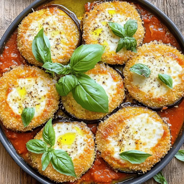 - 2 medium-sized eggplants, sliced into ¼ inch rounds - 1 teaspoon salt - 1 cup all-purpose flour - 2 large eggs, beaten until smooth - 1 cup panko breadcrumbs for added crunch - ½ cup grated Parmesan cheese - 2 cups marinara sauce, homemade or store-bought - 1 cup shredded mozzarella cheese - 1 teaspoon dried oregano - 1 teaspoon garlic powder - Fresh basil leaves for garnishing - Olive oil spray or a light drizzle of olive oil When selecting eggplants, choose ones that are firm and shiny. The skin should be smooth and free of blemishes. A fresh eggplant will feel heavy for its size. For cheese, I recommend using high-quality mozzarella for the best melt. You can also mix in aged provolone for a deeper flavor. If you're looking for gluten-free options, swap the all-purpose flour with gluten-free flour and use gluten-free panko breadcrumbs. This way, everyone can enjoy a tasty dish without worries. Check out the Full Recipe for detailed steps and tips! Salting the eggplant is very important. It helps remove excess moisture and bitterness. To do this, slice the eggplant into ¼-inch rounds. Then, sprinkle salt on both sides. Let them sit for about 30 minutes. After that, rinse the slices under cold water. Make sure to pat them dry with a clean kitchen towel. This step makes your eggplant tender and tasty. You will need three shallow dishes for easy breading. One dish holds all-purpose flour. The second dish holds the beaten eggs. The third dish mixes panko breadcrumbs with grated Parmesan, oregano, and garlic powder. This mix adds great flavor and crunch. Preheat your oven to 400°F (200°C) while you prepare everything. This ensures your eggplant bakes perfectly. For even coating, follow this simple technique. First, dip each eggplant slice in flour. Shake off any extra flour. Next, dip it into the beaten eggs, letting the excess egg drip off. Finally, coat the slice in the breadcrumb mix. Press gently to ensure it sticks well. Avoid common mistakes like skipping the flour or not pressing the breadcrumbs. This will help you get that crispy texture. To make the eggplant crispy, arrange the slices in a single layer on a baking sheet. Use parchment paper to keep them from sticking. Lightly spray or drizzle olive oil on the slices. This helps them get golden and crunchy. Bake for 25 to 30 minutes. Flip the slices halfway through to ensure even cooking. The goal is to see them turn a lovely golden brown. Layering is key for the best flavor. Start by spreading a thin layer of marinara sauce on the bottom of a large baking dish. Next, place half of the crispy eggplant slices over the sauce. Then, sprinkle half of the shredded mozzarella cheese on top. Repeat this with the remaining eggplant and sauce, finishing with mozzarella cheese. This creates a great blend of flavors. Now it’s time for the final bake. Place the assembled dish in the oven. Bake for another 15 to 20 minutes. Look for bubbly cheese that is lightly golden. This is a sign that your eggplant parmesan is ready. Let it cool for a few minutes before slicing. Enjoy this delicious dish, and don’t forget to check out the Full Recipe for more details! To make your eggplant parmesan extra crispy, I recommend using panko breadcrumbs instead of regular breadcrumbs. Panko is lighter and airier, which helps create that delightful crunch. When you coat the eggplant, make sure to press the panko firmly onto the slices. This way, they stick well and form a great crust. Olive oil plays a key role, too. A light spray or drizzle of olive oil helps the breadcrumbs crisp up in the oven. It also adds flavor. Don’t be shy—use enough olive oil to coat the eggplant well before baking. To elevate the taste of your eggplant parmesan, consider adding extra spices and herbs. A pinch of red pepper flakes gives it a nice kick. You might also try fresh thyme or rosemary for a fragrant twist. For sauces, marinara is classic, but you can mix it up. Try a basil pesto or a creamy Alfredo for a different flavor. Pair your dish with a fresh salad or garlic bread for a delightful meal. Serving is important for making your dish look appealing. You can layer the eggplant parmesan in a beautiful baking dish or serve it on a rustic wooden board. For garnishing, fresh basil leaves add color and a burst of flavor. Place them on top or around the dish. A drizzle of extra marinara sauce or a sprinkle of Parmesan around the plate can also enhance the visual appeal. For the full recipe, check the earlier sections. Enjoy your cooking! {{image_4}} You can easily make this dish vegetarian or vegan. For cheese, try using nutritional yeast. This gives a cheesy flavor without dairy. You can also use cashew cheese or a vegan mozzarella. For eggs, replace them with a flaxseed mixture. Mix one tablespoon of ground flaxseed with three tablespoons of water and let it sit for five minutes. This acts like an egg. As for sauces, consider using a rich pesto or a tomato and basil blend. This adds a fresh twist. Different cheeses can elevate the flavor of your eggplant parmesan. Try adding gouda or fontina for a creamier texture. If you like sharpness, go for aged cheddar. For the best melting cheeses, mozzarella is a must. Combine it with provolone for a nice stretch. Mixing cheeses can create a deeper, more complex taste in your dish. If you want to add protein, cooked chicken or sausage works great. Use grilled chicken breast or Italian sausage for flavor. Slice them thinly and layer them with the eggplant. Make sure not to add too much, so it doesn’t overwhelm the dish. Keep the layers balanced for the best taste. To store leftover crispy baked eggplant parmesan, let it cool first. Place it in an airtight container. This helps keep the flavors fresh. Stored this way, it lasts about 3 to 5 days in the fridge. You can enjoy it again by simply reheating. Freezing is a great way to save extra eggplant parmesan. Cut it into portions and wrap each piece in plastic wrap. Then, place them in a freezer-safe bag. This method keeps it tasty for up to 3 months. When you're ready to eat, thaw it overnight in the fridge. Reheat it in the oven for the best results. Bake at 350°F (175°C) until heated through. For quick meals, portion out the eggplant parmesan before storing. Use small containers to make it easy. This way, you grab a meal without extra prep. One challenge is moisture, which can make it soggy. To avoid this, make sure it cools completely before sealing. Yes, you can prepare this dish ahead of time. To do this, follow these steps: - Prepare the eggplant as per the recipe and bread the slices. - Bake the slices until golden brown, then let them cool completely. - Layer the baked eggplant with marinara and cheese in a baking dish. - Cover the dish with plastic wrap or foil and store it in the fridge for up to 24 hours. - When ready to bake, remove the cover and bake according to the recipe instructions. This way, you save time on busy days! To avoid bitterness in eggplant, here’s what you need to do: - Choose smaller eggplants. They tend to be sweeter and less bitter. - Salt the slices. This draws out moisture and bitterness. Let them sit for about 30 minutes. - Rinse and dry well. After salting, rinse the eggplant thoroughly to remove excess salt and bitterness. Following these steps will help you enjoy a sweeter dish! If you want alternatives to eggplant, consider these options: - Zucchini: It has a mild flavor and cooks well. - Portobello mushrooms: They provide a meaty texture. - Cauliflower: Use florets for a fun twist. These substitutes can give you a different but tasty dish! Yes, you can make this recipe gluten-free by using these options: - Gluten-free flour: Substitute all-purpose flour with a gluten-free blend. - Gluten-free breadcrumbs: Look for panko or regular breadcrumbs that are gluten-free. This way, everyone can enjoy the meal! To check if your eggplant parmesan is cooked, look for these signs: - Cheese should be bubbly and lightly browned on top. - Eggplant slices should be tender when pierced with a fork. - The edges should be crisp and golden. When you see these signs, your dish is ready to serve! In this blog post, I covered the essential steps to make a delicious eggplant parmesan. We looked at key ingredients, preparation tips, and baking methods. I shared variations to suit dietary needs and tips to enhance flavors. Remember, following these steps ensures taste and texture. Whether you enjoy it vegetarian, vegan, or with added protein, there's a version for everyone. Have fun experimenting and enjoy the delicious results.