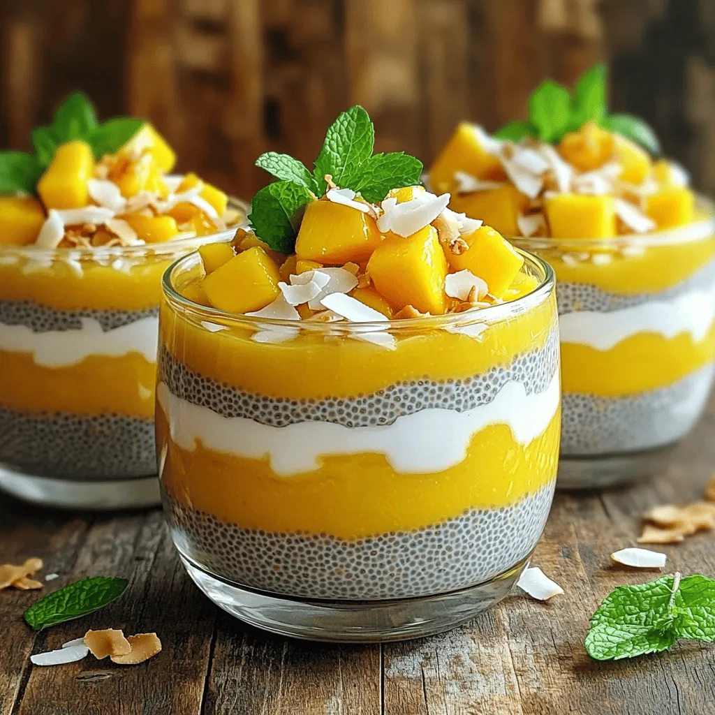 To make Mango Coconut Chia Pudding, gather these simple ingredients: - 1 cup coconut milk (canned or fresh) - 1/3 cup chia seeds - 2 tablespoons honey or maple syrup - 1 ripe mango (pureed and diced) - 1/2 teaspoon vanilla extract - A pinch of salt - Toasted coconut flakes - Fresh mint leaves Coconut milk adds a creamy base. Chia seeds thicken the pudding, giving it a unique texture. Honey or maple syrup sweetens the dish. Pureed mango provides a fruity flavor, while diced mango adds a nice bite. Vanilla extract enhances the taste, and salt balances the sweetness. Toasted coconut flakes give a crunchy finish, while fresh mint leaves brighten the dish. This recipe is not only easy to follow but also healthy. You can find the full recipe in the ingredients list above. Enjoy this tropical treat! 1. In a medium bowl, pour 1 cup of coconut milk. 2. Add 2 tablespoons of honey and 1/2 teaspoon of vanilla extract. 3. Sprinkle in a pinch of salt. 4. Whisk all the ingredients together until smooth. 5. Take 1/3 cup of chia seeds and add them to the mixture. 6. Mix well to ensure even distribution of chia seeds. 1. Next, take 1 ripe mango and puree it. 2. Gently fold the mango puree into the chia mixture. 3. Cover the bowl with plastic wrap. 4. Place it in the fridge for at least 4 hours. 1. After chilling, stir the pudding to make it creamy. 2. Spoon the pudding into bowls. 3. Top with diced mango, toasted coconut flakes, and fresh mint. This simple process gives you a delicious Mango Coconut Chia Pudding. Check out the Full Recipe for more details! To make your chia pudding smooth, soaking time is key. The chia seeds need at least four hours to soak in the coconut milk. For the best results, leave them overnight. This helps the seeds absorb the liquid and swell up nicely. Stirring is also vital. After letting the mixture chill, give it a good stir. This breaks up any clumps that form. A smooth pudding feels great on your tongue. You can present your pudding in fun ways. Try using clear glasses to show off the beautiful layers. Top it with diced mango and toasted coconut flakes. This adds color and crunch. For extra flavor, serve with fresh mint leaves. They add a refreshing touch. You can also pair it with a scoop of yogurt for extra creaminess. Enjoy exploring these ideas and make your pudding shine! {{image_4}} You can easily make this pudding vegan and sugar-free. Instead of honey, use maple syrup. Maple syrup adds a sweet touch and keeps the dish plant-based. For a sugar-free option, try a sugar alternative like stevia or erythritol. These options let you enjoy the pudding without added sugar. Want to mix things up? Add different fruits! Strawberries and blueberries work great. They add color and new flavors. You can also infuse your pudding with spices. A sprinkle of cinnamon or nutmeg gives a warm twist. This helps elevate the dish from simple to special. Feel free to get creative with your toppings and flavors! For the complete recipe, refer to the Full Recipe section above. Store your mango coconut chia pudding in clean jars or airtight containers. Glass jars work best because they let you see the layers. Keep them in the fridge. This pudding stays fresh for about 4 to 5 days. Always check for any off smells before eating leftovers. Yes, you can freeze the pudding! Just make sure to use freezer-safe containers. Leave some space at the top because the pudding may expand. When you want to eat it, take it out and let it thaw in the fridge overnight. It’s best served cold, so enjoy it straight from the fridge after thawing. Chia seeds are tiny but mighty! They are packed with fiber, protein, and omega-3 fatty acids. Eating chia seeds can help you feel full longer. They also support heart health and aid digestion. Plus, they are full of antioxidants, which help fight free radicals in your body. A little goes a long way in boosting your nutrition. Yes, you can! While coconut milk adds a rich flavor, you can choose almond, soy, or oat milk. Each type of milk will change the taste and texture slightly. So, feel free to experiment. Just make sure the milk you choose is unsweetened to keep the pudding healthy. This recipe is already gluten-free since it uses chia seeds and coconut milk. You can enjoy it without any worries. Just ensure that any toppings you choose, like toasted coconut flakes, are also gluten-free. Always check labels to stay safe. Absolutely! This pudding is perfect for meal prep. You can make a batch and store it in the fridge for up to five days. Just keep it in airtight containers. This way, you can grab a healthy snack or breakfast on busy days. For serving, add fresh mango and toppings right before you eat for the best taste. In this blog post, you learned how to make Mango Coconut Chia Pudding. I shared the ingredients, step-by-step instructions, and helpful tips. You can customize it with variations and store it easily. Remember to soak the chia seeds for a perfect texture. This pudding is tasty, healthy, and easy to prepare. Enjoy making this delightful dessert and share it with friends or family. You’ll impress everyone with your skills and creativity!
