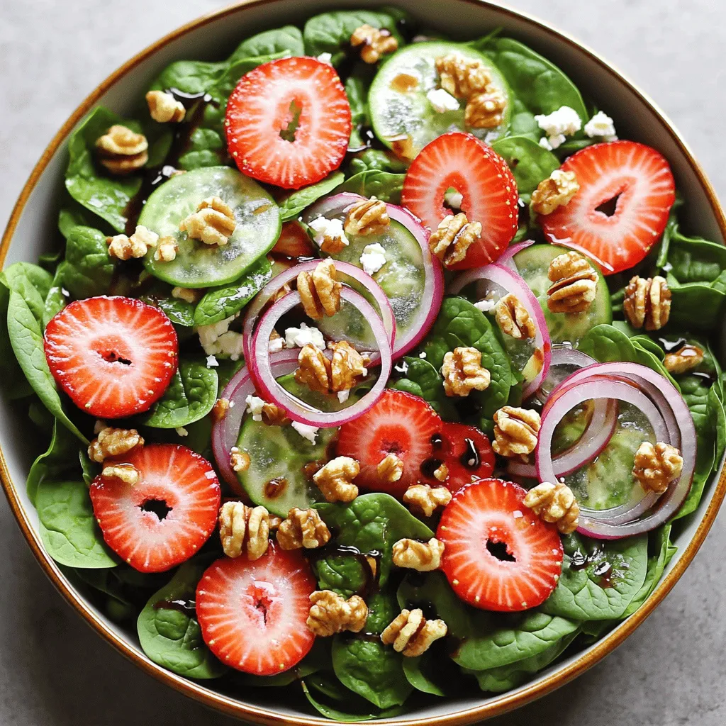 - 4 cups fresh baby spinach - 1 cup strawberries - 1/2 cup walnuts - 1/4 cup feta cheese - 1/4 cup red onion - 1/4 cup balsamic vinaigrette dressing - Salt and black pepper - 1 tablespoon honey (optional) When I make this Spinach Strawberry Walnut Salad, I focus on fresh, quality ingredients. Each element plays a role in the salad's overall taste and texture. First, I always start with fresh baby spinach. I find that it offers a tender crunch and a mild flavor. It serves as a great base for my salad. Next, strawberries are a must. I prefer to use ripe, sweet ones. I hull and slice them to release their juice and add brightness to the dish. The strawberries not only taste great, but they also add a beautiful pop of red. Walnuts give this salad a lovely crunch. I lightly toast them to enhance their nutty flavor. This step makes a big difference in the taste. For dairy, I add crumbled feta cheese. Its creamy texture and tangy flavor pair well with the sweetness of the strawberries. I also slice red onion thinly. This adds a bit of zing to the salad. Finally, I drizzle balsamic vinaigrette over everything. It ties all the flavors together. If you like a hint of sweetness, I suggest adding honey. It can balance the tartness of the dressing. Using these ingredients creates a colorful, flavorful dish. You can find the full recipe with instructions to make this delightful salad. 1. Wash and dry spinach: Start by rinsing the fresh baby spinach under cool water. Use a salad spinner to dry it well. This keeps the salad crisp. 2. Hull and slice strawberries: Remove the green tops from the strawberries. Slice them into thin pieces for a beautiful look. 3. Toast walnuts: Place walnuts in a dry skillet over medium heat. Stir them often for 5 minutes until they smell nutty. This step brings out their flavor. 1. Create the spinach base: In a large salad bowl, spread the washed spinach evenly. It sets the stage for all the flavors. 2. Layer strawberries and walnuts: Distribute the sliced strawberries on top of the spinach. Then, sprinkle the toasted walnuts generously over the salad. 3. Add feta and red onion: Crumble the feta cheese over everything. Add the thin slices of red onion for a touch of sharpness. 1. Whisk balsamic vinaigrette and honey: In a small bowl, mix the balsamic vinaigrette with honey, if using. This adds a nice hint of sweetness. 2. Drizzle dressing over salad: Pour the dressing over your salad, ensuring even coverage. This ties all the flavors together. 3. Toss gently and season: Use your hands to toss the salad lightly. Be gentle so you don’t crush the spinach or strawberries. Season with salt and black pepper to taste. For the full recipe, check out the detailed instructions. Enjoy your colorful, tasty salad! Choosing ripe strawberries is key. Look for berries that are bright red and firm. They should smell sweet and have no soft spots. Ripe strawberries add natural sweetness and juiciness. Perfectly toasting walnuts brings out their rich flavor. Heat a dry skillet over medium heat. Add walnuts and stir frequently for three to five minutes. They should turn golden and fragrant. This step adds a lovely crunch and depth to your salad. Serving styles matter for special occasions. You can serve the salad in a big bowl for sharing. For a fancier touch, plate individual servings. This makes it feel more gourmet and personal. Garnishing can elevate visual appeal. Add extra strawberry slices on top. A sprinkle of toasted walnuts adds texture and charm. A few fresh mint leaves can also brighten up the dish. Substituting with other nuts can change the flavor. Try pecans or almonds for a different twist. Each nut has its own unique taste and texture. Using different cheese types can also enhance your salad. Goat cheese offers a tangy flavor. Parmesan adds a nutty, savory touch. Feel free to experiment and find your favorite mix. For the full recipe, check out the Spinach Strawberry Walnut Delight. {{image_4}} You can make this salad special by adding seasonal fruits. In summer, try peaches or blueberries. In fall, think about apples or pears. Each fruit brings a new taste. You can also mix in herbs like basil or mint. These herbs add a fresh twist. They brighten up the salad and make it more exciting. Adding protein turns this salad into a meal. Grilled chicken or shrimp works great. It adds a savory touch and makes it filling. For a vegetarian option, try chickpeas. They add protein and a nice texture. Plus, they soak up the dressing well. Dressing can change everything. You can make homemade vinaigrettes with lemon or honey mustard. They are easy to whip up and taste fresh. If you like creamy dressings, try yogurt-based ones. They add richness without being too heavy. Each dressing choice brings new flavors to your salad. For the full recipe, [click here](#). To keep your salad fresh, store leftovers in an airtight container. This will help maintain the crispness of the spinach and strawberries. Place the salad in the fridge right after serving. It stays good for about 1 to 2 days. The longer it sits, the soggier it gets, so enjoy it soon! You can prep ingredients ahead of time to save effort. Wash and dry the spinach and slice the strawberries a few hours before serving. Keep walnuts in a separate container to keep them crunchy. Assemble the salad just before serving for the best taste and texture. I don't recommend freezing this salad. Freezing changes the texture of spinach and strawberries, making them mushy. If you want to freeze components, consider freezing just the walnuts. Toasted walnuts can freeze well, but the rest of the ingredients are best fresh. To make this salad vegan, swap out the feta cheese for a plant-based cheese. You can also use avocado for a creamy texture. For dressing, choose a vegan balsamic vinaigrette. Many brands offer these, or you can make your own with olive oil and balsamic vinegar. Yes, you can prepare this salad ahead of time. Keep the spinach and fruits separate until you are ready to serve. This keeps them fresh and crisp. Store the walnuts in a cool place to keep their crunch. Add the dressing right before serving to avoid soggy greens. This salad is packed with nutrition. Spinach offers iron and vitamins A and C. Strawberries are rich in antioxidants and vitamin C. Walnuts provide healthy fats and protein. Together, they make a nutritious meal that supports a healthy diet. To keep your salad from wilting, wash and dry the spinach thoroughly. Excess moisture can cause wilting. Store the salad in a cool place, and only dress it before serving. This helps maintain the freshness and crispness of the ingredients. This blog post covered a fresh and tasty salad you can make easily. You learned about the key ingredients like spinach, strawberries, and walnuts. We went through how to prep, assemble, and dress your salad, plus offered tips for great flavor and presentation. You discovered easy variations, storage tips, and answers to common questions. This salad is not just healthy; it’s fun to customize. Enjoy making it your own and serving it at your next meal. Simple steps lead to delicious results!