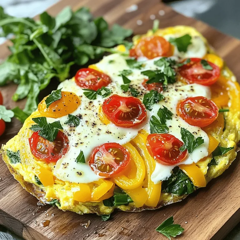 - 6 large eggs - 1/4 cup milk - 1 cup fresh spinach, chopped - 1/2 cup bell peppers, diced (red and yellow) - 1/2 cup cherry tomatoes, halved - 1/4 cup red onion, finely chopped - 1/2 cup zucchini, grated - 1/2 teaspoon garlic powder - 1/2 teaspoon dried oregano - Salt and pepper to taste - 1/2 cup shredded cheese (cheddar or mozzarella) - 2 tablespoons olive oil The ingredients in this veggie packed frittata not only taste great but also provide many nutrients. Eggs serve as the base, bringing protein and healthy fats. The milk keeps the frittata moist and fluffy. Fresh spinach adds iron and vitamins. The bell peppers and cherry tomatoes burst with flavor and color. Zucchini gives a nice texture, while onion adds a sweet touch. The garlic powder and oregano give it a delightful aroma. A sprinkle of salt and pepper enhances all the flavors. Finally, cheese adds richness and makes the top golden and cheesy. Each serving contains about 250 calories, with 18g of protein, 15g of fat, and 10g of carbohydrates. This makes it a balanced meal, perfect for breakfast or brunch. - Oven-safe skillet - Mixing bowl - Whisk You need an oven-safe skillet to cook the frittata on the stovetop and then finish it in the oven. A mixing bowl helps in whisking the eggs, milk, and seasonings. A whisk is essential for making the egg mixture light and fluffy. For the full recipe, refer to the detailed cooking instructions shared earlier. - Preheat the oven to 400°F (200°C). - In a mixing bowl, whisk 6 large eggs with 1/4 cup milk. Add 1/2 teaspoon garlic powder, 1/2 teaspoon dried oregano, salt, and pepper. Set it aside. - Heat 2 tablespoons olive oil in an oven-safe skillet over medium heat. - Add 1/4 cup finely chopped red onion and 1/2 cup diced bell peppers. Sauté for about 3-4 minutes until soft. - Next, add 1/2 cup grated zucchini and 1 cup chopped spinach. Stir for 2-3 minutes until the spinach wilts. - Fold in 1/2 cup halved cherry tomatoes, mixing them well with veggies. - Pour the egg mixture over the vegetables. Use a spatula to stir gently. - Cook on the stovetop for about 3-4 minutes until the edges start to set. - Transfer the skillet to the preheated oven and bake for 12-15 minutes until puffed and golden. - Check doneness by inserting a toothpick into the center; it should come out clean. - Remove from the oven and let it cool for a few minutes before slicing into wedges. For the complete recipe, check out the Full Recipe section. To make a fluffy frittata, whisk the eggs well. Use a fork or whisk and mix until the eggs are light and frothy. This adds air and makes the frittata rise nicely. When sautéing veggies, timing is key. Start with onions and bell peppers. Cook them for about 3-4 minutes until soft. Then add zucchini and spinach. Sauté these for 2-3 more minutes. This step helps bring out their flavors. Different cheeses can change the taste of your frittata. Cheddar adds a sharp bite. Mozzarella gives a creamy texture. You can also try feta for a tangy twist. Mixing cheeses can create a unique flavor profile too. Herbs and spices can boost your frittata's taste. Fresh herbs like basil or parsley add brightness. Dried herbs like thyme or rosemary bring depth. You can also sprinkle in red pepper flakes for a hint of heat. Experiment with flavors you enjoy to make it your own. For the full recipe, check the details above. {{image_4}} You can make your veggie packed frittata even heartier by adding protein. Try crispy bacon or savory sausage for a meaty twist. Chop them finely and sauté them first in the skillet. This gives your frittata a nice flavor boost. If you prefer vegetarian options, consider adding beans or lentils. Chickpeas are also a great choice. They add protein and a nice texture. You can mix them in with the veggies. This way, you keep the dish filling and nutritious. One of the best parts of a frittata is how flexible it is. You can swap in seasonal vegetables to match what you have. In spring, use fresh asparagus or peas for a bright touch. Summer is great for zucchini and fresh corn. In fall, think about adding roasted butternut squash or sweet potatoes. Winter calls for hearty greens like kale or Swiss chard. This keeps your frittata fresh and exciting all year long. When it’s time to serve your frittata, think about sides that balance its richness. A light salad of mixed greens works great. Add a simple vinaigrette to keep it fresh. You can also serve it with crusty bread or toast for a filling meal. For a fun twist, try some sliced avocado on the side. It adds creaminess and a pop of flavor. Pair your dish with a refreshing drink like iced tea or a sparkling water. This makes for a complete and satisfying meal. For the full recipe, check out the Veggie Packed Frittata section above. To store your frittata, let it cool first. Once cool, cut it into slices. Place the slices in an airtight container. This helps keep the frittata fresh. Store it in the fridge for up to four days. If you want to keep it longer, consider freezing. When you are ready to eat, reheat your frittata for the best taste. Use the oven or a skillet. If using the oven, preheat it to 350°F (175°C). Place the frittata slices on a baking sheet. Heat for about 10-15 minutes. If using a skillet, warm it over medium heat. Cover with a lid to keep moisture. This keeps the frittata soft and tasty. You can freeze leftover frittata for later use. Wrap each slice in plastic wrap. Then place the wrapped slices in a zip-top bag. Label the bag with the date. Use the frozen frittata within three months for the best flavor. To thaw, move the frittata to the fridge overnight. Reheat as mentioned earlier for a warm meal. For the full recipe, check out the Veggie Packed Frittata. Enjoy your delicious meal! A frittata lasts about 3 to 4 days in the fridge. Store it in an airtight container. This keeps it fresh and safe to eat. Yes, you can make a frittata ahead of time. Prepare it the night before and store it in the fridge. This saves time for busy mornings. The main difference is in the crust. Quiche has a crust, while a frittata does not. Frittatas use more eggs and fewer dairy products than quiches. You know it’s done when it is puffed and golden. Insert a toothpick in the center; it should come out clean. This means the eggs are fully cooked. For the full recipe, check the section above. In this blog post, I shared a simple frittata recipe, covering ingredients, steps, and helpful tips. I included ways to customize your dish and how to store any leftovers. Frittatas are tasty, healthy, and easy to make. You can mix in your favorite veggies or proteins. Remember, cooking should be fun! Experiment with flavors and enjoy your meals. With practice, you’ll become a frittata pro; share your tasty creations with friends and family!
