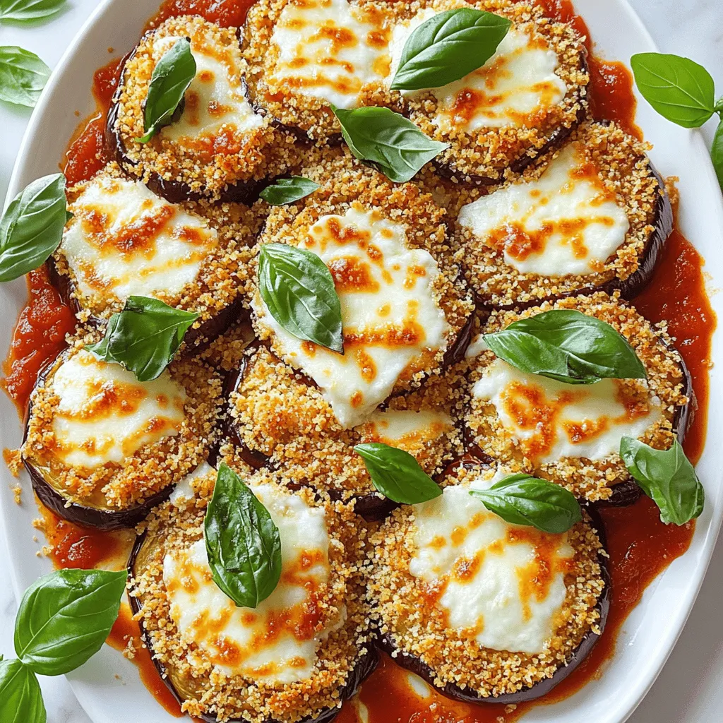 To make crispy baked eggplant parmesan, gather these simple ingredients: - 2 medium eggplants, cut into 1/2-inch thick rounds - 1 teaspoon salt - 2 cups whole wheat breadcrumbs - 1/2 cup freshly grated Parmesan cheese - 1 teaspoon garlic powder - 1 teaspoon dried oregano - 1 teaspoon dried basil - 1/2 teaspoon black pepper - 3 large eggs - 2 cups marinara sauce - 2 cups shredded mozzarella cheese - Fresh basil leaves for garnish These ingredients come together to create a dish that is both tasty and healthy. The eggplants provide a soft base, while the breadcrumbs give a satisfying crunch. The cheese adds a rich flavor, and the marinara sauce brings it all together. You can find the full recipe online for detailed steps on how to prepare this delicious dish. 1. Preheat the oven and prepare baking sheets: Start by preheating your oven to 425°F (220°C). This ensures even cooking. Line two baking sheets with parchment paper. This helps keep the eggplant from sticking. 2. Cutting and salting the eggplants: Take two medium eggplants and slice them into 1/2-inch thick rounds. Lay the slices in a colander and sprinkle them with 1 teaspoon of salt. The salt draws out moisture and reduces bitterness. Let them sit for about 30 minutes. 3. Rinsing and drying the eggplants: After 30 minutes, rinse the eggplant slices under cold water. This removes the salt. Pat them dry with paper towels to get rid of excess moisture. Dry slices will crisp up better during baking. 1. Mixing the breadcrumb mixture: In a shallow bowl, combine 2 cups of whole wheat breadcrumbs, 1/2 cup of freshly grated Parmesan cheese, 1 teaspoon garlic powder, 1 teaspoon dried oregano, 1 teaspoon dried basil, and 1/2 teaspoon black pepper. Mix well for even flavor. 2. Preparing the eggs for dipping: In another bowl, crack 3 large eggs. Whisk them until the yolks and whites blend together. This will help the breadcrumbs stick to the eggplant. 3. Coating the eggplant slices with the mixture: Take each eggplant slice and dip it into the egg mixture. Let the excess egg drip off. Then, coat with the breadcrumb mixture. Press gently so the crumbs stick well to the eggplant. 1. Arranging the breaded slices on baking sheets: Place the breaded eggplant slices in a single layer on the prepared baking sheets. For extra crispiness, lightly spray or drizzle olive oil over the tops. 2. First baking session and flipping the slices: Bake the slices in the preheated oven for 25-30 minutes. At the halfway point, flip each slice to ensure even browning. They should turn golden and crispy. 3. Layering in the baking dish and final baking: In a baking dish, spread a thin layer of marinara sauce on the bottom. Layer half of the crispy eggplant slices on top, followed by half of the remaining marinara and half of the shredded mozzarella cheese. Repeat with the rest. Return the dish to the oven and bake for another 20-25 minutes until the cheese is melted and bubbly. For the full Recipe, check the details above. To get that perfect crisp on your eggplant, salting is key. Salting helps draw out extra moisture from the eggplants. This step is simple but very important. Here’s how to do it: - Slice the eggplants into 1/2-inch thick rounds. - Sprinkle them with salt and let them sit in a colander for about 30 minutes. - Rinse them under cold water and pat them dry with paper towels. This process reduces bitterness and gives you a better texture. When it comes to olive oil, use it wisely. A light spray or drizzle of olive oil adds flavor and helps the breading crisp up. It also gives the dish a lovely golden color. You want just enough to coat the slices lightly. Too much oil will make them soggy. Presentation is important for any dish, especially one as beautiful as eggplant Parmesan. Serve it on a large white platter or divide it onto individual plates. For an extra touch, drizzle some marinara sauce around the base. This adds color and makes it look fancy. Pair your eggplant Parmesan with a fresh side salad or some garlic bread. A light, crisp salad balances the rich flavors of the dish. You can use mixed greens, cherry tomatoes, and a simple vinaigrette. This meal is sure to impress your guests! For the full experience, check out the Full Recipe. {{image_4}} You can use many types of cheese in your eggplant parmesan. For a stronger flavor, try aged provolone or gouda. They melt well and add a nice twist. If you want a lighter dish, use part-skim mozzarella. For those who prefer vegan options, there are great dairy-free cheeses. Look for brands that melt well. Nutritional yeast is another option. It gives a cheesy flavor without dairy. You can sprinkle it between layers for extra taste. Adding other veggies can make your dish more colorful and nutritious. Zucchini works well. Slice it thin and layer it with the eggplant. Spinach is another great choice. Just sauté it lightly before adding. It adds flavor and a pop of green. When adding vegetables, think about balancing flavors. If you use sweet veggies, like bell peppers, pair them with something savory. This will keep the dish exciting and well-rounded. Experimenting with sauces can change your eggplant parmesan game. Homemade marinara is a classic choice. You can control the spices and flavors. Store-bought marinara saves time, but check for quality ingredients. You might also enjoy pesto or Alfredo sauce. Pesto adds a fresh, herby flavor, while Alfredo brings creaminess. Just spread them between layers or drizzle on top before serving. Each option creates a unique dish that surprises your guests. For the full recipe, check out the details in the previous sections. Enjoy your cooking! To store leftovers of your Crispy Baked Eggplant Parmesan, first let it cool to room temperature. Place it in an airtight container. This helps keep it fresh. I recommend using glass containers for better heat retention. You can store it in the fridge for up to three days. You can freeze this dish before or after baking. If you freeze it before baking, assemble the layers in a freezer-safe dish. Cover it tightly with plastic wrap and then aluminum foil. This prevents freezer burn. If you freeze it after baking, let it cool completely first. Then, wrap it well and store it for up to three months. To reheat, thaw it overnight in the fridge. Then bake it at 350°F (175°C) for about 25 minutes. If frozen, add about 15 extra minutes. This method keeps the eggplant crispy and delicious. Enjoy your meal again! For the full recipe, check out the Crispy Baked Eggplant Parmesan. Can I make this ahead of time? Yes, you can prepare this dish ahead of time. Cook the eggplant and layer it with sauce and cheese. Cover and store it in the fridge. When ready, just bake it until hot. How do I make the dish gluten-free? To make this dish gluten-free, use gluten-free breadcrumbs. You can find them in most stores. Ensure that your marinara sauce is also gluten-free. What to do if the eggplant is too bitter? If your eggplant tastes bitter, sprinkle more salt on the slices. Let them sit longer in the colander. Rinse and dry them before cooking. How many calories per serving? This dish has about 350 calories per serving. The exact amount may vary based on ingredients used. Is this recipe suitable for vegetarian/vegan diets? Yes, this recipe is vegetarian. To make it vegan, replace eggs with a flax egg and use dairy-free cheese. Can I replace the breadcrumbs? Yes, you can use crushed cornflakes or panko for a different crunch. Both will work well in this recipe. Alternatives for Parmesan cheese? You can use nutritional yeast for a vegan option. It adds a cheesy flavor without dairy. This blog post explored a tasty eggplant dish. We covered ingredients, step-by-step instructions, and helpful tips. You learned how to achieve the perfect crisp, serve beautifully, and try fun variations. I also shared storage tips to keep your leftovers fresh. Now, go ahead and create your own delicious version. With these ideas, you’ll impress everyone at the table. Enjoy cooking and experimenting with flavors!