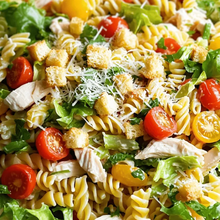 - 2 cups rotini pasta - 1 cup cooked chicken breast, diced - 1/2 cup cherry tomatoes, halved - 3 cups romaine lettuce, chopped The main ingredients of this salad are simple yet full of flavor. The rotini pasta offers a fun shape that holds the dressing well. I love using cooked chicken breast for protein. It adds heartiness and is easy to prepare. Fresh cherry tomatoes bring a burst of sweetness. Romaine lettuce adds a nice crunch and freshness to the dish. - 1/4 cup Caesar salad dressing - 1/4 teaspoon garlic powder - Salt and black pepper, to taste For the dressing, I like to use Caesar salad dressing for that classic taste. If you want to make your own, that’s great too! Garlic powder gives it a little kick. Always remember to taste and adjust the salt and pepper to your liking. This will enhance the flavors in your salad. - Croutons - Fresh parsley To finish off your salad, consider adding croutons. They add a delightful crunch. Fresh parsley not only looks pretty but also adds a fresh taste. These garnishes make your Chicken Caesar Pasta Salad even more enjoyable. For the full recipe, check out the detailed steps above. Enjoy your cooking! - Bring a large pot of salted water to a boil. - Add 2 cups of rotini pasta. Cook until al dente, about 8-10 minutes. - Drain the pasta and rinse it with cold water. This stops it from cooking further. - In a large bowl, combine 1 cup of diced cooked chicken, 1/2 cup of halved cherry tomatoes, 1/4 cup of grated Parmesan cheese, and 3 cups of chopped romaine lettuce. - In a separate small bowl, mix 1/4 cup of Caesar salad dressing with 1/4 teaspoon of garlic powder, salt, and black pepper. Taste it and adjust the seasoning if needed. - Add the cooled rotini pasta to the bowl with the chicken and veggies. - Pour the dressing over the salad. Toss everything gently until it’s well coated. - Cover the salad and refrigerate it for at least 30 minutes. This helps the flavors meld together nicely. Using fresh ingredients makes a big difference. Choose crisp romaine lettuce for a nice crunch. High-quality Caesar dressing adds rich flavor. If you have time, try making your own dressing. Homemade dressing tastes better and lets you control the flavors. This salad is great for picnics and potlucks. It travels well and stays tasty. For an appealing look, serve it in a big bowl. Add some extra croutons and parsley on top for a nice touch. Feel free to get creative! Mix in extra veggies like cucumbers or bell peppers for added color and crunch. You can even switch to a vegetarian version by leaving out the chicken. This way, everyone can enjoy your Chicken Caesar Pasta Salad. For the full recipe, check out the details above. {{image_4}} You can switch the chicken for other proteins. Shrimp adds a nice seafood twist. Tofu works well for a vegetarian option. Both bring unique flavors. You can also use grilled chicken. It adds a smoky taste. Rotisserie chicken is another great choice. It saves time and adds a lot of flavor. If you want to mix it up, try different pasta shapes. Penne or fusilli are great swaps for rotini. They hold the dressing well too. For those avoiding gluten, there are gluten-free pasta options. Look for brands made from rice or quinoa. They taste great and keep the dish light. To boost the flavor, think about adding bacon. Its smokiness complements the creamy dressing. You can also toss in some olives or artichokes. They add a tangy bite that makes each bite exciting. These small changes make your salad special. Try them out for a fun twist! Refrigerate any leftovers in an airtight container. This keeps your salad fresh. It is best to enjoy it within 3 days. After that, the texture may change. If you want to keep it longer, consider freezing. However, pasta salads do not freeze well. If you must freeze, remove any lettuce and croutons. To thaw, place it in the fridge overnight. This helps keep the texture nice. For reheating, use a microwave. Heat in short bursts to keep it fresh. Stir between intervals for even warmth. Before serving, add a little extra dressing. This will boost the flavor and moisture. Enjoy your tasty Chicken Caesar Pasta Salad! To make Chicken Caesar Pasta Salad, follow these main steps: 1. Cook the Pasta: Begin by boiling salted water. Add 2 cups of rotini pasta and cook until al dente. Drain and rinse with cold water to stop cooking. 2. Combine Ingredients: In a large bowl, mix 1 cup of diced cooked chicken, 1/2 cup of halved cherry tomatoes, 1/4 cup of grated Parmesan cheese, and 3 cups of chopped romaine lettuce. 3. Make the Dressing: In a small bowl, whisk together 1/4 cup of Caesar dressing, 1/4 teaspoon of garlic powder, and salt and pepper to taste. 4. Toss the Salad: Add the cooled rotini to the bowl with the chicken and veggies. Pour the dressing over and toss gently to combine. 5. Chill: Cover and refrigerate for at least 30 minutes to let the flavors blend. 6. Garnish and Serve: Just before serving, top with croutons and chopped parsley for a fresh touch. For the full recipe, check out the complete details provided earlier. Yes, you can make Chicken Caesar Pasta Salad ahead of time. Here are some best practices for meal prep: - Prep Ingredients Separately: Cook the pasta and chop the veggies in advance, but keep them separate until serving. This keeps everything fresh. - Dressing on the Side: Store the dressing in a separate container. Add it just before serving to prevent sogginess. - Refrigeration: This salad stays fresh for about three days in the fridge. Just make sure it's in an airtight container. This pasta salad pairs well with several side dishes and drinks: - Side Dishes: Serve with garlic bread or a light soup for a full meal. - Drinks: A crisp white wine or a sparkling water with lemon complements the flavors beautifully. - Other Options: Grilled vegetables or a simple green salad can also enhance your meal experience. This Chicken Caesar Pasta Salad is a simple dish that packs flavor. We covered each step, from cooking rotini to mixing fresh ingredients. Remember to choose quality components for the best taste. You can even tweak the salad with different proteins or veggies. Enjoy it at gatherings, and store leftovers properly to maintain flavor. With these tips, your salad will always impress. Make it your own and savor every bite!