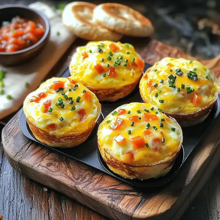 When making breakfast egg and cheese muffins, you need fresh and tasty ingredients. Here’s what you will need for this fun recipe: - 6 large eggs - 1 cup shredded sharp cheddar cheese - ½ cup finely diced bell peppers (mix red, yellow, and green) - ½ cup fully cooked and crumbled breakfast sausage (optional) - ¼ cup whole milk - 1 teaspoon garlic powder - 1 teaspoon onion powder - Salt and freshly ground black pepper to taste - 1 teaspoon freshly chopped chives or parsley (for garnishing) - 6 English muffins, split in half These ingredients make your muffins both flavorful and filling. The eggs and cheese provide protein, while the bell peppers add color and crunch. If you like meat, the sausage gives extra taste. This recipe makes it easy to enjoy breakfast any day. Check the full recipe for more details on how to prepare this delicious meal! - Preheat oven to 350°F (175°C). - Gather all ingredients and tools needed. Before I start, I ensure my kitchen is ready. I preheat my oven to 350°F (175°C). This temperature works well to bake the muffins evenly. Next, I gather my ingredients. Having everything at hand makes cooking easier. You will need eggs, cheese, bell peppers, milk, and some spices. Don't forget the muffin tin and a whisk! - Whisk eggs, milk, and seasonings together. In a large bowl, I crack six large eggs. I whisk them until they blend well. Then, I pour in a cup of whole milk. Next, I add garlic powder, onion powder, salt, and pepper. I mix these until the mixture is smooth. This base brings great flavor to the muffins. - Fill muffin tins with egg mixture. - Bake for 20-25 minutes until set. I now prepare my muffin tin. I spray it with non-stick cooking spray. This step helps the muffins come out easily. I carefully pour the egg mixture into the cups. I fill them about ¾ full. This space allows them to rise nicely. I place the tin in the preheated oven. After 20-25 minutes, the muffins will be set and golden. I can check by gently shaking the tin. If they wobble, they need more time. Once done, I let them cool a bit before serving. For the full recipe, you can refer to the earlier section. To make sure your muffins turn out great, avoid overfilling the tins. Fill each cup about ¾ full. This gives the muffins room to rise without spilling over. For even baking, rotate the muffin tin halfway through cooking. This helps all muffins bake nicely. You can switch up the cheese for fun flavors. Try mozzarella for a mild taste or feta for a tangy kick. Adding veggies boosts nutrition and flavor. Spinach adds a nice green touch, while tomatoes bring juiciness. Mix and match to find your favorite combo. Pair your muffins with sauces for an extra flavor boost. Salsa adds a fresh kick, while hot sauce gives it heat. For a touch of elegance, add fresh herbs like chives or parsley on top. This not only looks good but also enhances the taste. Enjoy your breakfast muffins with these tasty ideas! {{image_4}} To keep your Egg and Cheese Muffins fresh, place them in an airtight container. Store them in the fridge if you plan to eat them within a few days. For longer storage, freezing is your best option. - Refrigeration: Store muffins in an airtight container for up to 3 days. This will help stay fresh and tasty. - Freezing: Wrap each muffin in plastic wrap. Place them in a freezer bag or container. They can last up to 3 months in the freezer. When you're ready to enjoy your muffins again, reheating is simple. You can use either an oven or a microwave. - Oven Method: Preheat your oven to 350°F (175°C). Place muffins on a baking sheet. Heat for about 10 minutes until warm. This keeps them crispy. - Microwave Method: Place a muffin on a microwave-safe plate. Heat for 20-30 seconds. Check if it’s hot enough. If not, heat in short bursts. To keep your muffins moist while reheating, cover them with a damp paper towel. This helps prevent dryness. Enjoy your tasty breakfast muffins anytime! Yes, you can make these muffins ahead of time. They store well in the fridge. To keep them fresh, place them in an airtight container. They last for about 3-4 days in the fridge. If you want to save them longer, freeze them. Wrap each muffin in foil or plastic wrap. Then, put them in a freezer bag. They can last for up to 3 months in the freezer. For reheating, simply take one muffin out and place it in the microwave. Heat it for about 30 seconds. You can also reheat them in the oven at 350°F (175°C) for about 10 minutes. This keeps them warm and tasty. If you need an egg substitute, there are several options. You can use flaxseed meal or chia seeds. Mix 1 tablespoon of flaxseed meal or chia seeds with 2.5 tablespoons of water. Let it sit for 5 minutes. This mix works like one egg. Another option is mashed bananas or applesauce. Use ¼ cup of either for one egg. Keep in mind that these options will change the flavor slightly. They work well in savory dishes like our muffins. Yes, you can use other types of bread. Some great alternatives include whole wheat bread, bagels, or even pita bread. If you choose a different bread, cut it to fit your muffin size. You may need to adjust the baking time. For thicker bread types, like bagels, you may need to bake a bit longer. Keep an eye on the muffins to ensure the egg mixture cooks through. Don't be afraid to experiment with your favorite bread! To make these breakfast egg and cheese muffins, first, gather all your ingredients. Preheat your oven to 350°F (175°C). In a bowl, whisk the eggs, milk, and spices until smooth. Mix in the cheese, bell peppers, and sausage if you want it. Spray a muffin tin with cooking spray. Pour the egg mix into each cup, filling them about ¾ full. Bake for 20-25 minutes until golden. Toast your English muffins while they bake. Once done, let them cool a bit before serving on the English muffins. Each serving of breakfast egg and cheese muffins contains about 300 calories. You will get 20 grams of protein, 18 grams of fat, and 8 grams of carbohydrates. These muffins provide a good balance of nutrients to kickstart your day. This recipe makes 6 muffins. Each muffin is a great portion for breakfast. If you want a lighter meal, you can enjoy half a muffin with some fruit or yogurt. You can create delicious breakfast muffins using just a few simple steps. We covered the key ingredients and how to mix and bake them. Remember to customize with different cheeses and veggies for extra flavor. Store any leftovers properly, and reheat to enjoy later. Making these muffins ahead saves time on busy mornings. With this guide, you can easily whip up a tasty, wholesome breakfast that everyone will love. Enjoy your cooking adventure!