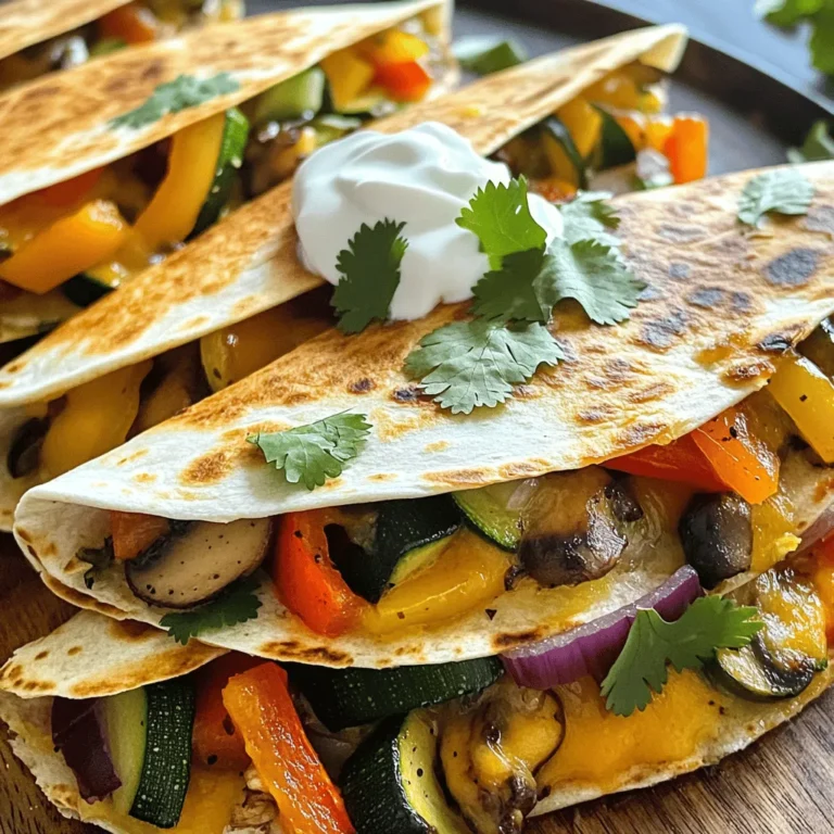 For the best veggie quesadillas, you need: - 4 large flour tortillas - 1 cup shredded cheese (your choice of cheddar, mozzarella, or a blend) - 1 cup bell peppers, thinly sliced - 1 cup zucchini, thinly sliced - 1 cup mushrooms, sliced - 1 small red onion, thinly sliced These ingredients combine to create a tasty and colorful dish. The cheese melts beautifully, binding everything together. You can add more flavor with: - 1 teaspoon garlic powder - 1 teaspoon ground cumin - Salt and black pepper, to taste - Sour cream or Greek yogurt, for serving (optional) - Fresh cilantro, chopped, for garnish (optional) These optional ingredients enhance the taste and add a fresh touch. Each ingredient plays a role in making your quesadillas truly special. For the full recipe, check out the delightful details I provided earlier. First, I heat two tablespoons of olive oil in a large skillet over medium heat. Once the oil is hot, I add the sliced bell peppers, zucchini, mushrooms, and red onion. I sauté these vegetables for about 5-7 minutes. This time allows them to become tender and colorful. I stir them occasionally to ensure even cooking. After the veggies cook down, I season them. I sprinkle one teaspoon of garlic powder and one teaspoon of ground cumin over the mixture. I also add salt and black pepper to taste. I stir well to coat the veggies evenly. Then, I let them cook for an extra 2 minutes. This enhances the flavors of the dish. When done, I remove the skillet from heat and set it aside. Next, I prepare to assemble the quesadillas. I heat a fresh skillet over medium heat. I take a large flour tortilla and place it in the skillet. On one half of the tortilla, I sprinkle a generous layer of shredded cheese. I like to use a blend for extra flavor. Then, I add a good portion of the sautéed veggie mixture on top of the cheese. To ensure everything stays put, I add a bit more cheese over the veggies. Finally, I carefully fold the tortilla in half, covering the filling well. Now, it’s time to cook the quesadillas. I let them cook for about 3-4 minutes on each side. I check for a golden brown color and crispy texture. I want the cheese to be fully melted. After one is done, I repeat this process for the remaining tortillas. I adjust the heat as needed to avoid burning any of them. For the full recipe, check out the complete guide on Easy Veggie Quesadillas! How do you check for doneness? Look for a golden brown color on both sides. The edges should be crispy, and the cheese should ooze out when you cut it. This shows that it’s ready to eat! How do you ensure cheese is evenly melted? Use a lid while cooking. This traps the heat and helps the cheese melt faster. Make sure to use a good amount of cheese. This gives each bite a creamy texture. Want to add some protein? Beans or tofu work great. They add texture and make the meal heartier. You can even use black beans or chickpeas for a nice twist. Do you like heat? Add jalapeños or hot sauce to spice things up. A little kick can make your quesadilla even tastier. You can adjust the spice to match your taste. Enjoy the zesty flavor! Check out the Full Recipe for all the details to make these quesadillas your own! {{image_4}} You can switch up the cheese in your quesadillas. If you want a non-dairy option, try vegan cheese. Many brands offer great taste and melt well. Look for options made from nuts or soy. You can also use a mix of cheeses. A blend of cheddar and mozzarella gives you a tasty combo. If you need a gluten-free option, corn tortillas are the way to go. They add a nice flavor and crispness. Just check the labels to ensure they are gluten-free. You can find them at most grocery stores. Corn tortillas also work well with any filling you choose. Using seasonal veggies makes your quesadillas fresh and tasty. In spring, try adding asparagus or peas. Summer is perfect for ripe tomatoes and corn. In fall, go for sweet potatoes or kale. Winter brings hearty veggies like squash and root vegetables. This way, you can enjoy a new taste each season. For the full recipe, check out the delightful veggie quesadillas! To store leftover veggie quesadillas, let them cool first. Place them in an airtight container. This keeps them fresh and tasty. Make sure to use parchment paper between layers if stacking. You can keep them in the fridge for up to three days. Check for any signs of spoilage before eating. If they smell odd or look different, it’s best to toss them. Reheating is easy and quick. You can use the oven or a skillet for the best results. For the oven, preheat it to 350°F (175°C). Place the quesadillas on a baking sheet. Heat for about 10-15 minutes until hot. If using a skillet, heat it over medium heat. Place the quesadilla in the pan for about 3-4 minutes per side. This keeps the tortilla crispy. For a faster method, use the microwave. Heat for 30 seconds, then check if warm. If not, heat in 15-second bursts until hot. Enjoy with your favorite dip! For the full recipe, check out the detailed steps above. Easy Veggie Quesadillas last about 3 to 4 days in the fridge. Check for signs of spoilage, like odd smells or mold. Store them in an airtight container to keep them fresh. This helps maintain their flavor and texture. When you reheat them, check if they are warm throughout. If they seem off, it’s best to toss them. Yes, you can freeze veggie quesadillas. Wrap each quesadilla tightly in plastic wrap or aluminum foil. Place them in a freezer bag or container to avoid freezer burn. They can last for up to 2 months in the freezer. To thaw, move them to the fridge overnight or microwave them for a quick thaw. Reheat them in a skillet for a crispy finish. You can serve Easy Veggie Quesadillas in various ways. Cut them into wedges for easy sharing. Pair them with sour cream or Greek yogurt for dipping. Fresh salsa adds a nice touch, too. Serve with a side salad or some guacamole for a complete meal. Enjoying them with a refreshing drink makes them even better! For the full recipe, check out the delightful veggie quesadillas section. You now have all you need to make easy veggie quesadillas. Start with fresh veggies and your choice of cheese. Follow the steps to sauté, assemble, and cook them to a perfect crisp. Focus on storage tips to enjoy leftovers later. Feel free to mix in proteins or spice it up with sauces. These simple quesadillas are a great meal for any day. Experimenting with variations can make them even more fun. Enjoy crafting your delicious creation!