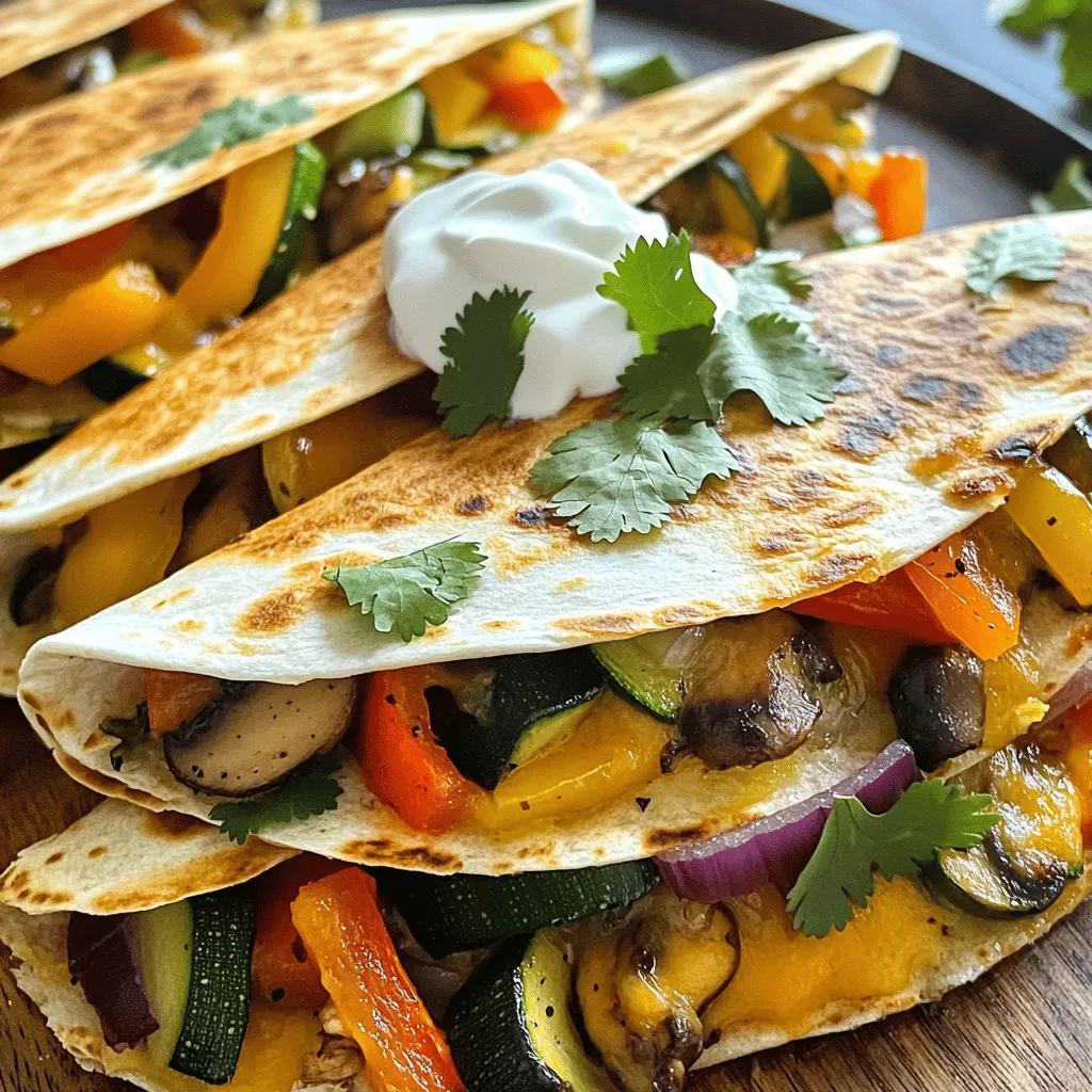 For the best veggie quesadillas, you need: - 4 large flour tortillas - 1 cup shredded cheese (your choice of cheddar, mozzarella, or a blend) - 1 cup bell peppers, thinly sliced - 1 cup zucchini, thinly sliced - 1 cup mushrooms, sliced - 1 small red onion, thinly sliced These ingredients combine to create a tasty and colorful dish. The cheese melts beautifully, binding everything together. You can add more flavor with: - 1 teaspoon garlic powder - 1 teaspoon ground cumin - Salt and black pepper, to taste - Sour cream or Greek yogurt, for serving (optional) - Fresh cilantro, chopped, for garnish (optional) These optional ingredients enhance the taste and add a fresh touch. Each ingredient plays a role in making your quesadillas truly special. For the full recipe, check out the delightful details I provided earlier. First, I heat two tablespoons of olive oil in a large skillet over medium heat. Once the oil is hot, I add the sliced bell peppers, zucchini, mushrooms, and red onion. I sauté these vegetables for about 5-7 minutes. This time allows them to become tender and colorful. I stir them occasionally to ensure even cooking. After the veggies cook down, I season them. I sprinkle one teaspoon of garlic powder and one teaspoon of ground cumin over the mixture. I also add salt and black pepper to taste. I stir well to coat the veggies evenly. Then, I let them cook for an extra 2 minutes. This enhances the flavors of the dish. When done, I remove the skillet from heat and set it aside. Next, I prepare to assemble the quesadillas. I heat a fresh skillet over medium heat. I take a large flour tortilla and place it in the skillet. On one half of the tortilla, I sprinkle a generous layer of shredded cheese. I like to use a blend for extra flavor. Then, I add a good portion of the sautéed veggie mixture on top of the cheese. To ensure everything stays put, I add a bit more cheese over the veggies. Finally, I carefully fold the tortilla in half, covering the filling well. Now, it’s time to cook the quesadillas. I let them cook for about 3-4 minutes on each side. I check for a golden brown color and crispy texture. I want the cheese to be fully melted. After one is done, I repeat this process for the remaining tortillas. I adjust the heat as needed to avoid burning any of them. For the full recipe, check out the complete guide on Easy Veggie Quesadillas! How do you check for doneness? Look for a golden brown color on both sides. The edges should be crispy, and the cheese should ooze out when you cut it. This shows that it’s ready to eat! How do you ensure cheese is evenly melted? Use a lid while cooking. This traps the heat and helps the cheese melt faster. Make sure to use a good amount of cheese. This gives each bite a creamy texture. Want to add some protein? Beans or tofu work great. They add texture and make the meal heartier. You can even use black beans or chickpeas for a nice twist. Do you like heat? Add jalapeños or hot sauce to spice things up. A little kick can make your quesadilla even tastier. You can adjust the spice to match your taste. Enjoy the zesty flavor! Check out the Full Recipe for all the details to make these quesadillas your own! {{image_4}} You can switch up the cheese in your quesadillas. If you want a non-dairy option, try vegan cheese. Many brands offer great taste and melt well. Look for options made from nuts or soy. You can also use a mix of cheeses. A blend of cheddar and mozzarella gives you a tasty combo. If you need a gluten-free option, corn tortillas are the way to go. They add a nice flavor and crispness. Just check the labels to ensure they are gluten-free. You can find them at most grocery stores. Corn tortillas also work well with any filling you choose. Using seasonal veggies makes your quesadillas fresh and tasty. In spring, try adding asparagus or peas. Summer is perfect for ripe tomatoes and corn. In fall, go for sweet potatoes or kale. Winter brings hearty veggies like squash and root vegetables. This way, you can enjoy a new taste each season. For the full recipe, check out the delightful veggie quesadillas! To store leftover veggie quesadillas, let them cool first. Place them in an airtight container. This keeps them fresh and tasty. Make sure to use parchment paper between layers if stacking. You can keep them in the fridge for up to three days. Check for any signs of spoilage before eating. If they smell odd or look different, it’s best to toss them. Reheating is easy and quick. You can use the oven or a skillet for the best results. For the oven, preheat it to 350°F (175°C). Place the quesadillas on a baking sheet. Heat for about 10-15 minutes until hot. If using a skillet, heat it over medium heat. Place the quesadilla in the pan for about 3-4 minutes per side. This keeps the tortilla crispy. For a faster method, use the microwave. Heat for 30 seconds, then check if warm. If not, heat in 15-second bursts until hot. Enjoy with your favorite dip! For the full recipe, check out the detailed steps above. Easy Veggie Quesadillas last about 3 to 4 days in the fridge. Check for signs of spoilage, like odd smells or mold. Store them in an airtight container to keep them fresh. This helps maintain their flavor and texture. When you reheat them, check if they are warm throughout. If they seem off, it’s best to toss them. Yes, you can freeze veggie quesadillas. Wrap each quesadilla tightly in plastic wrap or aluminum foil. Place them in a freezer bag or container to avoid freezer burn. They can last for up to 2 months in the freezer. To thaw, move them to the fridge overnight or microwave them for a quick thaw. Reheat them in a skillet for a crispy finish. You can serve Easy Veggie Quesadillas in various ways. Cut them into wedges for easy sharing. Pair them with sour cream or Greek yogurt for dipping. Fresh salsa adds a nice touch, too. Serve with a side salad or some guacamole for a complete meal. Enjoying them with a refreshing drink makes them even better! For the full recipe, check out the delightful veggie quesadillas section. You now have all you need to make easy veggie quesadillas. Start with fresh veggies and your choice of cheese. Follow the steps to sauté, assemble, and cook them to a perfect crisp. Focus on storage tips to enjoy leftovers later. Feel free to mix in proteins or spice it up with sauces. These simple quesadillas are a great meal for any day. Experimenting with variations can make them even more fun. Enjoy crafting your delicious creation!
