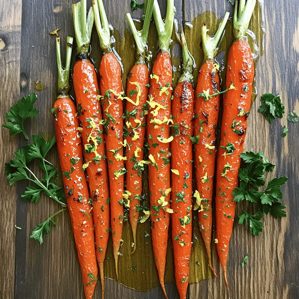 - 1 pound baby carrots (or regular carrots) - 3 tablespoons extra virgin olive oil - 3 cloves of garlic, finely minced - Zest of 1 large lemon - 2 tablespoons freshly squeezed lemon juice - 1 teaspoon honey (or maple syrup) - 1 teaspoon fresh thyme leaves (or dried thyme) - Salt and freshly ground black pepper, to taste - Fresh parsley for garnish The main ingredients for this recipe are simple yet effective. Baby carrots are sweet and tender. If you cannot find them, regular carrots work well too. Just peel and cut them into sticks. The olive oil adds richness, while minced garlic gives it a bold flavor. I love using fresh garlic; it makes a huge difference in taste. Next, we have the flavor enhancers. Lemon zest brightens the dish, giving it a fresh taste. Fresh lemon juice adds a tangy kick. Honey balances the acidity, making the dish even better. You can swap honey for maple syrup if you like. For seasoning, fresh thyme adds a lovely herbal note. Adjust salt and pepper to your liking. Finally, sprinkle chopped parsley on top for a pop of color and freshness. This combination of ingredients creates a flavorful side dish that pairs well with many meals. For the full recipe, check out the complete guide on how to make these delicious Lemon Garlic Roasted Carrots. - Preheat the oven to 400°F (200°C). - Line a baking sheet with parchment paper. To start, you must prepare your space. This simple step makes cleanup easier later. Preheating the oven ensures your carrots roast evenly. - Combine olive oil, garlic, lemon zest, lemon juice, honey, thyme, and seasonings. Next, we create the marinade. In a large bowl, mix together the olive oil, minced garlic, lemon zest, and fresh lemon juice. Add honey for sweetness and thyme for flavor. Sprinkle in salt and pepper to taste. Whisk it all together until smooth. This marinade is key to adding great taste to the carrots. - Coat the carrots with the marinade and arrange on the baking sheet. - Roast for 25-30 minutes, tossing halfway through. Now, it’s time to coat the carrots. Add the carrots to the bowl with the marinade. Toss them gently to make sure every carrot is covered. Spread them out on the baking sheet. Leave space between each carrot for even roasting. Place the baking sheet in the oven. Roast the carrots for 25 to 30 minutes. Remember to toss them halfway through. This helps them brown nicely and become tender. For the full recipe, refer to the beginning of the article. To boost the taste of your lemon garlic roasted carrots, try adding spices like cumin or paprika. Both spices add warmth and depth. Fresh herbs like rosemary or dill can also elevate the dish. They bring earthy and bright notes that work well with carrots. To balance sweetness and acidity, adjust the honey or maple syrup. If you find the dish too sweet, add a bit more lemon juice. This will brighten the flavors. The key is to taste as you go. You want a nice harmony of sweet and tangy. Avoid overcooking the carrots to keep their perfect texture. Aim for fork-tender but still crisp. Start checking at 25 minutes. If they are soft and caramelized, they are done. Using a meat thermometer can help too. Aim for a temperature around 190°F (88°C) for tender carrots. This ensures they are cooked just right. For serving, place the carrots in a beautiful dish. Drizzle any leftover marinade from the baking sheet on top. This adds flavor and a nice shine. Consider adding lemon wedges on the side. They make the dish look fresh and inviting. You can also pair the carrots with a protein like grilled chicken or fish. This creates a complete meal that is both colorful and tasty. For the full recipe, check out the [Full Recipe] section. {{image_4}} You can use regular carrots instead of baby carrots. Peel and cut them into sticks. This gives you more control over size. Make sure they are even for a nice roast. If you want a crunchy bite, try baby carrots. They are sweet and easy to handle. Feel free to add seasonal veggies to your dish. Think about parsnips or sweet potatoes in the fall. In spring, consider asparagus or radishes. These vegetables mix well with the lemon and garlic. You can also change the flavor by adding spices like cumin or paprika. This keeps things fresh and exciting. If you follow a vegan diet, swap honey for maple syrup. This small change keeps the sweetness. For those who avoid gluten, this recipe is already gluten-free. You can also reduce the oil for a lighter dish. If you have other dietary needs, just adjust the seasonings to fit your taste. Everyone can enjoy this recipe with a few tweaks. For the full recipe, check out the detailed steps above! To store leftover Lemon Garlic Roasted Carrots, let them cool completely first. Place them in an airtight container. This helps keep their flavor and texture. In the fridge, they last about 3 to 5 days. When you're ready to eat, just heat them up. If you want to freeze the roasted carrots, make sure they are cool. Place them in a freezer-safe bag or container. Try to remove as much air as possible to prevent freezer burn. They can stay good in the freezer for about 3 months. When reheating, let them thaw in the fridge overnight. Heat them in the oven at 350°F (175°C) until warmed, about 10-15 minutes. This keeps them tasty and not mushy. For the best storage, use glass or BPA-free plastic containers. These materials help keep the carrots fresh. Make sure they have tight-fitting lids. Label your containers with the date, so you know when to use them. This way, you can enjoy those delicious flavors whenever you want! For the full recipe of Lemon Garlic Roasted Carrots, check out the cooking section. To check if your carrots are tender, use a fork. Insert the fork into a carrot. If it goes in easily, they are done. Cooking time should be between 25 to 30 minutes. Toss the carrots halfway through cooking for even results. This helps them caramelize and become soft. Yes, you can prepare the carrots ahead of time. Toss them in the marinade and store them in the fridge for up to 24 hours. When ready to cook, spread them on a baking sheet. Roast as per the full recipe. For reheating, just warm them in the oven for about 10 minutes at 350°F (175°C). These carrots pair well with many dishes. Try serving them with grilled chicken or fish. They also go great with quinoa or rice. For a full meal, add a fresh salad. The bright flavors of the carrots enhance any meal. To add spice, try a pinch of red pepper flakes or cayenne. Mix them into the marinade. For more sweetness, add extra honey or a splash of maple syrup. You can also mix in some brown sugar for a caramelized effect. Adjust to your taste for a custom flavor! This blog post covered how to make Lemon Garlic Roasted Carrots. We discussed main ingredients and key steps, from preparation to roasting. I shared tips on flavor, cooking, and presentation. You can also explore variations to fit any diet. Lastly, I provided storage information to help you keep leftovers fresh. Roasting carrots enhances their flavor. They can make any meal shine. Enjoy this simple yet tasty dish. It’s easy, fun, and full of flavor!