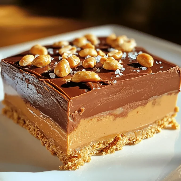 To make these delicious No-Bake Snickers Bars, you will need: - 1 cup graham cracker crumbs - 1/2 cup unsweetened cocoa powder - 1/2 cup creamy peanut butter - 1/3 cup honey or maple syrup - 1 cup salted peanuts, roughly chopped - 1 cup chocolate chips (milk or dark chocolate) - 1/4 cup heavy cream or coconut cream - A pinch of sea salt for finishing These ingredients come together to create a rich and satisfying treat. If you want to switch things up, here are some easy swaps: - Use almond butter instead of peanut butter for a nutty twist. - Try agave syrup if you prefer a different sweetener. - Coconut cream can replace heavy cream for a dairy-free option. These substitutions keep the flavor while catering to your taste or dietary needs. Selecting the right ingredients makes a big difference. Here are tips for two key components: - Chocolate Chips: Look for high-quality chocolate chips. Choose brands that have a rich flavor. Dark chocolate adds depth, while milk chocolate is sweeter. - Salted Peanuts: Fresh, crunchy peanuts enhance the texture. Buy whole peanuts and chop them yourself for a fresher taste. Investing in good ingredients leads to a more delicious No-Bake Snickers Bar. For the full recipe, check out the complete guide! To make No-Bake Snickers Bars, follow these simple steps: 1. Prepare the Base: In a medium bowl, mix the graham cracker crumbs and cocoa powder. This step sets the base flavor. 2. Mix the Peanut Butter: In a separate bowl, blend the creamy peanut butter and honey (or maple syrup). Stir until smooth. 3. Combine Mixtures: Add the peanut butter mix into the graham cracker blend. Stir until you form a thick dough. 4. Press into Pan: Line a 9x9 inch dish with parchment paper. Press the mixture firmly into the bottom to create a base layer. 5. Add Peanuts: Sprinkle the chopped salted peanuts over the crust. Press them down gently to stick. 6. Melt the Chocolate: In a microwave-safe bowl, mix the chocolate chips with heavy cream. Heat in 30-second bursts, stirring until melted. 7. Pour Chocolate Layer: Pour the melted chocolate over the peanut layer. Spread it evenly with a spatula. 8. Chill: Place the dish in the fridge. Chill for at least 2 hours until the chocolate sets. 9. Serve: Once firm, lift the bars out using the parchment paper. Cut into squares and sprinkle with sea salt. - Mixing: Make sure not to leave dry spots in your base mix. Stir well. - Peanut Butter: Use room temperature peanut butter for easy mixing. - Pressing: Press firmly to avoid a crumbly base. - Peanuts: Use fresh salted peanuts for the best crunch. - Melting Chocolate: Stir often to prevent burning. Stop as soon as it’s smooth. - Chilling: Don’t skip the chill time; it helps the bars set properly. - Consider showing images of each step, like mixing the base, pressing it into the pan, and pouring the chocolate. - A video clip demonstrating the melting chocolate process can be helpful. - Before and after photos of the bars can inspire your readers and show the final result. These steps ensure a tasty, easy-to-make treat that everyone will love. Check the Full Recipe for more details! To create a thick and cohesive dough, mix the graham cracker crumbs and cocoa powder well. Use a large bowl to give yourself enough space. When blending the peanut butter and honey, make sure they are creamy and smooth. If your dough feels too dry, add a bit more peanut butter or honey. If it’s too wet, a little extra graham cracker crumbs can help. Press the mixture firmly into your pan for best results. These No-Bake Snickers Bars shine at parties! Cut them into squares or rectangles for easy serving. You can arrange them on a colorful plate or tiered stand. For a fun twist, try adding a sprinkle of sea salt or some chopped nuts on top. You could even serve them with fresh fruit or a scoop of ice cream for an extra treat. You can reduce sugar by using less honey or maple syrup. Consider swapping in natural nut butters for added nutrients. You can also use dark chocolate chips for a less sweet option. Adding a few tablespoons of ground flaxseed or chia seeds can boost fiber without changing the taste much. These simple changes help make your No-Bake Snickers Bars a bit healthier. Check out the Full Recipe to see how easy it is! {{image_4}} You can easily boost the flavor of your No-Bake Snickers Bars. Try adding a splash of vanilla extract to the base mix. This small change adds a warm, sweet note. Another idea is to drizzle some sea salt caramel over the chocolate layer. This adds a rich and salty twist that pairs well with the sweetness. Get creative with your toppings! Instead of just salted peanuts, consider using crushed pretzels for a salty crunch. You could also try chopped almonds or walnuts. Each nut adds its unique flavor and texture, making your bars even more interesting. If you love coconut, sprinkle some shredded coconut on top to give it a tropical flair. Need a gluten-free option? Swap the graham cracker crumbs for gluten-free ones. You can also use almond butter instead of peanut butter for a nut-free version. For a vegan treat, replace honey with maple syrup and use dairy-free chocolate chips. These simple swaps let everyone enjoy these tasty bars without missing out! For the full recipe, check out the [Full Recipe]. To keep your No-Bake Snickers Bars fresh, store them in an airtight container. Place parchment paper between layers to prevent sticking. This method helps maintain their texture and taste. Keep them in the fridge for the best results. They will stay fresh and tasty this way. If you want to freeze these bars, follow these steps: 1. Cut the bars into squares. 2. Place them in a single layer on a baking sheet. 3. Freeze for about 1 hour until solid. 4. Transfer the squares into an airtight container or freezer bag. 5. Label the container with the date. This way, you can track how long they've been in the freezer. When you're ready to enjoy, take them out and let them sit at room temperature for about 10-15 minutes. This will help them soften a bit for the best taste. In the fridge, your No-Bake Snickers Bars can last up to one week. If you freeze them, they can stay good for about three months. Remember to check for any freezer burn if they are stored for a long time. Enjoy these treats fresh for the best flavor! Yes, you can make these bars ahead of time. They taste great after sitting in the fridge. I recommend making them up to three days in advance. Just keep them covered in the fridge. This way, the flavors blend nicely. You can enjoy them fresh when you want a sweet treat! If you need a substitute for chocolate chips, there are a few great options. You can use chopped dark chocolate, carob chips, or even white chocolate. Each option will give a different taste, but they will still work well. If you want a healthier choice, try using cacao nibs. They add a nice crunch and are less sweet. To make these bars more chocolatey, you can add more cocoa powder to the mixture. A tablespoon or two will do! You can also drizzle extra melted chocolate on top after chilling. Another fun idea is to mix in chocolate chunks with the peanuts. This will give you a rich chocolate taste in every bite! You learned about the key ingredients for No-Bake Snickers Bars, how to prepare them, and tips for success. Quality ingredients, like premium chocolate chips, enhance flavor. You also discovered fun variations, healthier options, and how to store them for freshness. Remember, making these bars is easy and customizable. With a little creativity, you can impress your friends and family. Enjoy your homemade treats, and happy cooking!