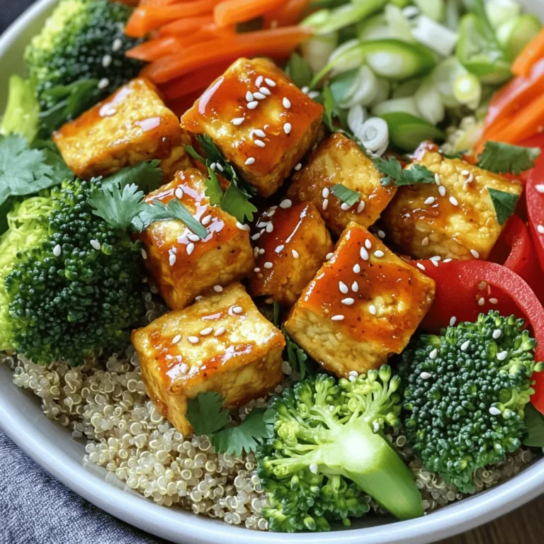 - 1 block firm tofu, pressed and cut into cubes - 2 tablespoons sriracha sauce - 1 tablespoon soy sauce - 1 tablespoon sesame oil - 1 cup cooked quinoa - 1 cup broccoli florets - 1 red bell pepper, thinly sliced - 1 carrot, peeled and julienned - 2 green onions, thinly sliced - 1 tablespoon sesame seeds - Fresh cilantro, for garnish - Salt and freshly ground black pepper, to taste When I make spicy sriracha tofu bowls, I love the mix of flavors and colors. The tofu is the star. I use firm tofu because it holds its shape well and gets crispy. Pressing it helps remove excess water, so it absorbs the marinade better. The marinade combines sriracha, soy sauce, and sesame oil. This mix gives the tofu a spicy, savory kick. For the base, I choose quinoa. It adds protein and fiber. I cook it before adding it to the bowls. The cooked quinoa pairs well with the crunchy veggies. I like using broccoli, red bell pepper, and julienned carrot. They add fresh colors and textures to the dish. Green onions and sesame seeds make great toppings. They bring extra crunch and flavor. I often finish with fresh cilantro. It adds a bright taste and looks nice on the bowl. For seasoning, I always use salt and freshly ground black pepper to taste. This simple seasoning enhances the dish's natural flavors. You can find the full recipe in the section above. First, grab a medium bowl. Combine sriracha, soy sauce, and sesame oil. This blend gives the tofu a nice kick. Cut your firm tofu into cubes. Toss the tofu in the marinade until every piece is coated. Let it sit for at least 15 minutes. This time allows the tofu to soak up all the flavors. Next, heat a large skillet over medium heat. Add a splash of water or vegetable broth. This will help steam the veggies. Toss in the broccoli florets, sliced red bell pepper, and julienned carrot. Sauté these for about 5-7 minutes. Stir them often until they are tender-crisp. Season with salt and pepper. This enhances their natural sweetness and flavor. Now, heat a non-stick skillet over medium-high heat. Add your marinated tofu cubes to the hot skillet. Spread them out evenly for the best crispiness. Cook for about 8-10 minutes. Remember to turn the tofu occasionally. You want it golden brown and crispy on all sides. Once everything is cooked, it's time to assemble the bowls. Start with a generous scoop of cooked quinoa at the bottom. Then layer on the sautéed vegetables. Finally, add the crispy tofu on top. This creates a colorful and inviting dish. To finish, sprinkle sesame seeds and sliced green onions over the bowls. This adds crunch and flavor. Don't forget to add fresh cilantro for a pop of color and taste. Serve these bowls warm for a delicious meal experience. For the full recipe, check the section above. To get that perfect tofu crispiness, start by pressing the tofu. Wrap the tofu in a clean towel and place a heavy pan on top. This squeezes out excess water. Let it sit for at least 15 minutes. This step is key for great texture. Next, cut the pressed tofu into cubes. For best results, cook the tofu in a hot, non-stick skillet over medium-high heat. This helps achieve an even golden color. Aim for a cooking time of about 8-10 minutes. Flip the cubes often to ensure they crisp up nicely on all sides. Want to boost the flavor? Consider adding spices like garlic powder or smoked paprika. These add depth and richness. You can also mix in some fresh ginger for a zesty kick. Adjusting the sriracha level is easy. Start with the recipe's amount, then taste. If you like more heat, add extra sriracha bit by bit. This way, you can find your perfect balance. Storing marinated tofu is simple. Just keep it in an airtight container in the fridge. It can last up to three days. This makes it easy to grab for quick meals. When reheating leftovers, use a skillet on medium heat. This helps keep the tofu crisp. You can also add a splash of water to create steam, keeping the veggies tender. Enjoy your tasty meal, even on busy days! {{image_4}} You can swap tofu for other proteins. Tempeh works great. It has a firm texture and a nutty taste. Chickpeas are another nice choice. They add creaminess and protein to your bowl. You can also add edamame or lentils for a nutrient boost. Edamame gives a nice crunch, while lentils add heartiness. Each option keeps the meal filling and tasty. Feel free to play with your veggies. Snap peas or zucchini can add freshness. They cook quickly and taste great. If you choose different vegetables, adjust your cooking times. Softer veggies may need less time. Keep an eye on them so they don't get mushy. This way, you'll enjoy the best flavors and textures. Not a fan of spicy? Use milder sauces like sweet chili sauce. You can also try making your own sriracha. Just blend red peppers, garlic, and vinegar for a custom kick. This way, you can control the heat level. Experiment to find what suits your taste buds best. There’s no wrong way to spice things up! For the complete recipe, check out the [Full Recipe]. To keep your Spicy Sriracha Tofu Bowls fresh, use airtight containers. Glass or BPA-free plastic containers work well. Store them in the fridge for up to four days. This way, you can enjoy the flavors later without losing quality. When reheating, use a microwave or stovetop. For the microwave, heat in short bursts. Stir to ensure even warmth. If using the stove, add a splash of water to the tofu and quinoa. This keeps them moist. You might want to add a little extra sriracha to refresh the flavors. You can freeze the tofu and quinoa separately. Place them in freezer bags and remove as much air as possible. The veggies do not freeze well, so only freeze the tofu and quinoa. To thaw, move them to the fridge overnight. Reheat on the stove or in the microwave. Add fresh herbs or a splash of soy sauce to brighten up the dish. I recommend marinating the tofu for at least 15 minutes. This gives the tofu time to soak up the flavors of the marinade. If you have more time, you can marinate it for up to an hour. This extra time will enhance the taste even more. Yes, you can easily make this recipe gluten-free. Simply replace the soy sauce with tamari. Tamari is a gluten-free alternative that tastes similar. Always check labels to ensure other ingredients are gluten-free as well. You can serve Spicy Sriracha Tofu Bowls with a variety of side dishes. Some great options include: - Steamed edamame - Mixed green salad - Roasted sweet potatoes - Pickled vegetables These sides add more flavor and nutrients to your meal. Absolutely! Spicy Sriracha Tofu Bowls work well for meal prep. You can store the tofu, quinoa, and veggies in separate containers. This keeps everything fresh. When you’re ready to eat, just reheat and enjoy. To boost protein without meat, consider these options: - Add edamame or chickpeas to the bowl. - Mix in hemp seeds or sunflower seeds. - Serve with a dollop of Greek yogurt on top. These additions will make your meal even more filling. For the full recipe, check out the Spicy Sriracha Tofu Bowls section. This blog covered how to make tasty Spicy Sriracha Tofu Bowls. We detailed key ingredients, step-by-step cooking, and tips for great flavor. You learned to marinate tofu, sauté fresh veggies, and assemble a nourishing meal. Customizing with different proteins or veggies keeps the dish exciting. Remember, meal prep makes life easier, and leftovers can be delicious. Enjoy exploring your kitchen and making this dish your own!