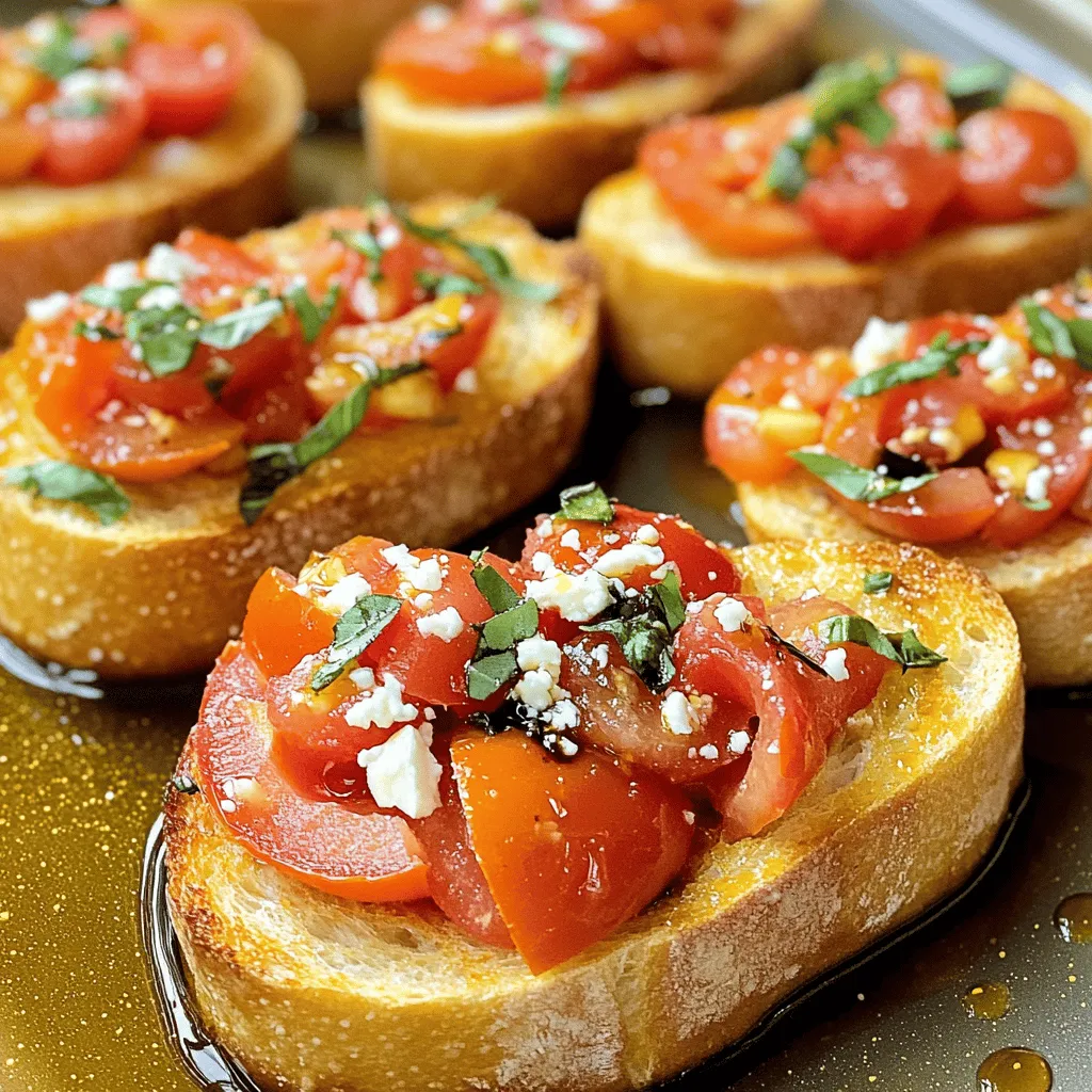 - 1 French baguette, cut into 1/2-inch thick slices - 4 ripe tomatoes, finely diced - 2 cloves garlic, minced - 1/4 cup fresh basil leaves, roughly chopped - 3 tablespoons balsamic vinegar - 3 tablespoons extra virgin olive oil - Salt and freshly cracked black pepper to taste - Optional: 1/4 cup crumbled feta cheese Choosing ripe tomatoes Look for tomatoes that feel heavy for their size. They should be firm but have a slight give. A rich red color shows they are ripe and ready. This will give your bruschetta the best flavor. Selecting fresh basil Choose basil leaves that are vibrant green and have no brown spots. Fresh basil has a strong aroma. This means it will add a lot of flavor to your dish. Importance of quality olive oil Good olive oil can make a big difference. Look for extra virgin olive oil for the best taste. A high-quality oil adds depth and richness to your bruschetta. Use these tips to pick the best ingredients. The right choices will lead to a delicious and fresh Tomato Basil Bruschetta. For the complete details and steps, check out the Full Recipe. - Preheat the oven to 400°F (200°C). - Arrange baguette slices on a baking sheet. - Oil the bread for optimal crispiness. To start, I like to preheat the oven first. This ensures my bread becomes perfectly crispy. Once it’s ready, I lay the baguette slices flat on a baking sheet. Each slice should have some space around it. This helps them cook evenly. Next, I grab my olive oil. I use a brush to lightly coat the top of each slice. This little step makes a big difference in how crispy they become. - Combine diced tomatoes, garlic, and basil. - Add balsamic vinegar and seasonings. - Tips for marinating for enhanced flavor. While the bread bakes, I prepare the tomato topping. I dice the ripe tomatoes and mince garlic. Then, I chop fresh basil leaves. In a bowl, I mix these ingredients together. Next, I drizzle in balsamic vinegar and sprinkle salt and pepper. Mixing gently helps every bite burst with flavor. For the best taste, I let this mixture sit for about 10 minutes. This marinating time allows the flavors to blend nicely. - Toasting the baguette slices. - Spoon the tomato mixture on bread. - Optional toppings for variation. After about 5-7 minutes, I check the baguette slices. They should turn golden brown and be crispy. I take them out and let them cool slightly. Now comes the fun part! I spoon the tomato mixture onto each slice. I let some juices soak into the bread for extra flavor. If I want a twist, I sprinkle crumbled feta on top. This adds a nice tangy touch. Enjoy your fresh and flavorful tomato basil bruschetta! For more detailed instructions, check the Full Recipe. To get that perfect crispiness, bake the baguette for about 5-7 minutes. You want them golden brown and crunchy. Check them often to avoid burnt edges. If you see them darkening too fast, lower the heat or take them out a bit early. Tomato basil bruschetta shines at parties or family gatherings. It makes a great starter for any meal. Pair it with a chilled white wine or sparkling water. The fresh flavors match well with light drinks. For a stunning display, arrange the bruschetta on a large platter. Use whole basil leaves for color. Drizzle some balsamic glaze on top for extra flair. You can also serve it on a cutting board for a rustic look. {{image_4}} You can make tomato basil bruschetta even more exciting with different toppings. Adding cheese is a great start. Try mozzarella for a creamy, soft touch. Feta brings a tangy kick that complements the tomatoes well. You can also use goat cheese for a rich, earthy flavor. Adding other vegetables can enhance the dish too. Consider bell peppers for a sweet crunch or olives for a briny surprise. You can even add avocado for creaminess, making each bite unique. If you need gluten-free options, choose gluten-free baguettes. Many stores offer these now, so it’s easy to find one that tastes great. You can also use grilled polenta slices as a base. They bring a nice texture and flavor. For vegan modifications, skip the cheese or choose a plant-based alternative. Nutritional yeast can offer a cheesy flavor without dairy. Ensure the balsamic vinegar is vegan as some brands add honey. These small changes make the bruschetta fit various diets. To add more depth, try different spices or herbs. A pinch of red pepper flakes can add heat. Fresh oregano or thyme can give the bruschetta a Mediterranean flair. You can even mix in a touch of smoked paprika for an unexpected twist. Consider alternative dressing options too. Instead of balsamic vinegar, try a splash of lemon juice for brightness. A drizzle of pesto can also elevate the flavor profile. Experiment with these ideas to find your perfect bruschetta blend. For the full recipe, check out the complete guide to tomato basil bruschetta. To keep bruschetta fresh, store it carefully. First, separate the tomato mixture from the toasted bread. The bread gets soggy if left too long. Place the tomato mix in an airtight container. It can last for 2-3 days in the fridge. For the baguette, wrap it in foil or plastic wrap. This keeps it from drying out. You can eat leftovers cold or warm them a bit. Yes, you can freeze bruschetta! However, it’s best to freeze just the tomato mixture. Pour it into a freezer-safe bag and remove as much air as possible. This helps prevent freezer burn. When you're ready to use it, thaw the mixture in the fridge overnight. For the bread, you can freeze the unbaked baguette slices. Reheat them in the oven after thawing. They will taste fresh again! To reheat bruschetta, place the toasted bread back in the oven for a few minutes. This will crisp it up again. If you stored the tomato mixture, add it on top after reheating. The flavors may change slightly after storage. The bread may lose some crunch, but it will still taste great! Enjoy it as a quick snack or an appetizer. For the full recipe, check the link above! The best bread for bruschetta is a French baguette. It has a nice crust and soft center. You can also try ciabatta or Italian bread. These options hold toppings well and stay crispy. Choose bread that is a day or two old. Fresh bread can be too soft. Yes, you can prepare bruschetta ahead of time. Make the tomato topping and store it in the fridge. Toast the bread just before serving. This keeps the bread crispy and prevents it from going soggy. If you want to save time, you can slice and toast the bread ahead, too. Bruschetta lasts about 2 days in the fridge. The tomato topping can keep well, but the bread will get soggy. To maintain freshness, store the tomato mix and bread separately. If the topping starts to lose flavor, add fresh basil or a splash of balsamic vinegar. You can get creative with bruschetta toppings! Try adding different cheeses like mozzarella or goat cheese. You can mix in olives, peppers, or even avocados. For a spicy kick, add red pepper flakes. Use your favorite herbs to change the flavor. Bruschetta is best served warm. Toasted bread gives a nice crunch. The tomato topping can be at room temperature. This combination creates a tasty contrast. You can also serve it cold if you prefer a refreshing snack. For a complete guide to making Tomato Basil Bruschetta, check the [Full Recipe]. Bruschetta is simple to make and packs great flavors. You start with fresh bread and ripe tomatoes. Follow the steps to get crispy, tasty bites. Remember to choose quality ingredients for the best taste. Feel free to experiment with different toppings and storage methods. Whether for dinner or a party, bruschetta impresses everyone. Keep this guide handy, and enjoy making this classic dish. It’s easy, fun, and delicious!