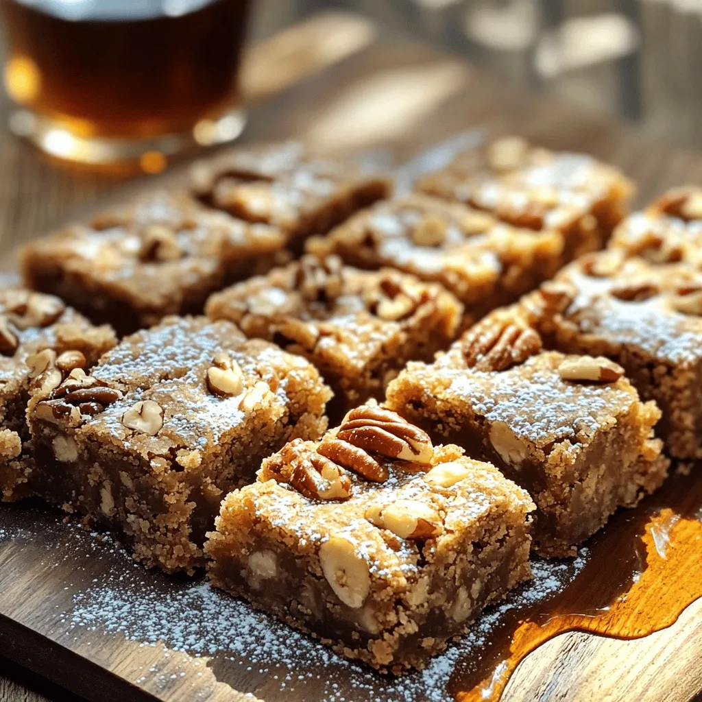 To make Chewy Maple Pecan Blondies, gather these simple ingredients: - 1 cup unsalted butter, melted - 1 cup packed brown sugar - 1/2 cup granulated sugar - 1/4 cup pure maple syrup - 2 large eggs - 1 teaspoon vanilla extract - 2 cups all-purpose flour - 1 teaspoon baking powder - 1/2 teaspoon baking soda - 1/2 teaspoon salt - 1 cup pecans, roughly chopped - 1/2 cup white chocolate chips Each ingredient plays a key role in creating that rich, chewy texture. The melted butter adds moisture and depth. Brown sugar gives sweetness and a hint of caramel. Pure maple syrup brings a warm flavor that shines through. Eggs help bind the mix and keep it soft. The flour is the backbone of the recipe, while baking powder and baking soda create that nice lift. Salt balances sweetness and enhances all the flavors. Chopped pecans give crunch, and white chocolate chips add creamy sweetness. These ingredients come together to create a delicious treat that’s hard to resist. For the full recipe, follow the detailed steps I’ve shared. Start by preheating your oven to 350°F (175°C). Take a 9x13 inch baking pan and line it with parchment paper. Make sure to leave some overhanging edges. This helps you lift the blondies out later. In a big mixing bowl, add the melted butter, brown sugar, and granulated sugar. Whisk them together until smooth. This step is key for rich blondies. Now, pour in the pure maple syrup and mix well. Next, add the eggs one at a time. Whisk thoroughly after each egg. Finally, add the vanilla extract and give it one last stir. In another bowl, whisk together the all-purpose flour, baking powder, baking soda, and salt. Slowly add this mix into the wet ingredients. Fold gently until just combined. Be careful not to overmix. You want your blondies to stay chewy. Now, it’s time to add the fun stuff! Fold in the chopped pecans and white chocolate chips. Make sure they are evenly spread throughout the batter. This gives every bite a nice crunch and sweetness. Pour the batter into your lined baking pan. Use a spatula to spread it evenly. Place the pan in the oven and bake for 25 to 30 minutes. Check for doneness by inserting a toothpick in the center. It should come out with a few moist crumbs. Once done, let the blondies cool in the pan for about 10 minutes. Use the parchment paper to lift them out and transfer to a wire rack. Let them cool completely before cutting into squares. Enjoy your chewy maple pecan blondies! To get that perfect chewy texture, avoid overmixing the batter. When you add the flour mixture, mix just until you see no dry flour. This keeps the blondies soft. Letting them cool in the pan also helps. Don’t cut them too soon, or they may fall apart! Accurate measuring is key. Use a kitchen scale for precise amounts, especially for flour. If you use measuring cups, spoon the flour into the cup and level it off with a knife. This method avoids packing the flour down, which can make the blondies dense. You can boost the flavor with a few simple tweaks. Try adding a pinch of cinnamon or nutmeg to the dry mix for warmth. You can also swap out the white chocolate chips for dark chocolate for a richer taste. If you like, add a splash of bourbon to the batter for an adult twist! Feel free to check the Full Recipe for more details and tips. {{image_4}} If you want to make nut-free blondies, just leave out the pecans. You can replace them with seeds like sunflower or pumpkin. These seeds add a nice crunch and flavor without nuts. Your blondies will still taste great and be chewy. You can mix in different add-ins for fun flavors. Chocolate chips make everything sweeter. You can use dark, milk, or white chocolate chips. Dried fruits such as cranberries or cherries add a chewy texture and tartness. Try your favorite add-ins to make these blondies your own. To make gluten-free blondies, swap the all-purpose flour for a gluten-free blend. Look for a blend that works for baking. This will keep the texture chewy while avoiding gluten. Just keep an eye on the baking time, as it may change slightly. Enjoy the same rich, sweet taste without the gluten! You can store your chewy maple pecan blondies in an airtight container. Keep them at room temperature for up to three days. For longer freshness, place them in the fridge. They will last about a week in the fridge, but they might dry out a bit. To freeze blondies, first, let them cool completely. After cooling, wrap each piece in plastic wrap. Then, place them in a freezer-safe bag or container. They can stay frozen for up to three months. When you want one, just take it out and let it thaw at room temperature. To reheat, preheat your oven to 350°F (175°C). Place the blondies on a baking sheet. Heat them for about 5 to 10 minutes. If you want a softer treat, you can microwave one for about 10 to 15 seconds. This helps to revive their chewy texture. Enjoy your delicious blondies warm! You can tell your blondies are done by looking at the edges. They should be golden brown. Insert a toothpick into the center. If it comes out with a few moist crumbs, they are ready. If it comes out wet, they need more time. Keep an eye on them during the last few minutes of baking. Yes, you can use other nuts if you prefer. Walnuts or almonds work well. You can even skip the nuts for a nut-free version. Just make sure to keep the texture in mind. Nuts add crunch and flavor to your blondies. If you don't have maple syrup, try honey or agave syrup. Both will add sweetness and moisture. You can also use brown sugar mixed with a bit of water. This creates a similar texture and flavor. Adjust the amount based on your taste. These blondies can last for about a week at room temperature. Keep them in an airtight container. If you want them to last longer, store them in the fridge for up to two weeks. You can also freeze them for up to three months. Yes, you can make your blondies ahead of time. Bake them, then cool completely. Store them in an airtight container. You can also freeze them for later enjoyment. Just thaw them at room temperature before serving. For the full recipe, including detailed steps and tips, check out the [Full Recipe]. It has everything you need to make these chewy maple pecan blondies a success! In this blog post, we explored a delightful recipe for Chewy Maple Pecan Blondies. We covered essential ingredients, step-by-step instructions, and helpful tips for perfecting your bake. I shared some variations to suit different tastes and offered storage info for leftovers. Remember, baking is about fun and creativity. Enjoy experimenting with flavors. These blondies are sure to impress anyone who tries them. Happy baking!