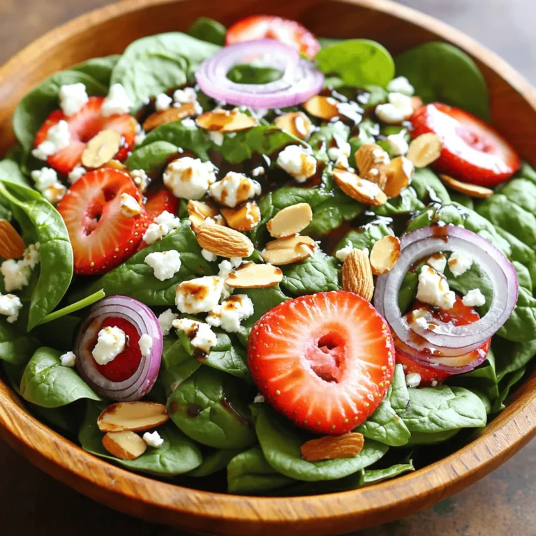 - Fresh spinach leaves - Fresh strawberries - Feta cheese - Sliced almonds - Red onion - Balsamic vinegar - Honey - Olive oil - Sea salt and black pepper To make a great Strawberry Spinach Salad, you need fresh ingredients. Start with four cups of fresh spinach leaves. Look for bright green, crisp leaves. They give your salad a nice base. Next, choose two cups of fresh strawberries. Pick sweet, ripe ones for the best flavor. Add half a cup of feta cheese. Crumble it into small pieces. The feta adds a salty, creamy touch. Then, grab a quarter cup of sliced almonds. Toast them until golden for a crunchy bite. You also need a quarter of a medium red onion. Slice it finely. This gives the salad a nice kick. For the dressing, mix a quarter cup of balsamic vinegar, three tablespoons of honey, and two tablespoons of olive oil. Don’t forget sea salt and black pepper to taste. These ingredients come together for a fresh and flavorful delight. You can find the full recipe at the end of this article. Enjoy the bright colors and tasty flavors of this salad! To make the dressing, gather your ingredients. In a small mixing bowl, whisk together: - 1/4 cup balsamic vinegar - 3 tablespoons honey - 2 tablespoons extra virgin olive oil - Sea salt and freshly cracked black pepper to taste Mix these items well until they blend smoothly. This whisking helps to emulsify the dressing. You want a nice, thick texture that coats your salad well. Tip: If your dressing is too thick, add a little water. This helps achieve the right consistency. Now it’s time to layer your salad. Start with a large salad bowl. Place: - 4 cups fresh spinach leaves at the bottom. Next, add: - 2 cups fresh strawberries, hulled and thinly sliced. - 1/2 cup feta cheese, crumbled into small pieces. - 1/4 cup sliced almonds, toasted until golden. - 1/4 medium red onion, finely sliced. Lay these ingredients on top of the spinach. This creates a colorful and inviting display. A beautiful presentation makes your salad more appetizing. Next, drizzle your prepared dressing over the salad. Use salad tongs to gently toss everything together. Make sure each ingredient gets coated with the dressing. This helps the flavors mix well. Tip: Let the salad rest for about 5 minutes. This allows the flavors to meld. It enhances the taste of your strawberry spinach salad. For the full recipe, check out the complete instructions and enjoy creating this delightful dish! To make your Strawberry Spinach Salad even more exciting, think about adding extra ingredients. Here are some suggestions: - Avocado: Adds creaminess. - Grilled chicken: Gives protein and heartiness. - Goat cheese: Offers a tangy twist. For dressings, balsamic vinegar is great. You can also try honey mustard for a sweet kick or a lemon vinaigrette for a zesty touch. Washing your spinach well is key. Fill a bowl with cold water and swish the leaves around. This helps remove dirt. After washing, use a salad spinner or a clean kitchen towel to dry the leaves. For strawberries, slice them thinly. Remove the green tops first. For onions, use a sharp knife. Cut them into thin rings for best results. Get creative when serving your salad. You can serve it in a large bowl for sharing or on individual plates for a classy look. Pair your salad with grilled fish or roasted chicken for a complete meal. It also goes well with a light soup or crusty bread on the side. Try garnishing with extra feta or whole almonds to make it pop! For the full recipe, check out the details above. {{image_4}} You can switch up your Strawberry Spinach Salad by adding different ingredients. For cheese, try goat cheese or blue cheese. They both add a nice tang. If you're feeling adventurous, a creamy burrata can also be a great choice. When it comes to fruits, consider adding blueberries, raspberries, or even kiwi. These fruits will bring new flavors and colors to your salad. For nuts, walnuts or pecans work well too. Toasted nuts add a rich taste and crunch. To make a vegan version of this salad, skip the feta cheese. Replace it with avocado for creaminess or use a vegan cheese alternative. You can also add chickpeas for extra protein. For dressings, a simple lemon vinaigrette is a great choice. Mix fresh lemon juice, olive oil, and a pinch of salt. Another option is a tahini dressing. Just blend tahini, lemon juice, water, and a bit of garlic for a creamy taste. Using seasonal produce can make your salad even more exciting. In summer, add ripe peaches or nectarines for sweetness. In fall, try roasted butternut squash or apples. These ingredients change the flavor and keep your salad fresh. Think about themed salads too. For a holiday, use pomegranate seeds and nuts for a festive touch. In winter, add roasted Brussels sprouts for warmth. Each season brings new ideas for your Strawberry Spinach Salad, making it a fun dish year-round. For the full recipe, check out the detailed instructions above! To keep your Strawberry Spinach Salad fresh, store leftovers in an airtight container. This helps prevent wilting. For best results, do not dress the salad until you are ready to eat. If you have extra ingredients, store them separately. This way, each component stays crisp and flavorful. - Leftover Salad: Place in a fridge-safe container with a tight lid. - Spinach and Strawberries: Store in separate containers. Use paper towels to absorb moisture. - Dressing: Keep in a jar or bottle in the fridge for up to a week. If your salad wilts, you can revive it easily. Rinse the spinach leaves in cold water and spin dry. This will help them regain their crunch. You can also add a splash of fresh dressing. For leftovers, consider repurposing the salad. Use it as a topping for grilled chicken or fish. You can also mix it into a grain bowl for extra flavor. Another idea is to blend it into a smoothie for a healthy twist! To make your salad gluten-free, choose the right dressing. Many balsamic dressings are gluten-free, but always check the label. You can also make your own with balsamic vinegar, honey, and olive oil. If you use croutons or any other ingredient with gluten, simply swap them out. For example, use seeds instead of croutons. You can also add more nuts, like walnuts or pecans, for crunch. Besides balsamic dressing, you can try several other options. A light vinaigrette with lemon juice works well. You can also use a honey mustard dressing for a sweet twist. For a creamy touch, try a yogurt-based dressing. Homemade dressings are easy to make. Just mix olive oil, vinegar, and your favorite herbs for a fresh taste. Yes, you can prep this salad ahead of time! Wash and dry the spinach and slice the strawberries. Store them in separate containers. Keep the feta and almonds in small bags to stay fresh. Do not dress the salad until you are ready to serve. If the salad sits dressed for too long, it can get soggy. Aim to dress it just before serving for the best taste. In this post, we explored the delicious Strawberry Spinach Salad. We covered the fresh ingredients, from spinach to strawberries and feta. You learned how to mix a tasty dressing and layer the salad for the best look. I shared tips for enhancing flavors and even some fun variations. Remember, presenting your salad well makes it more appealing. Whether you stick to the basics or try new twists, this salad brightens any meal. Enjoy making it your own!