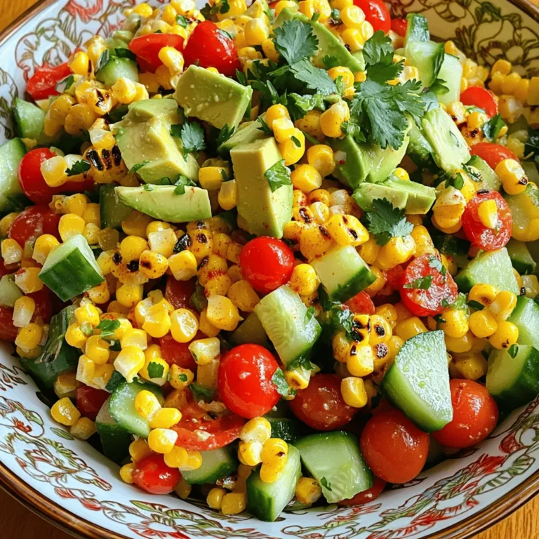 - 4 sweet corn ears, husked - 1 red bell pepper, diced into small cubes - 1 cucumber, diced - 1 small red onion, finely chopped - 1 cup cherry tomatoes, halved - 1/4 cup fresh cilantro, chopped - 1 ripe avocado, diced - 3 tablespoons extra virgin olive oil - 2 tablespoons freshly squeezed lime juice - 1 teaspoon honey (or agave syrup for a vegan option) - Salt and black pepper to taste - 1/2 teaspoon smoked paprika The key to a great Grilled Corn Salad lies in fresh ingredients. Sweet corn brings a wonderful crunch and natural sweetness. I love using ripe avocados, as they add creaminess to the salad. Each vegetable adds its own flavor and texture, making every bite exciting. - For a sweetener, use maple syrup instead of honey. - You can swap bell peppers with diced zucchini or carrots. - Fresh parsley or mint works well if you don’t have cilantro. Feel free to mix and match based on what you have at home. Cooking is all about creativity! Want a twist? Try adding black beans for protein or some feta cheese for a salty kick. Enjoy experimenting! 1. Start by preheating your grill to medium-high heat. This is key for great flavor. 2. Grill the husked corn for about 10 to 12 minutes. Turn it often for even cooking. You want nice char marks on all sides. 3. Once grilled, remove the corn and let it cool for a few minutes. 1. After cooling, grab a sharp knife. Cut the kernels off the cob. Do this over a large bowl to catch them. 2. Now, add the diced red bell pepper, cucumber, finely chopped red onion, halved cherry tomatoes, and fresh cilantro. Mix gently to combine. 1. For the dressing, you need: - 3 tablespoons extra virgin olive oil - 2 tablespoons freshly squeezed lime juice - 1 teaspoon honey (or agave syrup) - Salt and black pepper - 1/2 teaspoon smoked paprika 2. In a small bowl, whisk these ingredients together until well blended. You want a smooth consistency. 1. Drizzle the dressing over the corn and vegetable mix. Toss everything gently to coat all ingredients. 2. Carefully fold in the diced avocado. Keep the chunks intact for great texture. 3. Taste the salad. Adjust the seasoning with more salt, pepper, or lime juice as needed. 4. For the best taste, let the salad rest for at least 15 minutes. This helps the flavors meld. This salad is fresh, colorful, and full of flavor. Serve it in a large bowl for a beautiful presentation. Enjoy this dish as a side or light meal! For the full recipe, check out the Sunny Grilled Corn Salad. To get perfect char marks on your corn, preheat your grill to medium-high heat. This helps the corn cook evenly and adds that smoky flavor. Place the husked corn directly on the grill for about 10 to 12 minutes. Turn it often to avoid burning. When it's done, you’ll see those beautiful grill lines. After grilling, let the corn cool down for a few minutes. This makes it safer to handle. You can make your salad pop with extra spices. Try adding cayenne pepper for a kick or cumin for warmth. For a heartier dish, consider adding grilled chicken or black beans. Quinoa also works great for extra protein. These additions make the salad more filling and fun. Grilled Corn Salad pairs well with grilled meats, like chicken or steak. It also complements fish dishes nicely. For a fun twist, serve it in taco shells or lettuce wraps. This adds a crunchy texture. Use a colorful bowl to show off the salad's vibrant ingredients. Garnish with extra cilantro and a lime wedge for a fresh look. {{image_4}} You can change this salad based on what is in season. Try adding fresh zucchini or radishes for a crunchy twist. In the fall, include roasted butternut squash for a warm flavor. You can also make a delicious pasta salad by mixing in cooked pasta and your favorite herbs. This salad is easy to make vegan and gluten-free. Use agave syrup instead of honey to keep it vegan. For a gluten-free option, check that all ingredients are gluten-free, especially dressings and seasonings. If you want a low-carb version, skip the corn and use cauliflower rice instead. This keeps the salad light and refreshing. Add a Mexican flair with toppings like crumbled feta or cotija cheese. You can also mix in jalapeños for a spicy kick. For a Mediterranean taste, add olives, feta cheese, and diced sun-dried tomatoes. These changes will bring new flavors that are still fresh and fun. For more details on making this dish, check out the Full Recipe. To keep your Grilled Corn Salad fresh, use an airtight container. Glass containers work well, but plastic ones are fine too. Make sure the lid seals tightly. Store the salad in the fridge. This helps keep the flavors intact and prevents spoilage. If you want to enjoy leftovers, the best way is to eat them cold. Reheating can change the salad's texture. If you must warm it up, use the microwave for short bursts. Heat it just enough to take the chill off. Discard the salad if it smells bad or looks slimy. Fresh corn lasts about 3 to 5 days in the fridge. Other veggies, like bell peppers and cucumbers, can last a week or more if stored well. To keep them fresh, avoid washing until ready to use. Use the freshest ingredients you can find. This ensures your salad tastes its best! Grilling corn is simple and fun! You can grill corn husked or in the husk. - Husked corn: Remove the husk and silk. This gives you more direct heat. The kernels get a nice char. - Corn in the husk: Leave the husk on. Soak the corn in water for 15 minutes. This helps keep it moist while grilling. The husk protects the kernels and adds a slight steam effect. Both methods work, but husked corn gives a richer, smokier flavor. Yes, you can make this salad ahead of time! - Timing: Make the salad up to 24 hours in advance. - Storage: Keep it in an airtight container in the fridge. The flavors will blend nicely overnight. However, wait to add the avocado until just before serving. This keeps it fresh and green. If you can’t find fresh corn, don’t worry! - Canned corn: Drain and rinse before adding. It’s a quick option. - Frozen corn: Thaw and drain. Cook it on the grill for a smoky taste. Both alternatives work well in the salad. Absolutely! This salad is great for meal prep. - Best practices: Divide the salad into containers. This makes it easy to grab and go. - Storage: Store the dressing separately. Add it just before eating to keep the salad fresh. You can enjoy this salad all week long! For the full recipe, check out my Sunny Grilled Corn Salad. You learned how to make a delicious Grilled Corn Salad packed with fresh ingredients. We covered the prep steps, grilling techniques, and ways to combine flavors. You can customize it with different veggies or dressings. Remember, this salad is great for any meal and can easily fit into your diet. Enjoy experimenting with new flavors and share your unique twist on this dish! This salad is not just a recipe, but a way to make healthy eating fun and tasty.