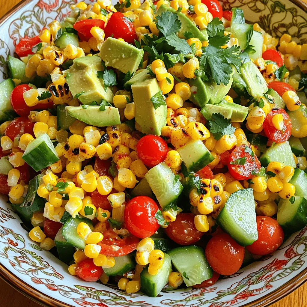 - 4 sweet corn ears, husked - 1 red bell pepper, diced into small cubes - 1 cucumber, diced - 1 small red onion, finely chopped - 1 cup cherry tomatoes, halved - 1/4 cup fresh cilantro, chopped - 1 ripe avocado, diced - 3 tablespoons extra virgin olive oil - 2 tablespoons freshly squeezed lime juice - 1 teaspoon honey (or agave syrup for a vegan option) - Salt and black pepper to taste - 1/2 teaspoon smoked paprika The key to a great Grilled Corn Salad lies in fresh ingredients. Sweet corn brings a wonderful crunch and natural sweetness. I love using ripe avocados, as they add creaminess to the salad. Each vegetable adds its own flavor and texture, making every bite exciting. - For a sweetener, use maple syrup instead of honey. - You can swap bell peppers with diced zucchini or carrots. - Fresh parsley or mint works well if you don’t have cilantro. Feel free to mix and match based on what you have at home. Cooking is all about creativity! Want a twist? Try adding black beans for protein or some feta cheese for a salty kick. Enjoy experimenting! 1. Start by preheating your grill to medium-high heat. This is key for great flavor. 2. Grill the husked corn for about 10 to 12 minutes. Turn it often for even cooking. You want nice char marks on all sides. 3. Once grilled, remove the corn and let it cool for a few minutes. 1. After cooling, grab a sharp knife. Cut the kernels off the cob. Do this over a large bowl to catch them. 2. Now, add the diced red bell pepper, cucumber, finely chopped red onion, halved cherry tomatoes, and fresh cilantro. Mix gently to combine. 1. For the dressing, you need: - 3 tablespoons extra virgin olive oil - 2 tablespoons freshly squeezed lime juice - 1 teaspoon honey (or agave syrup) - Salt and black pepper - 1/2 teaspoon smoked paprika 2. In a small bowl, whisk these ingredients together until well blended. You want a smooth consistency. 1. Drizzle the dressing over the corn and vegetable mix. Toss everything gently to coat all ingredients. 2. Carefully fold in the diced avocado. Keep the chunks intact for great texture. 3. Taste the salad. Adjust the seasoning with more salt, pepper, or lime juice as needed. 4. For the best taste, let the salad rest for at least 15 minutes. This helps the flavors meld. This salad is fresh, colorful, and full of flavor. Serve it in a large bowl for a beautiful presentation. Enjoy this dish as a side or light meal! For the full recipe, check out the Sunny Grilled Corn Salad. To get perfect char marks on your corn, preheat your grill to medium-high heat. This helps the corn cook evenly and adds that smoky flavor. Place the husked corn directly on the grill for about 10 to 12 minutes. Turn it often to avoid burning. When it's done, you’ll see those beautiful grill lines. After grilling, let the corn cool down for a few minutes. This makes it safer to handle. You can make your salad pop with extra spices. Try adding cayenne pepper for a kick or cumin for warmth. For a heartier dish, consider adding grilled chicken or black beans. Quinoa also works great for extra protein. These additions make the salad more filling and fun. Grilled Corn Salad pairs well with grilled meats, like chicken or steak. It also complements fish dishes nicely. For a fun twist, serve it in taco shells or lettuce wraps. This adds a crunchy texture. Use a colorful bowl to show off the salad's vibrant ingredients. Garnish with extra cilantro and a lime wedge for a fresh look. {{image_4}} You can change this salad based on what is in season. Try adding fresh zucchini or radishes for a crunchy twist. In the fall, include roasted butternut squash for a warm flavor. You can also make a delicious pasta salad by mixing in cooked pasta and your favorite herbs. This salad is easy to make vegan and gluten-free. Use agave syrup instead of honey to keep it vegan. For a gluten-free option, check that all ingredients are gluten-free, especially dressings and seasonings. If you want a low-carb version, skip the corn and use cauliflower rice instead. This keeps the salad light and refreshing. Add a Mexican flair with toppings like crumbled feta or cotija cheese. You can also mix in jalapeños for a spicy kick. For a Mediterranean taste, add olives, feta cheese, and diced sun-dried tomatoes. These changes will bring new flavors that are still fresh and fun. For more details on making this dish, check out the Full Recipe. To keep your Grilled Corn Salad fresh, use an airtight container. Glass containers work well, but plastic ones are fine too. Make sure the lid seals tightly. Store the salad in the fridge. This helps keep the flavors intact and prevents spoilage. If you want to enjoy leftovers, the best way is to eat them cold. Reheating can change the salad's texture. If you must warm it up, use the microwave for short bursts. Heat it just enough to take the chill off. Discard the salad if it smells bad or looks slimy. Fresh corn lasts about 3 to 5 days in the fridge. Other veggies, like bell peppers and cucumbers, can last a week or more if stored well. To keep them fresh, avoid washing until ready to use. Use the freshest ingredients you can find. This ensures your salad tastes its best! Grilling corn is simple and fun! You can grill corn husked or in the husk. - Husked corn: Remove the husk and silk. This gives you more direct heat. The kernels get a nice char. - Corn in the husk: Leave the husk on. Soak the corn in water for 15 minutes. This helps keep it moist while grilling. The husk protects the kernels and adds a slight steam effect. Both methods work, but husked corn gives a richer, smokier flavor. Yes, you can make this salad ahead of time! - Timing: Make the salad up to 24 hours in advance. - Storage: Keep it in an airtight container in the fridge. The flavors will blend nicely overnight. However, wait to add the avocado until just before serving. This keeps it fresh and green. If you can’t find fresh corn, don’t worry! - Canned corn: Drain and rinse before adding. It’s a quick option. - Frozen corn: Thaw and drain. Cook it on the grill for a smoky taste. Both alternatives work well in the salad. Absolutely! This salad is great for meal prep. - Best practices: Divide the salad into containers. This makes it easy to grab and go. - Storage: Store the dressing separately. Add it just before eating to keep the salad fresh. You can enjoy this salad all week long! For the full recipe, check out my Sunny Grilled Corn Salad. You learned how to make a delicious Grilled Corn Salad packed with fresh ingredients. We covered the prep steps, grilling techniques, and ways to combine flavors. You can customize it with different veggies or dressings. Remember, this salad is great for any meal and can easily fit into your diet. Enjoy experimenting with new flavors and share your unique twist on this dish! This salad is not just a recipe, but a way to make healthy eating fun and tasty.