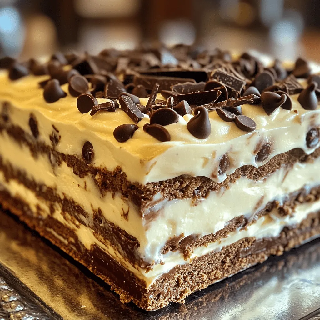 To make the best Mocha Chip Icebox Cake, you need just a few key ingredients. Each one plays an important role in creating this delicious dessert. - 2 cups heavy whipping cream - 1/2 cup powdered sugar - 1 tablespoon instant coffee granules - 1 teaspoon vanilla extract - 2 cups semi-sweet chocolate chips - 1 package (14 ounces) coffee-flavored or chocolate graham crackers - Optional garnish: chocolate shavings or cocoa powder You can find these ingredients at your local grocery store. Heavy whipping cream gives the cake its rich texture. Powdered sugar adds sweetness without grittiness. Instant coffee granules give it that strong coffee flavor. Vanilla extract adds warmth and depth. Semi-sweet chocolate chips bring chocolatey goodness in every bite. The graham crackers are the base that holds everything together. Optional garnishes like chocolate shavings or cocoa powder make it look fancy. These simple ingredients come together to create a delightful no-bake dessert. For the complete recipe, check out Full Recipe. 1. Whipping the Cream: Start by taking a large mixing bowl. Add 2 cups of heavy whipping cream, 1/2 cup of powdered sugar, 1 tablespoon of instant coffee granules, and 1 teaspoon of vanilla extract. With an electric mixer, beat the mixture on medium-high speed. This takes about 3-4 minutes until stiff peaks form. Be careful not to overwhip, as it can turn grainy. 2. Preparing the Base Layer: Grab a 9x13 inch baking dish. Spread a thin layer of the whipped cream mixture at the bottom. This layer keeps the graham crackers from sticking to the dish. 3. Assembling the Layers: Place a single layer of coffee-flavored or chocolate graham crackers on top of the cream. You can break the crackers if needed to fit your dish. Next, take half of the whipped cream mixture and spread it evenly over the graham crackers. Then, sprinkle half of the 2 cups of semi-sweet chocolate chips on top. This gives a nice chocolatey surprise in every bite. 1. Adding the Second Layer of Graham Crackers: Now, place another layer of graham crackers over the chocolate chips. This creates a nice balance of flavors. 2. Topping with the Remaining Whipped Cream and Chips: Spread the remaining whipped cream mixture over this layer. Make sure it’s even. After that, sprinkle the rest of the chocolate chips on top for extra flavor. 3. Sealing the Cake for Chilling: Finally, add one last layer of graham crackers on top. This seals in all the yummy layers below. Cover the dish tightly with plastic wrap. 1. Recommended Chilling Time: Place the baking dish in the refrigerator. Chill for at least 4 hours. For best results, leave it overnight. This allows all the flavors to blend well. 2. Importance of Chilling for Flavor Development: Chilling helps the graham crackers soften and soak up the cream. This makes the cake taste richer and creamier when you serve it. For the complete recipe, check [Full Recipe]. Enjoy making this delightful no-bake dessert! To make smooth whipped cream, avoid overwhipping. When you see soft peaks, stop mixing. You want a light and fluffy texture. Use a medium-high mixer speed. This speed helps the cream whip evenly without turning grainy. When breaking graham crackers, use a sharp knife. This method gives you clean edges. You can also place them in a zip-top bag and crush them gently. For even layers, spread the cream consistently across the crackers. Press down lightly to help the layers stick together. Serve the cake on a nice platter to impress your guests. For a pop of color, add whole chocolate chips or mint leaves by each slice. You can also dust cocoa powder on top for added flair. Chocolate shavings make a lovely garnish, too! {{image_4}} You can switch up the chocolate for a new twist. Dark chocolate chips give a rich taste. White chocolate can add a sweet touch. You might like milk chocolate for a creamier feel. For coffee, try using espresso powder instead of instant coffee. It brings a bold kick. You can also use flavored coffee granules, like hazelnut or vanilla, for a fun twist. If you want a lighter cake, swap heavy cream for Greek yogurt. This cuts calories and adds protein. You can also use a sugar substitute, like stevia, instead of powdered sugar. For a dairy-free option, choose coconut cream. It whips up nicely and adds a tropical flavor. Use dairy-free chocolate chips to keep it all plant-based. For special occasions, add festive garnishes. Use crushed peppermint candies for a holiday feel. In fall, sprinkle cinnamon on top for warmth. You can even add seasonal fruit like berries or sliced bananas for freshness. Adjust flavors to match the season. In winter, try adding a hint of nutmeg. For summer, a splash of orange zest can brighten the dessert. These little changes keep your icebox cake exciting! For the full recipe, check out the Mocha Chip Icebox Cake. To keep your Mocha Chip Icebox Cake fresh, store it in the fridge. Use an airtight container to keep out air and moisture. If you have leftovers, slice the cake before storing. This way, it’s easy to grab a piece when you want a treat. For longer storage, you can freeze the cake. Wrap it tightly in plastic wrap, then place it in a freezer-safe container. This helps prevent freezer burn. When stored in the fridge, the cake lasts about 4 to 5 days. It may still taste good after this, but the texture can change. If you freeze it, the cake can last up to 2 months. Watch for signs that the cake has gone bad. If you see mold or it has an off smell, it’s best to throw it away. If you freeze your cake, thaw it in the fridge overnight. This keeps the texture nice. Before serving, consider refreshing the look. Add a sprinkle of cocoa powder or chocolate shavings on top. You can also place fresh mint leaves beside each slice. These simple touches make your cake look fancy and inviting. You can check the [Full Recipe] for more tips and tricks! You can store Mocha Chip Icebox Cake in the fridge for up to five days. Keep it covered with plastic wrap to keep it fresh. After that, the flavor and texture may start to change. Yes! This cake is perfect for making ahead of time. You can prepare it a day or two before you plan to serve it. Just keep it in the fridge to let the layers meld together. This waiting time enhances the flavors and makes each bite even better. I suggest using instant coffee granules for this recipe. Brands like Nescafé or Starbucks VIA work well. They dissolve easily and give a nice coffee flavor. You can also use espresso powder for a stronger taste if you prefer. Absolutely! Using homemade whipped cream can add a fresh taste. Just make sure you whip it to stiff peaks. Store-bought whipped cream is easy and saves time, but it may not have the same creamy texture as homemade. Yes, you can make this dessert gluten-free. Look for gluten-free graham crackers made from almond flour or rice flour. Brands like Schär or Kinnikinnick offer great options. Just check the package to ensure they are certified gluten-free. For the complete recipe and steps, check out the [Full Recipe]. To make a Mocha Chip Icebox Cake, gather simple yet tasty ingredients. You whip cream, layer graham crackers and chocolate chips, and chill the cake. This helps the flavors blend well. Remember, perfect whipped cream is key. You can get creative with flavors and toppings too. Store leftovers properly to enjoy later. With these tips, you'll impress everyone with your delicious cake. Now, get ready to enjoy a fun treat!