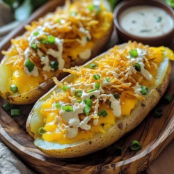 - 4 medium russet potatoes - 1 tablespoon olive oil - Salt and pepper, to taste - 1 cup shredded sharp cheddar cheese - ½ cup sour cream - ¼ cup dill pickle relish - 2 tablespoons ranch seasoning mix - 2 green onions, finely chopped - ¼ cup crispy fried onions (for topping) Pickle Ranch Potato Skins are a delicious snack. You start with russet potatoes. They are sturdy and perfect for baking. I love using medium-sized ones for this recipe. You will need olive oil to help the skin crisp up. Salt and pepper add flavor. Shredded sharp cheddar cheese gives a nice, rich taste. Sour cream adds creaminess, while dill pickle relish brings a zesty kick. The ranch seasoning mix ties it all together. Chopped green onions add freshness, and crispy fried onions provide a fun crunch on top. This mix creates a burst of flavors. Each bite is savory and satisfying. You can see why this recipe is a favorite! For the Full Recipe, just follow the steps to create this tasty treat. Enjoy every crispy, cheesy bite! First, wash the russet potatoes under cold water. Make sure to scrub them well to remove dirt. Using a fork, prick each potato multiple times. This helps steam escape while baking. Preheat your oven to 400°F (200°C). A hot oven is key for great potatoes. Drizzle each potato with olive oil. Make sure they are well coated. Sprinkle salt and pepper on top. Place the potatoes on the middle rack of the oven. Bake them for 45-60 minutes. They should feel soft when pierced with a fork. After baking, take the potatoes out and let them cool for about 10 minutes. Slice each potato in half lengthwise. Use a spoon to scoop out the flesh, leaving about ¼ inch of the skin. This creates a sturdy boat for filling. Season the insides with salt and pepper. Fill each skin with shredded cheddar cheese. Return the filled potato skins to the oven. Bake them for another 10-15 minutes. You want the cheese to melt and bubble. While they bake, mix sour cream, dill pickle relish, and ranch seasoning in a bowl. Once the skins are done, drizzle the ranch pickle sauce on top. Finally, sprinkle green onions and crispy fried onions for crunch. Serve them hot and enjoy! - How to achieve crispy potato skins To get crispy skins, start with good russet potatoes. Bake them until they are soft. After scooping out the flesh, brush the insides lightly with olive oil. This step helps them turn golden and crunchy. Bake them again until the edges get crispy. - Best type of cheese to use I recommend using sharp cheddar cheese. It melts well and adds a strong flavor. You can also try a mix of cheeses. This will add more depth to your potato skins. - Adding spices or herbs for extra flavor You can spice things up with garlic powder or smoked paprika. Fresh herbs like chives or dill can also enhance the taste. Just sprinkle them on before baking for a lovely aroma. - Serving suggestions for an elevated dish Serve your potato skins on a colorful platter. Add a small bowl of ranch pickle sauce for dipping. Garnish with green onions to make them pop. This not only looks nice but makes every bite more fun. For a twist, try adding bacon bits or jalapeños to spice things up! {{image_4}} You can easily switch ingredients to fit your needs. If you want a dairy-free version, use almond or cashew cheese. These options melt well and taste great. For sour cream, try coconut yogurt or a dairy-free sour cream. These will keep your dish creamy without the dairy. Pickles add a nice crunch. You can use sweet pickles or garlic pickles instead of dill relish. You could also use chopped pickled jalapeños for a spicy kick. Each change gives a new twist to the flavor profile. Want to spice things up? Add some crispy bacon bits or diced ham. These meaty choices add a savory punch. You can also mix in cooked sausage for a hearty bite. If you prefer a vegetarian take, load up on veggies. Try chopped bell peppers, mushrooms, or spinach. You can sauté them first for extra flavor. This twist keeps it fresh and vibrant, while still being tasty. For the full recipe, look back at the ingredients and instructions. Enjoy experimenting with these fun ideas! To keep your leftover potato skins fresh, store them in the fridge. Use an airtight container. They stay good for about 3 to 4 days. When you want to eat them again, reheat them in the oven. Preheat the oven to 350°F (175°C). Bake for about 10-15 minutes until they are warm and crispy again. If you want to store them for longer, freezing is an option. Wrap each potato skin in plastic wrap, then place them in a freezer bag. They can last up to 3 months in the freezer. To reheat, thaw them overnight in the fridge. Then, bake them in the oven as mentioned above. Knowing how long each ingredient lasts helps reduce waste. Here’s a quick guide: - Russet potatoes: Last about 2-3 weeks in a cool, dark place. - Olive oil: Should be used within 6 months after opening for best flavor. - Shredded cheddar cheese: Stays good in the fridge for about 1-2 weeks after opening. - Sour cream: Lasts about 1-2 weeks after opening. - Dill pickle relish: Generally good for 1 year when sealed, 1-2 months after opening. - Ranch seasoning mix: Can last up to 2 years if stored in a cool place. - Green onions: Last about 1 week in the fridge. - Crispy fried onions: Should stay fresh for about 1-2 months after opening. By keeping track of your ingredients, you can enjoy your Pickle Ranch Potato Skins without worry. For the full recipe, refer back to the main article. To make potato skins crispy, bake them at a high heat. Start by preheating your oven to 400°F (200°C). Coat the skins with olive oil and season well with salt. Bake them until they are golden brown. You can also broil them for a few minutes at the end. This adds extra crunch. Yes, you can prepare Pickle Ranch Potato Skins ahead of time. Bake the potatoes and scoop out the flesh. Store the skins in the fridge without filling. When ready to eat, fill them and bake until warm. This saves time and makes for an easy snack. Pickle ranch potato skins pair well with various dips and sides. Try serving them with extra ranch dressing or a spicy aioli. You can also add a fresh salad or veggies on the side for balance. This makes for a fun and complete meal. Yes, pickle ranch potato skins can be gluten-free. Use gluten-free ranch seasoning and ensure all ingredients meet gluten-free standards. Most of the listed ingredients, like potatoes and cheese, are naturally gluten-free. Always check labels to be safe. You learned how to make tasty Pickle Ranch Potato Skins using simple ingredients. We covered everything from washing potatoes to baking the perfect skins. Remember, crispy skins and great toppings set your dish apart. Feel free to try new flavors or substitutions for a twist. These potato skins make a fun snack or meal. Enjoy sharing them with friends and family. Now, it’s your turn to create and enjoy this dish!