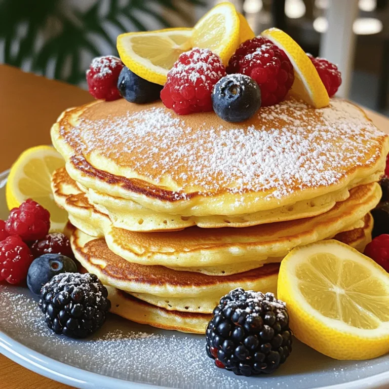 - 1 cup ricotta cheese - 1 cup all-purpose flour - 1/2 cup milk - 2 large eggs - Zest of 1 lemon - 1 tablespoon fresh lemon juice - 2 tablespoons granulated sugar - 1 teaspoon baking powder - 1/2 teaspoon baking soda - 1/4 teaspoon salt - Butter or vegetable oil for cooking When I create lemon ricotta pancakes, I focus on fresh, high-quality ingredients. The ricotta cheese gives the pancakes their fluffy texture. I use all-purpose flour for a light base. Milk adds moisture, while eggs help bind everything together. The lemon zest is a game-changer. It adds bright flavor that shines through. The fresh lemon juice enhances the flavor even more. Granulated sugar balances the tartness, making the pancakes sweet and delightful. For the baking ingredients, baking powder and baking soda work together to make the pancakes rise. A touch of salt brings all the flavors together. I use butter or vegetable oil for cooking. It adds richness and helps achieve a perfect golden crust. With these ingredients, you can create a stack of lemon ricotta pancakes that are fluffy and flavorful. Check out the Full Recipe for the complete steps to bring this dish to life! 1. Start by beating the two large eggs until they become light and frothy. This helps add air and makes the pancakes fluffy. 2. Next, add 1 cup of ricotta cheese, 1/2 cup of milk, 1 tablespoon of fresh lemon juice, and the zest of one lemon to the eggs. Whisk these together until smooth. Ensure there are no lumps left. 1. In a separate bowl, mix together 1 cup of all-purpose flour, 2 tablespoons of granulated sugar, 1 teaspoon of baking powder, 1/2 teaspoon of baking soda, and 1/4 teaspoon of salt. 2. Stir these dry ingredients well. This ensures they blend evenly for the best pancake texture. 1. Preheat a non-stick skillet over medium heat. Lightly grease it with butter or vegetable oil. This keeps the pancakes from sticking. 2. Pour about 1/4 cup of the batter onto the skillet for each pancake. 3. Cook for 2-3 minutes. Look for bubbles to form on the surface. The edges should also appear set. 4. Carefully flip the pancakes using a spatula. Cook for another 2-3 minutes until they turn golden brown. 5. Once cooked, transfer the pancakes to a plate and keep them warm. Repeat with the remaining batter. 6. Serve warm. I love adding a light dusting of powdered sugar and fresh berries for color and flavor. You can check the Full Recipe for more detailed steps. To make fluffy pancakes, avoid overmixing. When you mix the batter, stop as soon as you see no dry flour. A few lumps are okay. This keeps the batter light. Letting the batter rest for about 10 minutes helps too. This allows the flour to hydrate and makes the pancakes fluffier. The right skillet temperature is key. Preheat your skillet over medium heat. Test it by adding a drop of water. If it dances and sizzles, it’s ready. Adjust your cooking time based on the pancake size. Smaller pancakes need less time, while larger ones take longer. Cook until golden brown on both sides. Get creative with how you serve these pancakes. Stack them high and sprinkle with powdered sugar. You can add thin lemon slices on top for a fresh look. Fresh berries add color and flavor. Drizzling maple syrup also enhances the taste and makes them more appealing. Enjoying these pancakes with a touch of art makes breakfast special. {{image_4}} You can enhance your lemon ricotta pancakes in fun ways. Adding blueberries or chocolate chips brings a sweet twist. Blueberries add a burst of flavor, while chocolate chips add richness. Just fold them into your batter right before cooking. You could also use different citrus zest. Lime or orange zest can change the taste nicely. Each zest adds a unique flavor to your pancakes. If you need gluten-free options, swap all-purpose flour for a gluten-free blend. Many good blends work as a one-to-one substitute. For those seeking vegan options, use almond or soy milk instead of regular milk. You can also use plant-based ricotta and flaxseed meal in place of eggs. These changes keep your pancakes tasty while fitting your diet. Serving lemon ricotta pancakes can be a fun adventure. Try topping them with yogurt or whipped cream for extra creaminess. A drizzle of honey or maple syrup adds sweetness. For a savory twist, pair them with smoked salmon. This unique combo creates a standout dish that surprises and delights. You can find the full recipe and explore these ideas further in your kitchen! To keep your lemon ricotta pancakes fresh, store them properly. Place cooled pancakes in an airtight container. They can stay in the fridge for up to three days. If you want to keep them longer, freezing is a great option. Stack pancakes with parchment paper between each to prevent sticking. Wrap the whole stack in plastic wrap and then place it in a freezer bag. These can stay frozen for up to two months. When you're ready to enjoy your leftover pancakes, reheating them is easy. For the best results, use the oven. Preheat your oven to 350°F (175°C). Place the pancakes on a baking sheet and cover them with foil. Heat for about 10 minutes. This method keeps them fluffy and warm. If you're short on time, you can use a microwave. Just heat them in short bursts of 15 seconds. This helps avoid making them rubbery. If you have extra ricotta or lemons, there are many fun ways to use them. You can make a creamy lemon dip by mixing ricotta with lemon juice and zest. This makes a tasty spread for toast. You can also add ricotta to pasta dishes. It adds creaminess and protein. For lemons, use the zest in salad dressings or marinades. Squeeze fresh lemon juice over fish or veggies for a bright flavor. These ideas help reduce waste and add flavor to your meals. For the full recipe, check the details above. To make Lemon Ricotta Pancakes fluffy, you need to focus on mixing. Start by beating your eggs until they are light and frothy. This adds air to the batter. When you mix the wet and dry ingredients, do it gently. Overmixing can make the pancakes dense. Leave a few lumps in the batter for a lighter texture. Also, letting the batter rest for a few minutes helps. This allows the flour to absorb moisture and creates a fluffier pancake. Yes, you can substitute ricotta cheese. Cream cheese is a great choice. It gives a rich taste but is thicker. You can also try cottage cheese. Just blend it until smooth for a similar texture. If you're looking for dairy-free options, silken tofu works well too. It will give a nice creaminess while keeping it plant-based. Use any of these substitutes to keep your pancakes delicious. For Lemon Ricotta Pancakes, I recommend maple syrup. Its sweet flavor complements the lemon zest well. If you want something fruity, try berry syrup. Strawberry or blueberry syrup adds a lovely touch. Honey is another good option. It adds a different sweetness that pairs well with lemon. You can also serve with a dusting of powdered sugar and fresh berries for a colorful plate. These lemon ricotta pancakes are a delightful treat. We covered key ingredients, step-by-step instructions, and helpful tips to achieve fluffy results. Variations offer fun ways to customize your pancakes, whether you're gluten-free or vegan. Plus, I shared storage tips and reheating methods to keep them fresh. Enjoy experimenting with flavors and textures, making this recipe your own. You’ll impress everyone with your cooking skills. Have fun in the kitchen, and enjoy every bite!