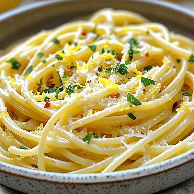 - 300g spaghetti or fettuccine - 3 tablespoons extra virgin olive oil - 4 cloves of garlic, finely minced - 1 cup heavy cream - 1 large lemon (zest and juice) - 1/2 cup freshly grated Parmesan cheese - Sea salt and freshly cracked pepper, to taste - Fresh parsley, finely chopped (for garnish) - Red pepper flakes (optional, for added heat) In this dish, the pasta is the star. I love using spaghetti or fettuccine. Both types capture the creamy sauce well. The extra virgin olive oil gives a rich flavor and helps cook the garlic. Garlic is key, adding a fragrant aroma that makes your kitchen smell amazing. Heavy cream creates that velvety texture. It balances the acidity from the lemon, which brightens the dish. Use a fresh lemon for the best zest and juice. Parmesan cheese adds depth and saltiness, enhancing every bite. Season with sea salt and cracked pepper to taste. They help bring out the flavors. For garnish, fresh parsley adds a pop of color and freshness. If you enjoy heat, sprinkle some red pepper flakes on top. This simple mix of ingredients makes Creamy Lemon Garlic Pasta a true delight. For the full recipe, check out the steps in the next section. Start by filling a large pot with water. Add a good amount of salt to it. Bring the water to a rolling boil. Once boiling, add your spaghetti or fettuccine. Cook according to the package instructions until the pasta is al dente. This means it should be firm but not hard. After cooking, drain the pasta in a colander. Be sure to save 1 cup of the starchy water for later. In a large skillet, pour in the extra virgin olive oil. Set the heat to medium. When the oil is warm, add the minced garlic. Sauté the garlic for about 1-2 minutes. Stir often until it smells great and turns a light golden color. Be careful not to let it brown, as this can make it bitter. Next, reduce the heat to low. Add the heavy cream to the skillet. Stir gently and let it simmer for 2-3 minutes. This will help the sauce thicken slightly. Now, add the lemon zest and juice. Sprinkle in the grated Parmesan cheese. Stir until the cheese melts and the sauce becomes creamy. Now it’s time to mix everything. Add the drained pasta to the skillet with the sauce. Toss the pasta gently so every strand gets coated in the creamy sauce. If the sauce seems too thick, add a splash of the reserved pasta water. This will help adjust the sauce’s consistency. Next, season the dish with sea salt and freshly cracked pepper to your taste. For some extra heat, add red pepper flakes if you like. Serve your pasta hot and garnish with chopped fresh parsley for a pop of color. Enjoy your creamy lemon garlic pasta! To cook pasta well, always use a large pot. Fill it with water and add salt. This helps the pasta taste great. Cook the pasta until it is just firm, known as al dente. This keeps it from being mushy. After cooking, drain it, but save some pasta water. This water can help adjust your sauce later. To avoid a lumpy sauce, stir gently while adding the heavy cream. Heat it slowly and do not let it boil. This keeps the cream smooth. When adding cheese, stir continuously until it melts evenly. If the sauce gets too thick, add a splash of the reserved pasta water to make it creamy again. For extra zest, try adding more lemon zest or juice. This brightens the dish and adds freshness. You can also mix in some herbs like basil or thyme for a new twist. If you want to experiment with cheese, try using goat cheese or ricotta. These cheeses add a unique flavor and can change the dish's texture. You could also use a bit of feta for a salty kick. Each cheese brings a different taste, so don’t be afraid to mix it up. For the full recipe, check the main section. {{image_4}} You can easily add protein to your creamy lemon garlic pasta. Grilled chicken is a great choice. It adds a nice texture and flavor. Simply slice the chicken and mix it in before serving. Shrimp is another tasty option. Cook the shrimp in the same skillet after the garlic. This gives the shrimp a nice garlic flavor too. If you want a vegetarian dish, try sautéed mushrooms. Mushrooms add a nice earthy taste. You can use any kind you like, such as cremini or shiitake. Cook them until they are golden brown and soft before adding them to the pasta. This way, you keep the dish rich and satisfying without meat. You can make this dish lighter with some easy swaps. Use Greek yogurt or cashew cream instead of heavy cream. Both options will give you a creamy texture with fewer calories. If you want a dairy-free version, cashew cream works great. Just blend soaked cashews with a little water until smooth. For those needing gluten-free options, choose gluten-free pasta. Many brands offer pasta made from rice, corn, or lentils. They cook up well and taste great with the creamy sauce. This way, everyone can enjoy this delicious meal, no matter their dietary needs. For the full recipe, check out the instructions above! To keep Creamy Lemon Garlic Pasta fresh, store leftovers in an airtight container. Place the cooled pasta in the fridge within two hours of cooking. It will stay good for about three days. For longer storage, consider freezing it. Use freezer-safe bags or containers. Squeeze out excess air before sealing for best results. The pasta can last up to three months in the freezer. When it's time to eat your leftovers, reheating them properly is key. You can use the microwave, but be careful. Heat it in short bursts of 30 seconds, stirring in between. This helps keep the pasta moist. Another option is to use a skillet. Add a splash of water or chicken broth to the pan. Heat on low, stirring gently until warm. This method helps maintain the pasta's texture. Yes, you can make this dish ahead of time. Here are some best practices for meal prep and storage: - Cook the pasta and sauce separately. - Store the pasta in an airtight container in the fridge. - Keep the sauce in a separate container. - When ready to eat, heat the sauce and mix it with the pasta. - You can also add a splash of pasta water to refresh the sauce. To boost the lemon flavor, follow these tips: - Use fresh lemon juice for a bright taste. - Add lemon zest to the sauce for added zing. - Grate the zest finely to mix well with the cream. - Adjust the amount based on your taste preference. This dish pairs well with a variety of sides. Consider these options: - A simple green salad with a light dressing. - Garlic bread for a crunchy addition. - Roasted vegetables for a healthy side. - Steamed asparagus or broccoli adds color and nutrition. Exploring these sides can make your meal even more delightful! Feel free to check out the Full Recipe for more details. In this blog post, we explored the heart of making creamy lemon garlic pasta. We covered ingredients, step-by-step cooking, and tips for the best results. You learned how to store your leftovers and even enhance flavors. Remember to try different proteins or pasta types for fun variations. This dish is flexible, making it great for any meal. Enjoy your cooking adventure, and have fun with flavors!