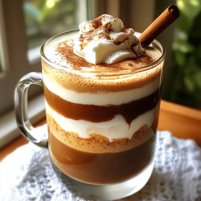 - 1 cup freshly brewed chai tea - 1/2 cup milk (dairy or plant-based) - 1 shot of espresso or strong brewed coffee To make a great Dirty Chai Latte, you need a few key ingredients. First, brew your chai tea. This gives the drink its warm and spicy base. Choose between tea bags or loose leaf, depending on what you have. Next, select your milk. You can use regular dairy milk or any plant-based alternative, like almond or oat milk. Finally, add a shot of espresso or strong coffee for that extra kick. This blend of tea and coffee makes the drink “dirty,” which is part of its charm. - Honey or maple syrup (for sweetness) - Ground cinnamon, ginger, cardamom, and black pepper To elevate the taste of your Dirty Chai Latte, add flavor enhancers. A tablespoon of honey or maple syrup will sweeten the drink. You can adjust this based on your taste. Then, mix in spices like ground cinnamon, ginger, cardamom, and a pinch of black pepper. These spices add warmth and depth, making every sip delightful. - Whipped cream for topping - Cocoa powder or additional ground cinnamon for garnish For a special touch, consider optional garnishes. A swirl of whipped cream on top makes the drink feel extra indulgent. You can also sprinkle cocoa powder or more ground cinnamon for a beautiful finish. These garnishes not only look great but also add extra flavor to your Dirty Chai Latte. For the full recipe, check out Dirty Chai Latte Delight. To brew chai tea, start with your tea bags or loose leaf. If you use tea bags, steep one bag in one cup of boiling water. Wait about 5 minutes. This gives the tea time to release its full flavor. If you prefer loose leaf, take 2 tablespoons and steep them in boiling water for the same time. This method makes the chai bold and tasty. Next, you need to make a shot of espresso or strong coffee. For espresso, use an espresso machine or a stovetop moka pot. Pack the coffee grounds tightly and brew. If you choose strong coffee, use a French press or drip method with a dark roast. Aim for about 1/4 cup. This adds a rich kick to your drink. Now, it’s time to mix everything. In a large mug, pour the brewed chai tea and the espresso. Then, add 1/2 cup of warm milk. You can heat the milk gently in a pot, but don't let it boil. Whisk or froth the milk until it’s light and airy. Next, stir in 1 tablespoon of honey or maple syrup, plus 1/2 teaspoon of ground cinnamon, 1/4 teaspoon of ground ginger, 1/4 teaspoon of ground cardamom, and a pinch of black pepper. Mix well to combine all the flavors. Finish by adding a swirl of whipped cream on top if you like. Dust with cocoa powder or cinnamon for a pretty look. Enjoy your Dirty Chai Latte Delight with its warm spices and rich coffee flavor! For the complete recipe, check the Full Recipe section. To make a great foam, start with cold milk. Cold milk froths better than warm milk. Use a milk frother or a whisk. If you don’t have a frother, whisk the milk in a bowl. Whisk quickly to add air. Froth until the milk is light and fluffy. This adds a nice texture to your Dirty Chai Latte. You can change the sweetness to fit your taste. If you like it sweeter, add more honey or maple syrup. Start with one tablespoon and taste. For spice, you can increase the cinnamon and ginger. If you want a bolder flavor, add more ground cardamom or black pepper. Experiment until you find what you love. Presentation matters for your Dirty Chai Latte. Use a clear glass to show off the layers. This makes it look fancy and fun. You can also add a cinnamon stick as a stirrer. For a special touch, sprinkle cocoa powder or cinnamon on top. Whipped cream adds extra richness and charm. Enjoy the visual delight as much as the taste! {{image_4}} To make a vegan dirty chai latte, simply swap the milk. Use almond, oat, or coconut milk. These options add their own unique flavor. For sweetness, stick with maple syrup. It blends well with spices. Follow the same steps as the full recipe. You will still enjoy that rich, creamy taste without dairy. If you want a sugar-free dirty chai latte, try using stevia or erythritol. Both options offer sweetness without calories. Use the same amount as honey or maple syrup. It’s important to taste as you mix. This way, you can adjust until it suits your taste. The spices will still shine through, keeping your drink flavorful. You can change your dirty chai latte for the seasons. In fall, add pumpkin spice for a cozy twist. Mix in one tablespoon of pumpkin puree and a dash of nutmeg. In winter, try peppermint extract for a refreshing touch. Just a few drops will do. These variations keep your drink exciting and fun all year long! To keep your Dirty Chai Latte fresh, store it in an airtight container. Use a glass jar or a sturdy plastic container. Make sure it cools to room temperature before sealing. This helps maintain its flavor and texture. If you have leftover ingredients, like spices or brewed chai, store them separately. Keep spices in a cool, dark place, away from moisture. When it's time to enjoy your leftover Dirty Chai Latte, gently reheat it. Pour it into a small saucepan over low heat. Stir often to prevent burning. You want it warm, not boiling. If you prefer, you can use a microwave. Heat it in short bursts, stirring in between. This way, you keep the taste just right. Knowing how long your ingredients last is key. Here’s a quick guide: - Chai tea: Lasts about 6 months if stored properly. - Milk: Use within 5-7 days after opening. - Espresso/coffee: Brewed coffee stays fresh for about 3 days in the fridge. - Spices: Ground spices last up to 2-3 years if kept dry and cool. - Honey/maple syrup: Both can last indefinitely when stored in a pantry. With this knowledge, you can enjoy your Dirty Chai Latte and its ingredients to the fullest! For the full recipe, refer to the earlier sections. A Dirty Chai Latte blends chai tea and espresso. This drink has a rich, spicy flavor. Regular chai lattes use only chai tea and milk. They are great, but the espresso adds a bold kick. This mix of flavors makes it special and unique. You get warmth from the spices and a caffeine boost from the coffee. It’s like a hug in a mug! Yes, you can use many milk options. Dairy milk works well for a creamy texture. Plant-based milks, like almond or oat, are tasty too. I recommend unsweetened versions to keep control over sweetness. Each milk gives a different taste, so pick what you love. If you want a frothy effect, whole milk or oat milk froth nicely. A Dirty Chai Latte offers several health benefits. Chai tea has antioxidants that may boost your health. The spices, like ginger and cardamom, aid digestion. Espresso provides an energy lift and can improve focus. Honey or maple syrup adds natural sweetness without refined sugars. This drink can be both comforting and energizing. Enjoy it as a treat that nourishes your body. Making a Dirty Chai Latte is simple and fun. We've covered the key ingredients, from the brewed chai to the espresso. You can spice up your drink with flavor enhancers like cinnamon and honey. I shared steps to brew, combine, and perfect your latte. You can also try vegan or seasonal twists. Remember to store leftovers correctly for the best taste. Enjoy experimenting with this cozy drink. It’s a delightful mix of flavors that warms the heart.