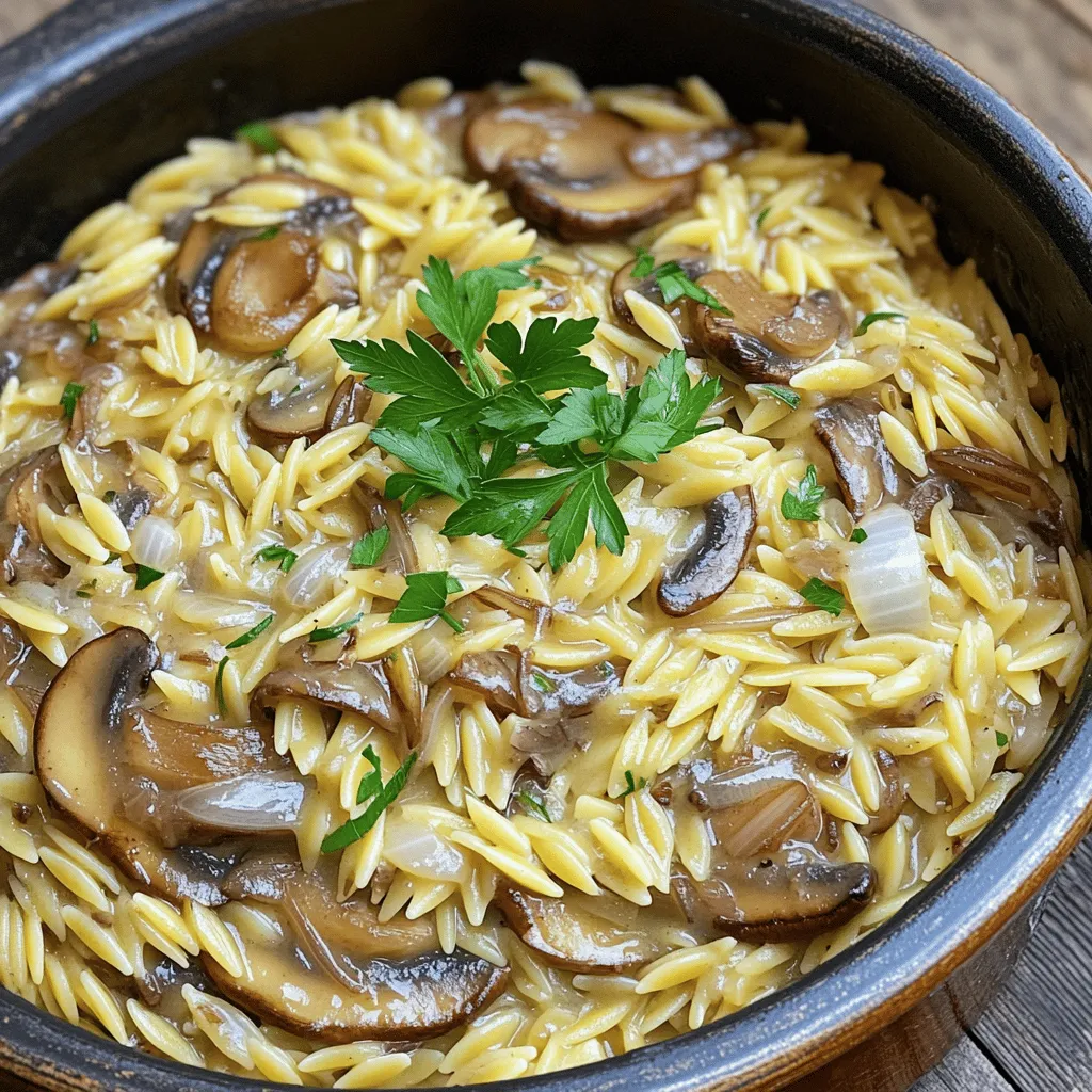 To create a tasty One Pot Creamy Mushroom Orzo, you'll need these key ingredients: - 1 cup orzo pasta - 2 tablespoons olive oil - 1 medium onion, finely chopped - 3 cloves garlic, minced - 8 oz (about 225g) cremini mushrooms, sliced - 4 cups vegetable broth - 1 teaspoon dried thyme - 1 teaspoon dried basil - ½ cup heavy cream - ¼ cup grated Parmesan cheese - Salt and pepper to taste - Fresh parsley, chopped (for garnish) These ingredients blend together to make a rich, creamy dish that feels comforting. You can add or switch out some ingredients based on your taste: - Use other mushrooms like shiitake or button for different flavors. - Swap heavy cream with coconut cream for a dairy-free option. - Choose nutritional yeast instead of Parmesan for a vegan dish. - Add spinach or peas for extra color and nutrients. Feel free to mix and match to make this dish your own. When preparing your ingredients, remember these tips: - Chop your onion and garlic finely for even cooking. - Slice mushrooms evenly to ensure they cook at the same rate. - Measure out your broth before you start cooking, so it’s ready when needed. - If you want a thicker sauce, use less broth. For a thinner sauce, add more. Having everything ready makes cooking smooth and fun. For the full recipe, check out the details above. Enjoy your cooking! 1. Heat olive oil in a large pot over medium heat. Wait until it shimmers. 2. Add finely chopped onion. Sauté for 3-4 minutes until soft and clear. 3. Stir in minced garlic and sliced cremini mushrooms. Cook for 5-6 minutes. 4. Mix in orzo pasta, making sure it blends well with onions and mushrooms. 5. Pour in vegetable broth and add dried thyme and basil. Bring to a boil. 6. Lower the heat, cover the pot, and let it simmer for 10-12 minutes. 7. Stir occasionally until orzo is al dente and most liquid is gone. 8. Remove from heat and mix in heavy cream and Parmesan cheese. 9. Season with salt and pepper to taste. Add more broth if too thick. 10. Serve hot, garnished with fresh parsley for added flavor. - Use a big pot to give orzo room to cook evenly. - Stir often to prevent sticking. - Keep an eye on the liquid. If it runs low, add more broth. - Test the orzo a minute or two before the time is up. - Prep all ingredients before starting to cook. - Measure out the orzo and broth ahead of time. - While the onions cook, slice mushrooms and mince garlic. - This way, you save time and keep things moving smoothly. For the complete recipe, check out the [Full Recipe]. One common mistake is overcooking the orzo. This can make it mushy. To prevent this, always check the cooking time. Keep an eye on your pot. Stir often to keep it from sticking. Another mistake is not adding enough liquid. Orzo absorbs a lot of broth. If it looks dry, add more broth as needed. Herbs and spices can change your dish. I love using dried thyme and basil for warmth. For a fresh twist, try adding parsley at the end. You can also experiment with a pinch of red pepper flakes for heat. A squeeze of lemon juice right before serving can brighten the dish. Don’t forget to taste as you go! You can make this dish healthier with small swaps. Use whole grain orzo for more fiber. If you want a lighter dish, replace heavy cream with almond milk. You can also add more vegetables. Try spinach or peas for added nutrition. For protein, consider adding cooked chicken or chickpeas for a boost. Check the [Full Recipe] for more ideas on ingredient adjustments. {{image_4}} If you want to make this dish vegetarian, simply skip the meat. The base of sautéed mushrooms, onions, and garlic is full of flavor. For a vegan option, replace heavy cream with coconut cream or cashew cream. Nutritional yeast gives a cheesy taste without dairy. You can also add more vegetables for extra nutrients. Spinach or kale works great here. Adding protein can make this meal more filling. If you love chicken, cook diced pieces in the pot first. Then, add onions and follow the steps. For a smoky flavor, use sausage instead. Cook it with onions until it’s browned. Tofu is a great meat substitute. Press and cube it, then sauté with the mushrooms. All these options fit well into the creamy mix. Feel free to get creative with your add-ins. Broccoli, peas, or bell peppers can brighten the dish. Just chop them small and add them when you add the orzo. For cheese lovers, try different types of cheese. Goat cheese or feta can add a tangy flavor. You can also mix in some cooked spinach or sun-dried tomatoes for extra taste. Explore combinations that excite your palate! To keep your One Pot Creamy Mushroom Orzo fresh, you should store it in an airtight container. Let it cool down to room temperature before sealing. This helps prevent condensation, which can make the dish soggy. Store it in the fridge for up to three days. If you want to keep it longer, freezing is a great option. When you're ready to enjoy your leftovers, gently reheat your orzo on the stove. Add a splash of vegetable broth or water to keep it creamy. Stir it often over low heat until it's warm. You can also use the microwave; just cover the dish with a damp paper towel. Heat in short bursts, stirring in between to avoid hot spots. If you want to freeze your One Pot Creamy Mushroom Orzo, use a freezer-safe container. Make sure to leave some space for expansion. It can last in the freezer for up to three months. When you’re ready to eat it, thaw it in the fridge overnight. Reheat it slowly on the stove, adding a little broth if needed. This way, your dish stays delicious and creamy. Check out the Full Recipe for more details! Yes, you can use other types of pasta! I suggest using small shapes like ditalini or shells. These shapes will cook well and absorb flavors nicely. Just keep an eye on the cooking time, as different pastas require different times. If you want a lighter option, use half-and-half or milk. For a dairy-free choice, try coconut cream or cashew cream. Both will add creaminess without dairy. You might notice a slight change in flavor, but it will still be tasty. To make this dish gluten-free, use gluten-free orzo. Many brands offer great substitutes. Always check the label to ensure it meets your needs. Cooking times may vary slightly, so check the pasta as it cooks. Absolutely! This dish stores well in the fridge. Just make sure to cool it down before putting it in containers. When you're ready to eat, reheat it gently on the stove or in the microwave. Add a splash of broth if it looks dry. For the full recipe, check out the details above! This blog post covered how to make One Pot Creamy Mushroom Orzo. We discussed essential and optional ingredients, preparation tips, and how to cook orzo perfectly. You also learned common mistakes to avoid and ways to enhance flavor. In summary, cooking this dish is simple and fun. With a few easy tweaks, you can adapt it to fit your diet. I hope you feel inspired to create your own version of this tasty meal!