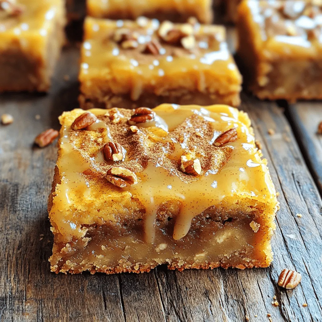 To make your cinnamon roll blondies, you will need: - 1 cup unsalted butter, melted - 1 cup packed brown sugar - 1/2 cup granulated sugar - 2 large eggs - 2 teaspoons vanilla extract - 2 cups all-purpose flour - 1 teaspoon baking powder - 1/2 teaspoon baking soda - 1/2 teaspoon salt - 2 teaspoons ground cinnamon - 1/2 cup chopped pecans (optional) These ingredients come together to create a rich and soft base. The melted butter gives a nice depth of flavor. The brown sugar adds moisture and sweetness. Eggs help bind everything, while the baking powder and soda give the blondies a lovely lift. To top your blondies with a sweet glaze, you will need: - 1 cup powdered sugar - 2 tablespoons milk - 1/2 teaspoon vanilla extract - 1/2 teaspoon ground cinnamon The glaze is simple yet adds a delightful finish. Powdered sugar gives it that nice sweetness. Milk helps to create a smooth texture. Vanilla and cinnamon add that classic flavor we all love. Feel free to get creative! Here are some fun ideas: - Chopped nuts like walnuts or almonds - Mini chocolate chips for a sweet twist - A sprinkle of sea salt for contrast - A dusting of extra cinnamon on top These add-ins can enhance the flavor and texture of your blondies. Don’t be afraid to mix and match! You can find more details in the [Full Recipe]. Start by preheating your oven to 350°F (175°C). Grab a 9x13-inch baking pan. Lightly grease it with butter or cooking spray. Line the bottom with parchment paper. Let some paper hang over the edges. This helps you lift the blondies out later. In a large bowl, mix 1 cup of melted butter, 1 cup of brown sugar, and 1/2 cup of granulated sugar. Use a whisk to blend until smooth. Add 2 large eggs one at a time. Mix well after each egg. Then, pour in 2 teaspoons of vanilla extract and stir until combined. In another bowl, combine 2 cups of all-purpose flour, 1 teaspoon of baking powder, 1/2 teaspoon of baking soda, 1/2 teaspoon of salt, and 2 teaspoons of ground cinnamon. Whisk these dry ingredients together. Gradually add the dry mix to the wet mix. Stir gently until combined. If you want nuts, fold in 1/2 cup of chopped pecans now. Pour the blondie batter into your prepared pan. Spread it evenly with a spatula. For the cinnamon swirl, mix 1 tablespoon of cinnamon with 3 tablespoons of brown sugar. Sprinkle this over the batter. Use a knife or skewer to swirl it gently. Don't overdo it; you want pretty marbled patterns. Now you're ready to bake! Follow the full recipe for the next steps, as your blondies will be warm and gooey. Enjoy the sweet, cinnamon aroma filling your kitchen! To get soft and chewy blondies, don’t overmix the batter. Mix just until you see no flour. This keeps the texture light. Bake until a toothpick comes out clean, but not too long. If you bake too long, they become dry. If you want less sweetness, cut back on the granulated sugar. You can also add a pinch of salt to balance flavors. For a richer taste, swap some brown sugar with maple syrup. This adds a unique twist. Serve these blondies warm, drizzled with the cinnamon glaze. They are great with a scoop of vanilla ice cream. For a fun twist, pair them with coffee or tea. You can also sprinkle extra cinnamon or chopped nuts on top for a nice touch. For the full recipe, check out the detailed instructions above! {{image_4}} You can easily change the taste of your cinnamon roll blondies. Add a pinch of nutmeg for warmth. Try mixing in some chocolate chips for a sweet twist. A splash of maple syrup gives a rich flavor. You can also use different nuts, like walnuts or almonds. Each option makes your blondies unique and fun. Want to make these blondies gluten-free? Use almond flour or a gluten-free blend instead of all-purpose flour. For a vegan version, replace the butter with coconut oil. You can use flax eggs instead of regular eggs. These swaps keep the blondies tasty and kind for everyone. Toppings can take your blondies to a new level. Try a cream cheese frosting for a creamy touch. You can sprinkle chopped fruits, like apples or bananas, on top. For a crunchy finish, add crushed graham crackers or caramel bits. Each topping adds charm and flavor, making them extra special. Check out the Full Recipe for more ideas! To keep your cinnamon roll blondies fresh, store them in an airtight container. Use parchment paper between layers to prevent sticking. Keep them at room temperature for up to three days. For longer storage, refrigerate them. This helps maintain their soft texture. If you want to enjoy them later, freezing is a great option. To reheat your blondies, preheat your oven to 350°F. Place the blondies on a baking sheet. Cover them with foil to keep them moist. Heat for about 10 minutes. You can also use the microwave. Heat them for 10-15 seconds to warm them up. Avoid overheating, or they may become dry. To freeze cinnamon roll blondies, first cool them completely. Cut them into squares. Wrap each piece tightly in plastic wrap. Then, place the wrapped blondies in a freezer bag. They can stay frozen for up to three months. When ready to eat, thaw them in the fridge overnight. Enjoy them at room temperature or reheat as desired. For the full recipe, refer to the earlier section. Cinnamon roll blondies are delicious treats that blend soft blondie dough with cinnamon swirls. They are chewy, sweet, and have a warm flavor. You can enjoy them warm or cool. The cinnamon glaze adds the perfect touch of sweetness. Yes, you can easily make these blondies without nuts. Just skip the chopped pecans in the recipe. The blondies will still taste great. You can also add other fun mix-ins, like chocolate chips or dried fruit. To keep your blondies moist, do not overbake them. Check for doneness around 25 minutes. The toothpick should come out with a few crumbs but not wet batter. Also, let them cool in the pan for at least 10 minutes before transferring them. Cinnamon roll blondies stay fresh for about 3-4 days at room temperature. Store them in an airtight container to keep them soft. If you want to keep them longer, you can freeze them. Yes, you can prepare the batter in advance. Mix the wet and dry ingredients separately, then combine them before baking. You can store the batter in the fridge for up to 24 hours. Just remember to let it come to room temperature before baking. For the full recipe, check out the [Full Recipe]. Cinnamon roll blondies are a sweet treat worth trying. We covered ingredients and how to make them. You learned tips for the best texture and flavor. I shared storage tips for lasting freshness and creative variations. Enjoy these blondies warm or iced with glaze. You can customize them to fit your taste. Make them for a fun dessert or snack. With these easy steps, you’ll impress your friends and family. Happy baking!